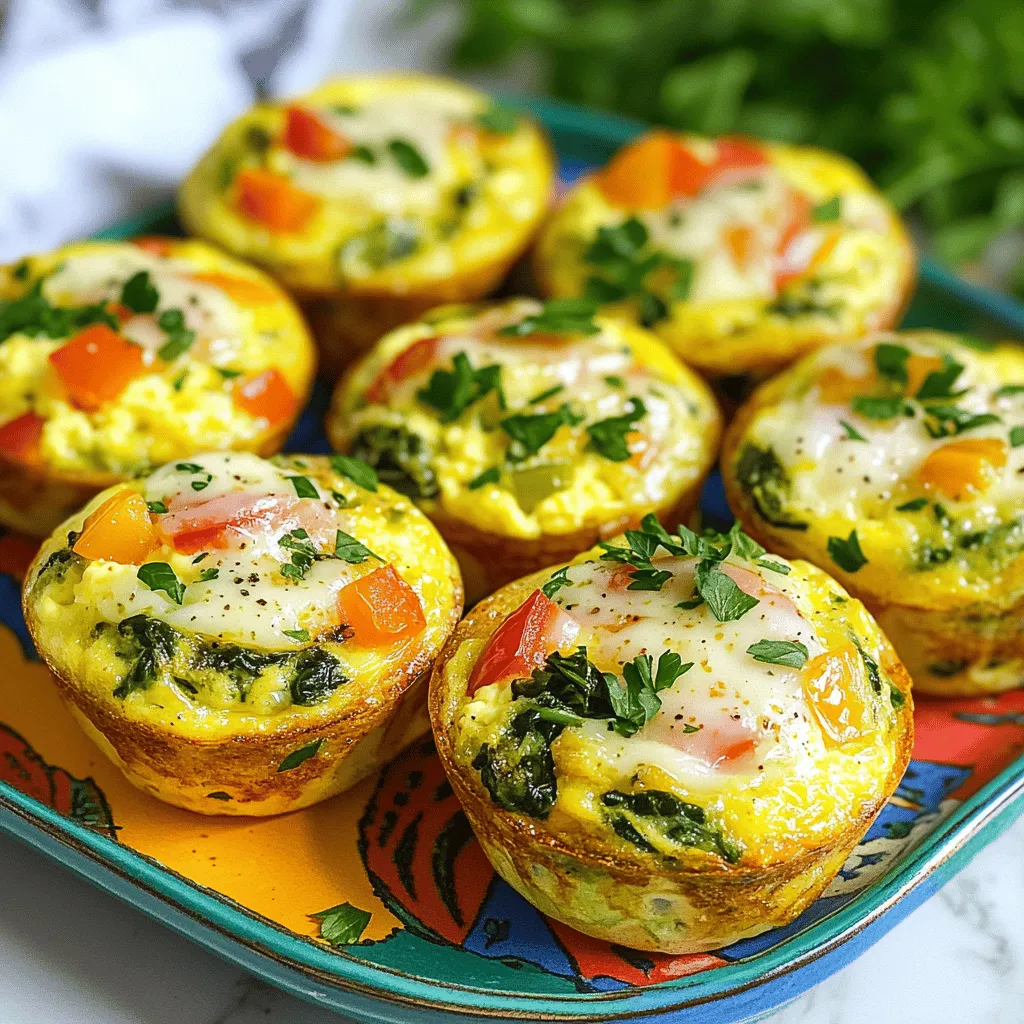 To make Easy Breakfast Egg Muffins, you will need a few simple ingredients. Here’s what you should gather: - 6 large eggs - 1/2 cup milk (dairy or non-dairy) - 1 cup spinach, chopped - 1/2 bell pepper, diced (any color) - 1/2 cup diced tomatoes (fresh or canned) - 1/4 cup onion, finely chopped - 1/2 cup shredded cheese (cheddar, mozzarella, or a blend) - Salt and pepper to taste - Optional: cooked sausage or bacon bits (vegetarian options available) These ingredients create a delightful mix of flavors and textures. The eggs form the base, while the veggies add color and nutrition. The cheese gives a creamy touch that ties everything together. You can mix and match veggies based on your taste. I love using spinach and bell peppers, but feel free to experiment! Also, if you have leftovers from meals, toss them in for added flavor. This recipe is all about flexibility. You can make it your own! Remember, you can find the full recipe in the earlier sections. - Preheat oven to 375°F (190°C) and prepare muffin tin. Grease it or use liners to prevent sticking. - In a large bowl, whisk together the eggs and milk. Mix until smooth and fluffy. - Add in the chopped spinach, diced bell pepper, diced tomatoes, onion, and cheese to the egg mixture. Stir well so all the veggies and cheese are mixed in. - Season with salt and pepper to taste. If you want, fold in cooked sausage or bacon bits now. - Carefully pour the egg mixture into the prepared muffin tin. Fill each cup about 3/4 full to allow room for rising. - Bake in the preheated oven for 20-25 minutes. They are done when the tops are golden and the eggs are set. - Once baked, remove the tin from the oven. Let the egg muffins cool for a few minutes. Use a knife to loosen them, then take them out of the tin. You can find the Full Recipe above. To make the best egg muffins, whisk your eggs until fluffy. This creates a light texture that makes every bite enjoyable. Be mindful of your oven's cooking time; some ovens cook hotter or cooler than others. If your muffins are golden before the time is up, check them early. Using silicone muffin liners helps remove the muffins easily without sticking. They are a great option for easy cleanup. Store any leftovers in an airtight container. This keeps them fresh and tasty. I recommend using them within three to four days. This way, you can enjoy your egg muffins at their best. When you reheat your egg muffins, the best methods are the oven or microwave. For the oven, heat it to 350°F (175°C). Place the muffins on a baking sheet for about 10 minutes. If using a microwave, heat for 30 seconds to 1 minute. This keeps the taste and texture just right. {{image_2}} You can change the taste of your egg muffins by using different vegetables. Here are some ideas: - Broccoli: Adds crunch and flavor. - Zucchini: Keeps muffins moist and adds nutrients. - Mushrooms: Brings an earthy taste to your muffins. - Carrots: Sweet and colorful, they make a great addition. Next, let’s talk about cheese. You can try different types for unique flavors: - Feta: Adds a tangy kick to your muffins. - Swiss: Melts beautifully and has a nutty taste. - Pepper Jack: Gives a spicy twist if you like heat. Finally, adding spices can make your muffins stand out. Consider these options: - Paprika: Adds warmth and color. - Garlic powder: Gives a savory boost. - Cumin: Adds a rich flavor that is hard to resist. You can also make egg muffins to fit special diets. For gluten-free options, simply use gluten-free sausage or skip the meat. You can still enjoy all the flavors! For a dairy-free version, swap the milk for a non-dairy alternative like almond or oat milk. You can also use dairy-free cheese. If you want a vegan option, replace the eggs with a mixture of ground flaxseed and water. Use 1 tablespoon of ground flaxseed mixed with 2.5 tablespoons of water for each egg. Add your favorite vegetables and seasonings. This way, everyone can enjoy these tasty muffins! Feel free to check the Full Recipe for more details. You can serve your egg muffins warm or cold. Warm muffins taste great right out of the oven. Cold muffins are perfect for meal prep. I like to place them on a bright platter. It makes the colors pop! For garnishes, fresh herbs like parsley or chives work well. They add color and a nice touch of flavor. You can also drizzle a bit of hot sauce on top for a kick. Pair your egg muffins with fruit, toast, or yogurt. They go well with a fresh salad too. These combinations make for a complete breakfast that is both tasty and filling. Preparing egg muffins for the week is easy. You can make a batch on Sunday and enjoy them all week. Just follow the recipe and store them in the fridge. To freeze, let them cool first. Place muffins in a freezer bag or container. They can last up to three months in the freezer. To thaw, remove a muffin from the freezer. Place it in the fridge overnight. You can also microwave it for a quick meal. Just heat it for 30 seconds to a minute. Enjoy your delicious, easy breakfast every day! For the full recipe, check out the Easy Breakfast Egg Muffins. How do you store egg muffins? I store egg muffins in an airtight container. This keeps them fresh. You can keep them in the fridge for up to five days. Can you make these egg muffins ahead of time? Yes, you can make these egg muffins ahead. Simply bake them, cool, and store. This saves time on busy mornings. What is the best way to reheat egg muffins? The best way to reheat is in a microwave. Heat for about 30 seconds. You can also use an oven at 350°F (175°C) for 10-15 minutes. Can I use egg substitutes in this recipe? Yes, you can use egg substitutes like flaxseed meal or silken tofu. They work well in muffins and keep the texture light. What other herbs or spices can enhance the flavor? You can add herbs like basil, oregano, or thyme. Spices like paprika or garlic powder also work great. Experiment to find your favorites! Caloric content and nutritional breakdown per serving Each egg muffin has about 100 calories. It contains protein, healthy fats, and fiber. The exact numbers may vary based on added ingredients. For the full recipe, check the details provided. We covered how to make tasty egg muffins that are easy and fun. You learned about the best ingredients and step-by-step instructions. I shared tips for perfecting your muffins and offered tasty variations to explore. Meal prep ideas help you enjoy these any time. Remember, you can tweak this recipe to fit your taste and needs. These muffins are a simple way to enjoy healthy meals. Try making them, and you'll see how great they are.
