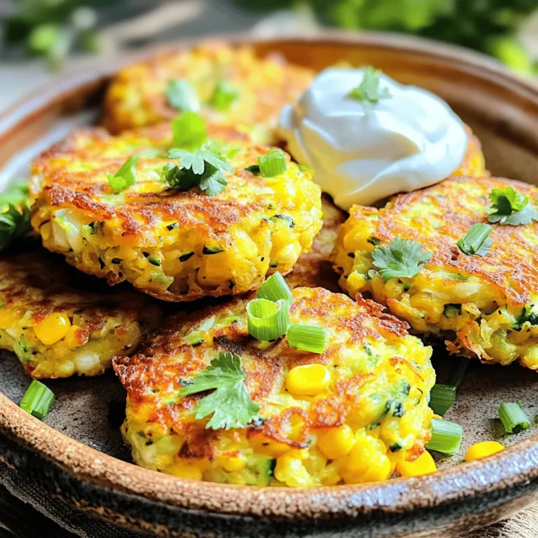 To make delicious zucchini corn fritters, gather these simple ingredients: - 2 medium zucchinis, grated - 1 cup sweet corn (fresh, canned, or frozen) - 1/2 cup all-purpose flour - 1/4 cup cornmeal - 2 large eggs - 1/4 cup green onions, finely chopped - 1 teaspoon garlic powder - 1 teaspoon onion powder - 1/2 teaspoon paprika - Salt and pepper to taste - Olive oil for frying - Optional: fresh cilantro or parsley for garnish These ingredients work together to create a tasty and crispy fritter. The zucchini and corn give it a sweet taste, while the spices add flavor. The flour and cornmeal help bind the mixture, ensuring your fritters hold their shape. Using fresh ingredients makes a big difference. I always prefer freshly grated zucchini and sweet corn when available. This helps the fritters taste better. Don't forget to check out the Full Recipe for detailed instructions on how to make these fritters come to life! Grating and Moisture Removal Start by grating the zucchinis with a box grater. Use medium-sized zucchinis for the best texture. After grating, place the zucchini in a clean kitchen towel. Squeeze the towel tightly to remove excess moisture. This is key for crispy fritters. If you skip this step, your fritters may turn out soggy. Combining Ingredients In a large mixing bowl, combine your drained zucchini with sweet corn. You can use fresh, canned, or frozen corn. Add all-purpose flour, cornmeal, and eggs to the bowl. Toss in chopped green onions, garlic powder, onion powder, paprika, salt, and pepper. Mix everything until it is well combined. Your batter should be thick and sticky. Heating the Skillet Heat a non-stick skillet over medium heat. Add enough olive oil to coat the bottom of the pan lightly. This helps the fritters fry evenly and get golden brown. Frying Process Once the oil is hot, scoop about 1/4 cup of the fritter mixture onto the skillet. Flatten each scoop slightly with a spatula. Cook for about 3-4 minutes on each side. Watch for a golden color to know they are done. If they brown too fast, lower the heat a bit. Draining Excess Oil Once the fritters are cooked, transfer them to a plate lined with paper towels. This step helps absorb any excess oil. It makes them less greasy and more enjoyable. Garnishing Options Serve the fritters warm. You can garnish them with fresh cilantro or parsley for a nice pop of color. They pair perfectly with sour cream or a zesty avocado sauce. These simple additions elevate the dish even more. For the full recipe, refer to the [Full Recipe]. Importance of Moisture Removal To get crispy fritters, you must remove excess moisture from the zucchini. Grating the zucchini is just the first step. After grating, use a clean kitchen towel to squeeze out as much water as you can. This simple step makes all the difference. Wet fritters become soggy and won’t crisp up well. Adjusting Cooking Temperature Cooking temperature is key. If the pan is too hot, the fritters burn outside but stay raw inside. If it's too low, they soak up oil and become greasy. I recommend medium heat. This allows the fritters to cook evenly and turn golden brown. Pay attention while frying. Adjust the heat as needed to keep them from burning. Adding Herbs or Spices You can easily boost the flavor of your fritters. Try adding fresh herbs like cilantro or parsley. These add a fresh taste and color. You can also use spices like cumin or chili powder for a kick. Experiment with flavors to find what you enjoy most. Serving Suggestions Serve your fritters warm for the best taste. They go great with a dollop of sour cream or yogurt. For a twist, try a zesty avocado sauce. This adds creaminess and a bright flavor. You can also serve them alongside a fresh salad for a light meal. Recommended Frying Pan A non-stick skillet works best for frying these fritters. It helps prevent sticking and makes flipping easier. If you don’t have non-stick, use a well-seasoned cast iron pan. Both options help achieve that perfect golden crust. Tools for Grating and Mixing For grating zucchini, a box grater is perfect. It gives you nice, even shreds. You will also need a large mixing bowl to combine all the ingredients. A sturdy spatula helps mix everything well, ensuring all the flavors blend. For the best results, keep your tools handy and clean to make cooking smooth. {{image_2}} To make your zucchini corn fritters gluten-free, you can substitute the all-purpose flour. Use a gluten-free flour blend instead. This will keep the fritters light and crispy. You can also use almond flour or chickpea flour for added flavor and texture. Cornmeal is a great choice too, as it adds crunch. If you want to make these fritters vegan, you can replace the eggs with flaxseed meal. Mix one tablespoon of flaxseed meal with three tablespoons of water. Let it sit for about five minutes until it thickens. You can also use unsweetened applesauce as a binder; about 1/4 cup should work well. Adding cheese can elevate your fritters. A sharp cheddar or feta cheese adds great taste. Mix in about 1/2 cup of grated cheese to the batter. You can also incorporate different vegetables like grated carrots or bell peppers for extra flavor and color. Each adds a unique twist to the base recipe. For the full recipe, check out the detailed steps above. After you enjoy your zucchini corn fritters, store any leftovers for later. Here’s how to do it right: - Refrigeration Tips: Place the fritters in an airtight container. They can last up to three days in the fridge. If you want to keep them crispy, place a paper towel in the container. This helps absorb moisture. - Best Practices for Freezing: If you want to freeze them, layer the fritters with parchment paper in a freezer-safe bag. They freeze well for up to three months. When you’re ready to eat, thaw overnight in the fridge before reheating. To enjoy your fritters again, follow these simple steps: - Methods for Best Results: The best way to reheat fritters is on the stove. Heat a non-stick skillet over medium heat. Add a little olive oil and cook for about two minutes on each side. This keeps them nice and crispy. - Avoiding Sogginess: To keep them from getting soggy, avoid using the microwave. The microwave steams them and removes their crunch. Always opt for stovetop reheating for the best texture. Now you can enjoy your delicious zucchini corn fritters any time! To make zucchini corn fritters, start with simple steps. First, grate two medium zucchinis and squeeze out moisture. This step helps the fritters stay crispy. Next, combine the zucchini with one cup of sweet corn, half a cup of flour, and a quarter cup of cornmeal. Add two large eggs, a quarter cup of chopped green onions, garlic powder, onion powder, paprika, salt, and pepper. Mix until well-blended. Heat olive oil in a skillet over medium heat. Scoop about a quarter cup of the mixture for each fritter. Cook for 3-4 minutes on each side. This quick recipe will give you crispy and tasty fritters. You can find the full recipe at the beginning of this article. Yes, you can bake zucchini corn fritters. Preheat your oven to 400°F (200°C). Line a baking sheet with parchment paper. Shape the fritters and place them on the sheet. Brush the tops lightly with olive oil for a golden finish. Bake for about 20-25 minutes or until they are crisp and golden brown. Baking is a healthier option and still gives great results. Zucchini corn fritters pair well with many side dishes. Consider serving them with a dollop of sour cream or Greek yogurt. A zesty avocado sauce adds a nice touch too. You can also serve them with a fresh salad for a balanced meal. Try adding a side of salsa for a fun flavor kick. These options enhance the experience of enjoying your fritters. To keep your fritters from falling apart, moisture removal is key. Squeeze out as much liquid from the grated zucchini as possible. Use enough flour and cornmeal to bind the ingredients. Eggs act as a binder, so don’t skip them. Mixing well will also help combine everything evenly. If the mixture feels too wet, add a bit more flour until it holds together. In this post, I covered how to make delicious Zucchini Corn Fritters. We went over the ingredients, from zucchini to sweet corn, and shared tips for crispy results. You learned how to prepare, cook, and store your fritters. I encourage you to try different variations and flavors. Experiment with herbs or make it gluten-free. No matter how you create them, these fritters will be a tasty addition to your meals. Enjoy your cooking!