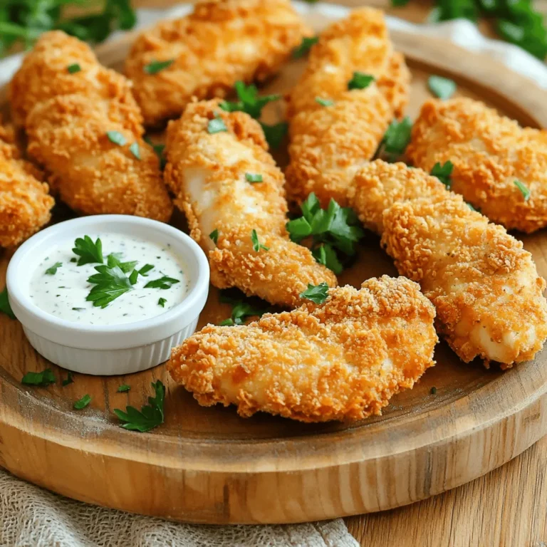 To make your zesty ranch chicken tenders, gather these simple ingredients: - 1 lb chicken tenders - 1/2 cup buttermilk - 1/2 cup ranch dressing - 1 cup all-purpose flour - 1/2 cup cornmeal - 2 teaspoons paprika - 1 teaspoon garlic powder - 1 teaspoon onion powder - 1 teaspoon dried parsley - Salt and pepper to taste - Oil for frying These ingredients come together to create a crispy and flavorful meal. If you need alternatives, here are some ideas: - No buttermilk? Use regular milk mixed with a bit of vinegar. - No ranch dressing? Try a yogurt-based dressing for a lighter twist. - For gluten-free options, substitute all-purpose flour with almond flour or a gluten-free blend. - You can replace cornmeal with crushed crackers for a different crunch. These swaps still keep the dish tasty and enjoyable! Each serving of zesty ranch chicken tenders provides a satisfying meal. On average, you get: - Calories: 380 - Protein: 30g - Carbohydrates: 30g - Fat: 18g - Fiber: 1g These values are based on four servings. Adjustments in ingredients may change these numbers slightly. Always check your labels for the best information. For the full recipe, check the details and instructions provided. Enjoy cooking! First, grab a large bowl. Combine 1/2 cup of buttermilk and 1/2 cup of ranch dressing. Stir well until mixed. Next, add 1 pound of chicken tenders. Make sure they are fully covered in the marinade. Cover the bowl with plastic wrap. Place it in the fridge for at least 30 minutes. For even more flavor, you can marinate them for up to 2 hours. This step helps the chicken soak up all the zesty goodness. While the chicken marinates, prepare your breading mixture. In another bowl, mix together 1 cup of all-purpose flour and 1/2 cup of cornmeal. Add 2 teaspoons of paprika, 1 teaspoon of garlic powder, and 1 teaspoon of onion powder. Then, mix in 1 teaspoon of dried parsley. Don’t forget to season with salt and pepper to taste. This mixture will give your chicken tenders a crispy and tasty coating. Now it’s time to fry! Heat about 1/2 inch of oil in a large skillet over medium heat. After the oil is hot, take the chicken tenders out of the marinade. Let any extra liquid drip off. Dredge each tender in the breading mixture. Press gently so the coating sticks well. Carefully add the breaded chicken tenders to the skillet. Fry them for about 3-4 minutes on each side. Look for a golden brown color and an internal temperature of 165°F (75°C) to know they are done. Once cooked, place the chicken on a paper towel-lined plate to drain excess oil. Repeat with the remaining tenders. Serve them warm with extra ranch dressing for a tasty dip. Enjoy your meal! For the full recipe, refer to the details above. To get the best flavor, marinate your chicken tenders well. Use buttermilk and ranch dressing for this. I like to let them soak for at least 30 minutes. If you have time, marinate them for up to 2 hours. This helps the flavors really sink in. You can also add extra spices to the marinade, like cayenne pepper for heat. For frying, I recommend using vegetable oil or canola oil. Both oils have high smoke points. This means they can handle high heat without burning. If you like a richer flavor, you can try peanut oil. Just be careful if you have nut allergies. Always heat the oil to the right temperature before adding the chicken. To get a crispy coating, use a mix of flour and cornmeal. The cornmeal adds crunch. Make sure you press the breading onto the chicken. This helps it stick better. Fry in batches to avoid overcrowding the pan. Overcrowding can cause the oil temperature to drop. This leads to soggy chicken instead of crispy goodness. For the best texture, drain the cooked tenders on a paper towel-lined plate. This keeps them crispy until you serve them. You can find the full recipe above to guide you through the process. {{image_2}} You can spice up your zesty ranch chicken tenders. Add hot sauce to your marinade for extra heat. You can use cayenne pepper in the breading mix. This gives a nice kick. Adjust the spice level to fit your taste. Enjoy the extra flavor in each bite. You can choose to bake or fry your chicken tenders. Frying gives a crispy texture, while baking is healthier. For baked tenders, preheat your oven to 400°F (200°C). Place breaded tenders on a baking sheet. Spray them with cooking oil for crispiness. Bake for 20-25 minutes until golden brown. Both methods are tasty and satisfying. Serve your zesty ranch chicken tenders with sides for a complete meal. Fresh veggies or a simple salad work well. Pair them with fries or mashed potatoes for comfort food. Don’t forget extra ranch dressing for dipping. You can even make a fun platter for sharing. These options make your meal fun and flavorful. After enjoying your zesty ranch chicken tenders, store any leftovers in an airtight container. Place them in the fridge. They will stay fresh for up to three days. Make sure to let them cool before sealing. This helps keep them crispy and tasty. To reheat chicken tenders, use an oven or an air fryer. Preheat the oven to 350°F (175°C). Place the tenders on a baking sheet. Heat them for about 10-15 minutes. In an air fryer, set it to 350°F and cook for 5-7 minutes. This keeps them crispy and warm without drying them out. You can freeze the chicken tenders for later use. Let them cool completely before freezing. Place them in a freezer-safe bag or container. They can last up to three months in the freezer. To cook from frozen, reheat them in the oven or air fryer, adding a few extra minutes to the time. You can find the full recipe for the chicken tenders above. You should marinate chicken tenders for at least 30 minutes. This time allows the flavors to soak in. For more taste, marinate them for up to 2 hours. Keeping the chicken in buttermilk and ranch dressing makes it juicy and full of flavor. Yes, you can use other cuts of chicken. Chicken breasts or thighs work well. Just make sure they are cut into similar sizes for even cooking. Adjust the cooking time if you use thicker pieces. Thicker cuts may need a few extra minutes in the oil. You can serve zesty ranch chicken tenders with many sides. Try crispy fries or a fresh salad. They also pair well with veggies like carrots or celery sticks. For a fun twist, add some garlic bread or a creamy coleslaw. For the full experience, don't forget extra ranch dressing for dipping. In this post, I covered how to make tasty chicken tenders. We discussed the key ingredients, smart substitutions, and nutritional facts. You learned easy steps to marinate, bread, and fry the chicken. I shared tips for the best flavor and perfect crispiness. Lastly, I offered variations and storage tips for leftovers. With these insights, you can enjoy delicious chicken tenders any time. Happy cooking!