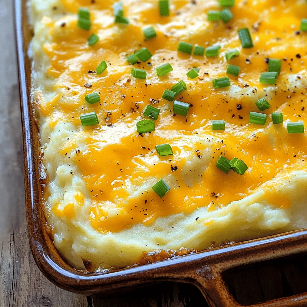 - 4 large russet potatoes, peeled and cubed - ½ cup cream cheese, softened - ½ cup sour cream - 1 cup shredded sharp cheddar cheese - ½ cup grated Parmesan cheese - 2 tablespoons butter, melted - 1 teaspoon garlic powder - ½ teaspoon onion powder - Salt and pepper to taste - ¼ cup chopped green onions for garnish When I prepare Cheesy Mashed Potato Casserole, I choose high-quality ingredients. Fresh, firm potatoes make the best base. Look for russet potatoes, known for their creamy texture. Cream cheese and sour cream blend well, adding richness. Sharp cheddar cheese gives a bold flavor. I often select a good quality Parmesan for a nice finish. - 4 large russet potatoes = approximately 1.8 kg - ½ cup cream cheese = about 125 g - ½ cup sour cream = about 125 g - 1 cup shredded sharp cheddar cheese = about 115 g - ½ cup grated Parmesan cheese = about 50 g - 2 tablespoons butter = about 30 g For best results, always measure accurately. Using a kitchen scale can help. If you want to substitute an ingredient, choose similar flavors. For example, Greek yogurt can replace sour cream for a healthier option. To enhance your dish, try to use fresh herbs or spices. They can really bring your casserole to life. And remember, the right choice of cheese can elevate the whole dish. If you want to explore more, check out the Full Recipe. Preheating the oven Start by preheating your oven to 350°F (175°C). This ensures your casserole cooks evenly and gets that perfect golden crust. Preparing the potatoes Next, peel and cube 4 large russet potatoes. The size of the cubes matters. Aim for 1-inch pieces. This helps them cook faster and mash easily. Boiling and draining the potatoes Place the cubed potatoes in a large pot. Cover them with cold water. Add a pinch of salt. Bring the water to a boil. Cook the potatoes for about 15-20 minutes. They should be tender when pierced with a fork. After cooking, drain the potatoes and return them to the pot. Mixing in the ingredients Add in ½ cup of softened cream cheese and ½ cup of sour cream. Then, pour in 2 tablespoons of melted butter. Sprinkle in 1 teaspoon of garlic powder and ½ teaspoon of onion powder. Add half of your shredded sharp cheddar cheese and grated Parmesan cheese. Mash everything together until smooth. Season with salt and pepper to taste. Transferring to the baking dish Now, take a greased 9x13-inch baking dish. Transfer your creamy potato mixture into the dish. Use a spatula to smooth the top evenly. Baking time and techniques Sprinkle the remaining cheeses over the top. Bake in the preheated oven for 25-30 minutes. Look for bubbly and golden cheese on top. When done, let it rest for 5 minutes. Garnish with ¼ cup of chopped green onions before serving. Enjoy your cheesy mashed potato casserole! For a full recipe, check out the [Full Recipe]. - Achieving the best texture: To get smooth mashed potatoes, boil them until tender. Use a potato masher for a creamy texture. Mixing with a hand mixer can make them too fluffy, so stick to mashing. - Tips for flavor enhancement: Add cream cheese and sour cream for richness. Garlic powder and onion powder boost flavor. For an extra kick, stir in some cooked bacon or herbs like chives before baking. - Over-mashing potatoes: If you mash too much, potatoes can turn gummy. Aim for a smooth but slightly chunky texture for the best result. - Incorrect baking times: Baking too long can dry out the casserole. Keep an eye on the cheese; it should be bubbly and golden, not burnt. Follow the timing closely for perfect results. For the complete recipe, check the Full Recipe link provided. {{image_2}} You can easily make this casserole vegetarian. Try adding veggies like spinach, broccoli, or carrots. These add color and flavor. Just steam or sauté them before mixing. This way, they blend well with the creamy potatoes. You can also use mushrooms for a rich, umami taste. While sharp cheddar is classic, feel free to mix it up. Gouda or Monterey Jack adds a smooth touch. For a stronger flavor, blue cheese works great too. You can also add herbs like chives or parsley. These give a fresh taste that brightens the dish. Try mixing in some garlic or onion powder for extra zest. For a gluten-free option, check all labels. The ingredients used in this casserole are naturally gluten-free. You can also make it low-calorie. Use Greek yogurt instead of sour cream. Swap cream cheese for a low-fat version. These changes keep your dish light but still tasty. For the full recipe, check out the details provided earlier. To keep your cheesy mashed potato casserole fresh, follow these steps: - Let the casserole cool to room temperature. - Cover it tightly with plastic wrap or aluminum foil. - Place it in the fridge. It stays good for up to three days. - For best taste, try to eat it within two days. If you want to freeze the casserole, follow these tips: - Cool it completely before freezing. - Use an airtight container or a freezer bag. - Label the bag with the date. - It can last in the freezer for up to three months. - Thaw it in the fridge overnight before reheating. To keep the flavor and texture when reheating, here is what I do: - Preheat your oven to 350°F (175°C). - Place the casserole in an oven-safe dish. - Cover it with foil to prevent drying out. - Heat it for about 20-25 minutes. - For a crisp top, remove the foil for the last 5-10 minutes. - You can also reheat individual portions in the microwave for 1-2 minutes. This way, your cheesy mashed potato casserole stays tasty and comforting! For the full recipe, check out the instructions above. You can prepare this dish a day before serving. Just follow these steps: - Make the mashed potatoes as per the recipe. - Once mixed, transfer the potatoes into a greased baking dish. - Cover the dish with plastic wrap or foil. - Store it in the fridge until you’re ready to bake. - When ready to bake, remove the cover and add the remaining cheese on top. - Bake at 350°F for 25-30 minutes. This method saves time and keeps your dish fresh. Yes, you can use many types of potatoes. Here are some great options: - Yukon Gold potatoes add a buttery flavor. - Red potatoes keep their shape well. - Fingerling potatoes offer a unique texture. - Sweet potatoes can add a hint of sweetness. Each type will change the taste and texture a bit, so choose what you like best. This casserole pairs well with many dishes. Here are some tasty ideas: - Roasted chicken for a classic combo. - Grilled steak adds a hearty touch. - Herb-crusted pork chops bring great flavor. - A simple green salad gives a fresh contrast. Feel free to mix and match to find your perfect meal! For the full recipe, check out the details. This blog post shared a simple recipe for Cheesy Mashed Potato Casserole. You learned about the key ingredients and steps to prepare this dish, along with useful tips to make it better. I highlighted variations for dietary needs and how to store leftovers too. Now, you can easily make this tasty casserole for any meal. Enjoy the creamy texture and rich flavors. Remember, with a few tweaks, you can customize it for anyone!