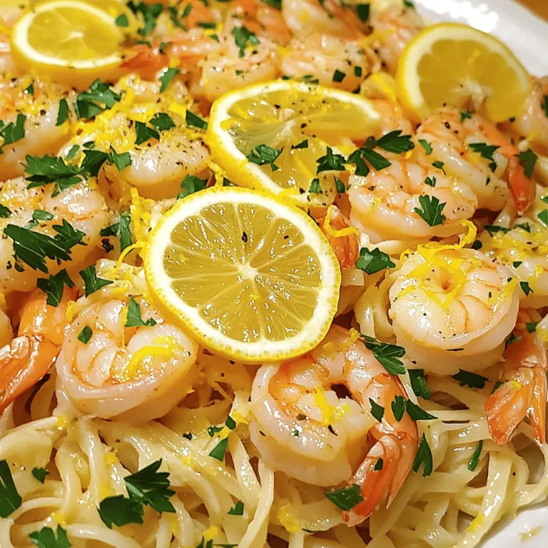 To make a great Lemon Garlic Shrimp Scampi, you need a few key ingredients. Here’s what you will need: - 1 pound large shrimp, peeled and deveined - 4 cloves garlic, minced - 1 lemon, zested and juiced - 1/4 cup olive oil - 1/4 cup unsalted butter - 1/2 teaspoon red pepper flakes (adjust to taste) - Salt and pepper to taste - 1/2 cup fresh parsley, chopped - 8 ounces linguine or spaghetti - Fresh lemon slices for garnish These ingredients work well together. The shrimp brings a sweet taste, while the lemon adds a bright zing. Garlic gives it a rich flavor, and butter makes it creamy. You can add a few optional ingredients to boost the flavor. Consider these: - White wine for a touch of acidity - Parmesan cheese for a savory finish - Fresh basil or oregano for an herb twist These can elevate your dish and make it more special. Feel free to mix and match based on what you have at home. If you have dietary needs, there are easy swaps. For gluten-free meals, use gluten-free pasta. If you don’t eat shrimp, try chicken or tofu. You can also use plant-based butter if you want a vegan option. Always check the labels when you substitute. This ensures you keep your meal safe and enjoyable. For the full recipe, visit the link provided. Start by boiling water in a large pot. Add salt to make it tasty. When the water bubbles, add the linguine or spaghetti. Cook it until it is al dente, which means it should still have a slight bite. This usually takes about 8-10 minutes, but check the package for exact times. Once cooked, save 1/2 cup of pasta water, then drain and set the pasta aside. In a big skillet, heat olive oil and butter over medium-high heat. Wait for the butter to melt. Add minced garlic and red pepper flakes. Cook this mix for about one minute. It will smell amazing! Next, add the shrimp in a single layer. Sprinkle salt and pepper on top. Cook for 2-3 minutes on each side. You want the shrimp to turn pink and opaque. This step brings out their sweet flavor. Now it’s time to add the lemon! Pour in the lemon juice and add the zest. If it looks too dry, add some pasta water until it feels just right. Toss in the cooked pasta gently. Make sure everything mixes evenly. Finally, stir in chopped parsley for a fresh touch. Taste it and add more salt and pepper if needed. For the full recipe, you can check the previous section. To cook shrimp just right, start with fresh shrimp. Look for shrimp that smell like the ocean, not fishy. Heat your skillet to medium-high. Add olive oil and butter until they bubble. Place shrimp in a single layer. Cook each side for 2-3 minutes. They turn pink when done. Remove from heat right away to avoid overcooking. Overcooked shrimp become tough and rubbery. To enhance the flavor of your shrimp scampi, use fresh garlic and lemon. These ingredients bring a bright taste. Add red pepper flakes for a little heat. Adjust the amount based on your taste. Fresh parsley adds a nice touch too. It gives a pop of color and freshness to your dish. Don't forget to reserve some pasta water. Adding it helps create a silky sauce. You don’t need much to make this dish. A large skillet works best for cooking shrimp. A pot for boiling pasta is essential. Use a wooden spoon for mixing. A colander helps drain the pasta easily. A microplane zester makes zesting lemons quick. Lastly, a good chef's knife is key for chopping garlic and parsley. You can find the full recipe for a step-by-step guide to make this dish even easier! {{image_2}} You can swap shrimp for other seafood. Scallops are a great choice. They cook quickly and taste sweet. You might try crab meat for a rich flavor. If you like fish, use firm white fish. Cod or halibut will work well. Just remember to adjust cooking times. For a vegetarian version, use mixed veggies instead of shrimp. Broccoli, bell peppers, and zucchini will add color. If you want a vegan dish, replace butter with plant-based butter. Use vegetable broth for a flavorful base. You can also add chickpeas for protein. This way, you keep it hearty and satisfying. While linguine is classic, feel free to experiment with pasta. Spaghetti is another popular choice. You can also try penne or farfalle for fun shapes. If you're gluten-free, use rice noodles or gluten-free pasta. Each type of pasta will give a unique twist to your dish. After enjoying your Lemon Garlic Shrimp Scampi, let it cool for a bit. Place any leftovers in an airtight container. You can keep it in the fridge for up to two days. Make sure to seal it well. This helps keep the shrimp fresh and tasty. To reheat, use a skillet over low heat. Add a splash of olive oil or a bit of butter. This keeps the shrimp from drying out. Stir gently until it warms up. You can also use the microwave. If you choose this, heat in short bursts, stirring in between. This way, your meal stays juicy and flavorful. If you want to save it for later, freezing is an option. First, cool the dish completely. Then, place it in a freezer-safe container. It can last for up to three months in the freezer. When you’re ready to eat, thaw it in the fridge overnight. Reheat using the skillet method for the best flavor. Enjoy your meal with minimal fuss later! For the full recipe, check out the earlier section. You can serve Lemon Garlic Shrimp Scampi with many sides. Here are some great options: - Garlic Bread: This classic side soaks up the sauce well. - Salad: A fresh green salad adds crunch and balance. - Rice: A light, fluffy rice can soak up the flavors too. - Vegetables: Steamed or roasted veggies make a colorful plate. To spice up your dish, add more red pepper flakes. Start with 1 teaspoon instead of 1/2 teaspoon. You can also add fresh chopped jalapeños or crushed red pepper. Mix them in when you sauté the garlic for the best flavor. Adjust to your heat level. Yes, you can use frozen shrimp! Just make sure to thaw them first. Place them in a bowl of cold water for 15-20 minutes. Once thawed, peel and devein them if needed. This saves time and still gives you tasty shrimp. To make a creamy sauce, add heavy cream to the skillet after cooking the shrimp. Start with 1/4 cup and stir it in well. You can also use half-and-half for a lighter option. Mix until the sauce is smooth and creamy. Lemon garlic shrimp scampi is a dish full of flavor and appeal. We explored essential and optional ingredients to boost taste. The step-by-step guide makes cooking easy and fun. I shared tips on cooking shrimp perfectly and ways to adapt the recipe. You can store and reheat leftovers like a pro. This dish fits many palates, whether you love seafood or not. Now, enjoy your scampi with friends or family, and get creative with the flavors!