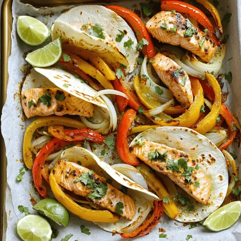 Here’s what you need for Easy Sheet Pan Salmon Fajitas. Gather these ingredients for a fun and tasty meal: - 1 lb salmon fillet, cut into bite-sized pieces - 2 bell peppers (any color), sliced - 1 medium onion, sliced - 3 tablespoons olive oil - 2 teaspoons chili powder - 1 teaspoon ground cumin - 1 teaspoon garlic powder - 1/2 teaspoon smoked paprika - Salt and pepper to taste - 8 small flour or corn tortillas - Fresh cilantro, for garnish - Lime wedges, for serving These ingredients work together to create a dish that is both simple and full of flavor. The salmon brings a rich taste, while the vegetables add crunch and color. Each spice adds a unique depth, making every bite exciting. You can find the full recipe to guide you through the cooking process. Enjoy crafting this delightful meal! - Preheat your oven to 400°F (200°C). - Line a baking sheet with parchment paper. - In a large bowl, combine sliced bell peppers and onion with 3 tablespoons of olive oil, chili powder, ground cumin, garlic powder, smoked paprika, salt, and pepper. - Toss well to coat the veggies evenly. - Spread the seasoned vegetables on one side of the sheet pan. - Coat salmon pieces with olive oil and place them on the other side of the pan. - Bake everything for 15-20 minutes. Check for doneness to ensure the salmon is cooked through. - Warm the tortillas in a dry skillet or microwave until soft. - Once done, assemble salmon and veggies in the warm tortillas. - Add fresh cilantro and a squeeze of lime juice for extra flavor. You can find the complete instructions in the Full Recipe. Enjoy your cooking! I love to play with flavors. For a zestier kick, add more chili powder. If you prefer a milder taste, reduce it. You can also mix in some lime zest for a fresh twist. For a smoky flavor, increase the smoked paprika. Experiment with spices to find what you love. Cooking time depends on the salmon's thickness. Thicker pieces need a bit more time, while thinner ones cook faster. Check your salmon at 15 minutes. If it flakes easily with a fork, it's done! Different ovens heat unevenly, so keep an eye on your dish. If your oven runs hot, reduce the time slightly. These salmon fajitas shine with simple sides. A fresh avocado salad pairs well. You can also serve with black beans or corn on the side. For dips, try a creamy avocado sauce or salsa. A cold drink, like lemonade or iced tea, complements the meal perfectly. Enjoy your colorful, tasty dish! {{image_2}} You can switch salmon for chicken or tofu. Chicken works well because it absorbs flavors nicely. Cut chicken into small pieces like the salmon. Cook it for about 20-25 minutes. Tofu is a great choice for a plant-based option. Press it to remove extra water, then cut it into cubes. Bake it for 15-20 minutes too. Both options are tasty and keep the dish simple. Feel free to add more veggies for fun and flavor. Zucchini, corn, or mushrooms are great choices. Slice zucchini into thin rounds and add it to the mix. Corn can bring a sweet crunch. You can chop mushrooms and toss them in for extra depth. Mixing different vegetables keeps every bite exciting. Don’t be shy to use what you like! Want it spicier? Add more chili powder or fresh jalapeños. You can sprinkle red pepper flakes for an extra kick. If you prefer it milder, use less chili powder. You can also add more lime juice to balance the heat. Adjusting spice levels makes this dish fun for everyone. Your taste buds will thank you! For the complete recipe, check out the [Full Recipe]. To store your leftover salmon fajitas, first let them cool. This step helps keep the food fresh. Use an airtight container for best results. You can separate the salmon, veggies, and tortillas or store them together. If you store them together, the tortillas may get soggy. I recommend using glass containers or heavy-duty plastic bags. When you reheat salmon fajitas, you want to keep them moist. The best method is to use the oven. Preheat your oven to 350°F (175°C). Place the salmon and veggies on a baking sheet. Cover them with foil to trap moisture. Heat for about 10-15 minutes. You can also use a skillet over medium heat. Just add a splash of water to help steam them. If you prefer the microwave, use a microwave-safe dish. Cover it with a damp paper towel. Heat in short bursts, checking often. Freezing salmon fajitas is simple. Pack the leftovers in airtight containers or freezer bags. Remove as much air as possible. They can last up to three months in the freezer. When ready to eat, thaw them in the fridge overnight. Reheat them as mentioned above. This keeps the flavor and texture nice. You’ll have a quick meal ready to go! For the full recipe, visit the section above. Yes, you can prep ahead. Chop the veggies and salmon in advance. Store them in the fridge. You can mix the spices and keep them in a small jar. This way, you save time when cooking. Just remember to bake everything fresh for the best taste. Salmon fajitas pair well with many sides. Here are some tasty options: - Rice or quinoa for a filling base - Black beans for extra protein - A fresh salad with lime dressing - Guacamole for a creamy touch - Chips for a crunchy contrast You can easily lighten up this dish. Try these tips: - Use less oil when roasting the veggies - Add more vegetables like zucchini or corn - Choose whole wheat tortillas for more fiber - Skip the cheese or use a low-fat option - Serve with a side of steamed veggies To reheat salmon fajitas, use a skillet. Warm it over medium heat. Add the salmon and veggies, and cover with a lid. This keeps them moist. You can also use the microwave. Heat in short bursts to avoid drying them out. Just remember, fresh is always best! This recipe highlights the joy of making salmon fajitas. You learned about the key ingredients, step-by-step instructions, and helpful tips. I shared ideas for variations and storage. Remember, you can customize flavors and spices to suit your taste. Whether you enjoy it with chicken, tofu, or extra veggies, it’s all about creating a meal you love. Use these pointers to enjoy cooking and eating. Your salmon fajitas can be a hit at every meal. Cooking should be fun and tasty!