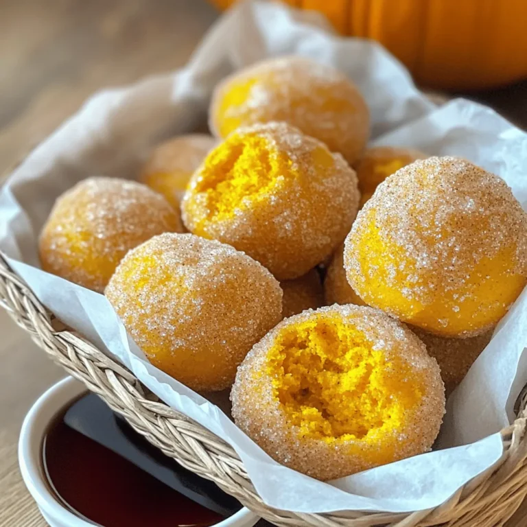 To make cinnamon sugar pumpkin donut holes, you need a few key items. Here is what you will need: - 1 cup canned pumpkin puree - 1/2 cup granulated sugar - 1/4 cup brown sugar - 1/4 cup vegetable oil - 2 large eggs - 2 cups all-purpose flour - 2 teaspoons baking powder - 1 teaspoon baking soda - 1 teaspoon cinnamon - 1/2 teaspoon nutmeg - 1/4 teaspoon salt - 1/2 cup granulated sugar (for coating) - 2 teaspoons ground cinnamon (for coating) These ingredients create a moist, flavorful batter that bakes into soft donut holes. You can add a few optional ingredients to enhance the flavor. Consider these: - Vanilla extract for extra sweetness - Chopped nuts for crunch - Mini chocolate chips for a sweet twist These ingredients can elevate your donut holes, making them even more delightful. If you have dietary restrictions, you can still enjoy these treats. Here are some easy swaps: - Use gluten-free flour instead of all-purpose flour. - Swap vegetable oil with melted coconut oil for a different flavor. - Replace eggs with flaxseed meal or applesauce for a vegan option. These substitutions keep the essence of the dish while catering to your needs. For the full recipe, check out the details provided above. To start, preheat your oven to 350°F (175°C). Grease your mini muffin pan or donut hole pan. In a large bowl, grab 1 cup of canned pumpkin puree, 1/2 cup of granulated sugar, 1/4 cup of brown sugar, 1/4 cup of vegetable oil, and 2 large eggs. Whisk these together until smooth. This mix gives the donut holes their moistness and flavor. In another bowl, mix 2 cups of all-purpose flour, 2 teaspoons of baking powder, 1 teaspoon of baking soda, 1 teaspoon of cinnamon, 1/2 teaspoon of nutmeg, and 1/4 teaspoon of salt. Gradually add this dry mix to your wet mix. Stir just until combined. Be careful not to overmix, as this keeps them light and fluffy. Use a small cookie scoop or tablespoon to fill each cavity of your greased pan about 2/3 full with batter. This helps them rise perfectly. Bake them in the preheated oven for 12-15 minutes. To check if they're done, insert a toothpick into the center. If it comes out clean, they are ready. Let the donut holes cool in the pan for 5 minutes before removing them. While the donut holes bake, prepare the cinnamon sugar coating. In a small bowl, mix 1/2 cup of granulated sugar with 2 teaspoons of ground cinnamon. Once you take the donut holes out of the oven, roll them in the cinnamon sugar while they're warm. This coating sticks better when they are still hot. After coating, place them on a cooling rack to cool completely. You can find the full recipe for these delightful treats in the earlier section. Enjoy your warm, sweet creations! To make fluffy donut holes, start with fresh baking powder. Old baking powder can ruin the rise. Mix your wet and dry ingredients gently. Overmixing can lead to dense treats. Also, remember to measure your flour correctly. Use a spoon to fill your measuring cup, then level it off. This method helps you avoid extra flour. One big mistake is not preheating your oven. An oven that is not hot enough can make your donut holes dense. Avoid opening the oven door too often while baking. This can cause a drop in temperature. Lastly, ensure your baking pan is well-greased. Sticking can ruin your perfect donut holes. Always use dry measuring cups for flour and sugar. For liquids, use clear liquid measuring cups. When measuring brown sugar, pack it down firmly. This gives you the right amount. For spices, using a scale can improve accuracy. This way, you get the right flavor every time. {{image_2}} You can easily boost your donut holes with chocolate chips or nuts. Add 1/2 cup of chocolate chips to the batter for a sweet twist. If you prefer nuts, try chopped pecans or walnuts for a nice crunch. Just fold them into the batter gently. This step adds flavor and texture. You can mix and match these options for fun results. While cinnamon sugar is classic, you can try other coatings. For a twist, roll the donut holes in powdered sugar. You can also mix in cocoa powder for a chocolatey touch. Another option is to use maple sugar for a unique taste. Get creative and find a flavor that you love. Each coating brings its own charm to the donut holes. To make this recipe gluten-free, swap out all-purpose flour with a gluten-free blend. Many blends work well and keep the donuts soft. Ensure the blend contains xanthan gum for the right texture. You might need to adjust baking time slightly. Check for doneness using a toothpick. This way, you can enjoy these delicious treats without gluten. For the full recipe, follow the steps above and enjoy these delightful Cinnamon Sugar Pumpkin Donut Holes! To keep your donut holes fresh, store them in an airtight container. I recommend placing a paper towel at the bottom. This helps absorb any moisture. Keep the container at room temperature for up to three days. If you have more than that, consider freezing them for later. Freezing is easy and keeps your donut holes tasty. First, let them cool completely. Then, arrange them in a single layer on a baking sheet. Freeze them for about an hour until firm. Once they are firm, place them in a freezer-safe bag. Be sure to squeeze out as much air as possible. You can freeze them for up to three months. When you’re ready to enjoy your donut holes, reheating them is simple. Preheat your oven to 350°F (175°C). Place the donut holes on a baking sheet. Warm them for about 5-7 minutes. This will make them soft and bring back that fresh-baked taste. You can also microwave them for about 10-15 seconds. Just be careful not to overheat them! Enjoy your cinnamon sugar pumpkin donut holes just like they were fresh from the oven! For the full recipe, check out the earlier section. Yes, you can use fresh pumpkin. First, cook the pumpkin until soft. Then, mash it into a smooth puree. Be sure to drain any excess water. This gives your donut holes a fresh flavor. However, canned pumpkin is easier and quicker. These donut holes stay fresh for about three days at room temperature. Keep them in an airtight container. If you want them to last longer, store them in the fridge. They can stay good for up to a week when chilled. Serve them warm for the best taste. You can arrange them in a pretty basket lined with parchment paper. For extra fun, add a small bowl of maple syrup for dipping. You can also dust them with more cinnamon sugar before serving. Enjoy the sweet, warm flavors! For the full recipe, check the earlier section. You now know how to make delicious cinnamon sugar pumpkin donut holes. We explored the key ingredients, detailed step-by-step instructions, and tips for perfect results. Remember, you can customize your donut holes with different flavors or toppings to suit your taste. Store them properly to keep them fresh, and don't hesitate to try new variations. Enjoy your baking journey, and share these tasty treats with friends and family for joy and smiles. Happy baking!