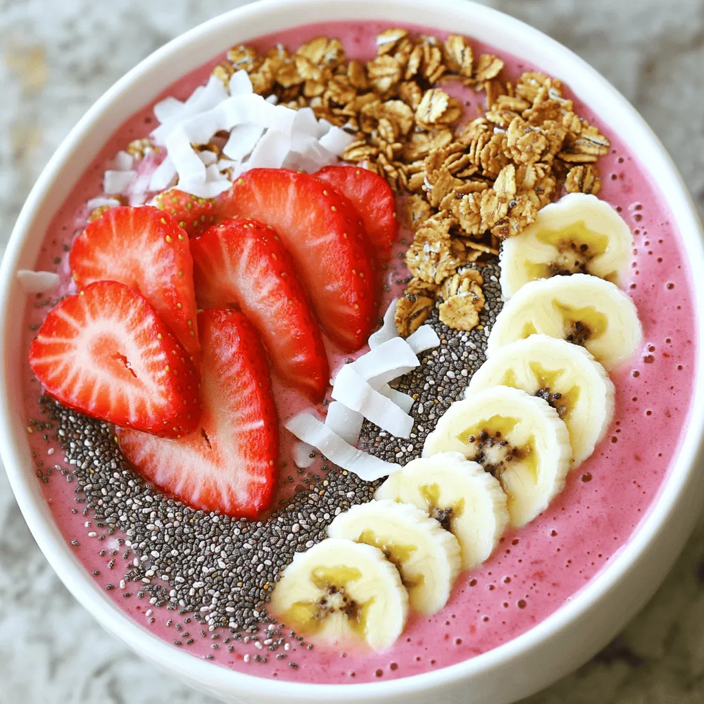 The strawberry spinach smoothie bowl is both vibrant and tasty. Here are the key ingredients you will need: - 1 cup fresh spinach leaves - 1 cup frozen strawberries - 1 ripe banana - 1/2 cup almond milk (or any milk of choice) - 1 tablespoon almond butter (or peanut butter) - 1 tablespoon chia seeds - 1/2 teaspoon vanilla extract These ingredients blend together to create a creamy base. Fresh spinach adds nutrients without a strong flavor. Frozen strawberries give you that sweet, fruity taste. The banana makes the texture smooth and helps with sweetness. Almond milk keeps it light and dairy-free, while almond butter adds a nice nutty touch. Chia seeds give a boost of fiber and omega-3s. Lastly, vanilla extract enhances the overall flavor. To make your smoothie bowl extra fun, you can add toppings: - Sliced fresh strawberries - Granola - Nuts - Coconut flakes - Honey These toppings not only add flavor but also add texture and visual appeal. Sliced strawberries brighten the bowl, while granola adds crunch. Nuts provide healthy fats, and coconut flakes give a tropical twist. A drizzle of honey can sweeten it further if you like a sweeter bowl. This smoothie bowl is packed with nutrition. It has about 250 calories per serving. You get a good mix of macronutrients: roughly 7 grams of protein, 10 grams of fat, and 40 grams of carbs. You will also find essential vitamins and minerals. Spinach brings iron and calcium, while strawberries add vitamin C. Bananas provide potassium, and chia seeds are rich in fiber. This bowl is not only delicious but also a healthful choice for breakfast or a snack. To make the Strawberry Spinach Smoothie Bowl, you start with fresh ingredients. Gather your items first. In a blender, combine: - 1 cup fresh spinach leaves - 1 cup frozen strawberries - 1 ripe banana - 1/2 cup almond milk - 1 tablespoon almond butter - 1 tablespoon chia seeds - 1/2 teaspoon vanilla extract Blend these ingredients on high. Keep blending until smooth and creamy. If the mixture feels too thick, add a bit more milk. This will help reach your desired consistency. Once it looks just right, pour the smoothie into a bowl. Now comes the fun part—adding toppings! Arrange your toppings to make it look nice. Use sliced strawberries, granola, nuts, and coconut flakes. Get creative! You can place them in patterns or piles. For extra sweetness, drizzle some honey on top. This will make your bowl pop with color and flavor. Enjoy this smoothie bowl any time of day. It works well for breakfast or as a snack. You can also serve it after a workout for a refreshing boost. The vibrant colors and flavors will brighten your day. Keep it simple, yet fancy, with your beautiful toppings. To make your smoothie bowl creamy, use frozen strawberries. They blend well and add chill. You can also add a ripe banana. This gives a smooth texture. If the mix is too thick, add more milk. Almond milk works great, but any milk is fine. Adjust sweetness based on your taste. If you prefer it sweeter, add honey or maple syrup. You can mix in more fruit, too. Taste as you go to find your perfect blend. When shopping, I suggest going for organic fruits. They often taste better and have fewer chemicals. For bananas, pick ones that are yellow with a few brown spots. This means they are sweet and ripe. For strawberries, look for bright red ones without white tips. These are usually the sweetest. One common mistake is over-blending. If you blend too long, it can get too runny. Blend just until smooth. Stop and check the texture often. Choosing the right milk is also key. Avoid heavy cream or whole milk if you're looking for a light bowl. Stick with almond milk or oat milk. They keep it light and healthy. For more details on making this bowl, check the Full Recipe. {{image_2}} You can switch up the flavors in your strawberry spinach smoothie bowl. Try adding fresh mango or blueberries. These fruits add sweetness and a burst of color. You can also use kale instead of spinach. Kale brings a different taste and packs a nutrient punch. Mixing fruits and greens keeps your bowl exciting. To boost nutrition, consider adding protein powder or yogurt. These ingredients help keep you full longer and add creaminess. You can also try different nut butters. Almond butter gives a mild taste, while peanut butter adds a rich flavor. Each option can change the smoothie bowl's taste. Using seasonal fruits makes a big difference in taste. In summer, use ripe peaches or cherries. In winter, opt for bananas or frozen berries. Fresh, in-season fruits taste better and are often more nutritious. You can also adapt your smoothie bowl to the weather. When it's cold, serve it warm by blending in a bit of hot water. On hot days, enjoy it cold and refreshing. This keeps your smoothie bowl fun all year long. For the full recipe, check out the details above. To store leftover smoothie bowls, place them in an airtight container. This helps keep the bowl fresh. Smoothie bowls taste best when eaten within 24 hours. If you want to enjoy it later, store it in the fridge. Avoid leaving it out for too long, as it may lose flavor and texture. You can freeze smoothie mixtures for future use. Pour the mixture into freezer-safe bags or containers. Remove as much air as you can to prevent freezer burn. When you're ready to enjoy it, thaw the smoothie overnight in the fridge. Blend it again for a smooth texture before serving. To keep spinach fresh, store it in a cool, dry place. Place strawberries in the fridge, unwashed, to extend their shelf life. Spinach lasts about five days, while strawberries stay good for up to a week. The smoothie bowl retains flavor for about one day in the fridge. After that, it may begin to lose its taste and nutrients. A Strawberry Spinach Smoothie Bowl is a delicious and healthy dish. It blends fresh spinach, frozen strawberries, and a ripe banana. You can add almond milk and almond butter for creaminess. Chia seeds and vanilla extract enhance the flavor and nutrition. This bowl is fun to eat and visually appealing with colorful toppings. Yes, you can easily make this smoothie bowl vegan. Use almond milk or any plant-based milk. Swap almond butter for peanut butter or sunflower seed butter. Ensure your toppings, like granola and honey, are vegan-friendly. This way, everyone can enjoy this tasty bowl. To achieve a thicker smoothie bowl, use frozen fruit instead of fresh. You can also add more spinach to the mix. Another tip is to reduce the amount of almond milk. Blend it until smooth, then check the texture. If it’s too thin, add more frozen fruit or greens. This will give you a creamy and satisfying bowl. This article explored the delicious world of strawberry spinach smoothie bowls. You learned about key ingredients, step-by-step preparation, and tips for perfecting your bowl. Presentation and storage methods ensure freshness and flavor. In summary, you can enjoy this healthy treat any time of day. Feel free to experiment with flavors and toppings. With practice, you’ll create a smoothie bowl that’s not just tasty, but also visually stunning. Enjoy your smoothie bowl adventure!