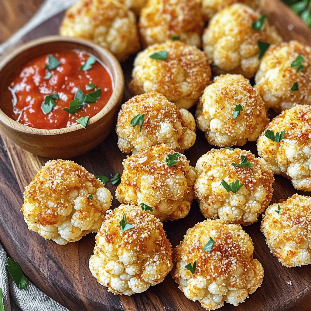 - 1 large head of cauliflower, cut into bite-sized florets - 1 cup all-purpose flour - 1 cup breadcrumbs (Panko for extra crunch) - 1 cup grated Parmesan cheese - 1 teaspoon garlic powder - 1 teaspoon paprika - 1 teaspoon salt - 1/2 teaspoon black pepper - 1/4 teaspoon cayenne pepper (optional for heat) - 2 large eggs, beaten - Olive oil spray or cooking spray When I set out to make these crispy Parmesan cauliflower bites, I focus on the heart of the dish: the ingredients. The cauliflower is the star. It gives a nice crunch and absorbs flavors well. I cut the cauliflower into bite-sized florets. This helps them cook evenly and makes them easy to eat. Next, I gather my dry ingredients. All-purpose flour acts as the base. It helps the coating stick. I also add Panko breadcrumbs for extra crunch. This gives the bites a delightful texture. Grated Parmesan cheese adds a rich, savory flavor. It gives a nice golden color when baked. For seasoning, I mix garlic powder, paprika, salt, black pepper, and cayenne pepper. The garlic powder adds depth, while paprika gives a hint of smokiness. The cayenne is optional but adds a nice kick if you like heat. I also need eggs. Beaten eggs help the breadcrumbs stick to the cauliflower. Finally, I use olive oil spray. This helps the bites crisp up in the oven. With these ingredients ready, I can create a dish that is not just tasty but also fun to make. For the complete method, check the Full Recipe. - Preheat oven to 425°F (220°C). - Line a baking sheet with parchment paper. First, get your oven ready. This helps the cauliflower bake evenly and get crispy. Next, grab a baking sheet. Cover it with parchment paper. This keeps the bites from sticking and makes cleanup easy. - Combine flour and seasonings in a bowl. - Beat eggs in a separate bowl. - Mix breadcrumbs and Parmesan in a third bowl. Now, let’s mix our ingredients. In one bowl, combine flour, garlic powder, paprika, salt, black pepper, and cayenne pepper. Stir it well to mix the flavors. In another bowl, beat the eggs until well blended. In a third bowl, mix breadcrumbs and grated Parmesan cheese. This blend will give a nice, cheesy crunch. - Dip cauliflower florets into flour mixture. - Transfer to beaten eggs, then coat in breadcrumb mixture. - Place coated florets on the baking sheet and spray with olive oil. Next, we coat the cauliflower. Take each floret and dip it into the flour mix. Shake off the extra. Then, dip it into the beaten eggs. Let any extra egg drip off. Finally, coat the floret in the breadcrumb mixture. Press gently to help it stick. Place all the coated florets on the baking sheet. Lightly spray them with olive oil. This helps them crisp up while baking. - Bake for 25-30 minutes until golden brown. - Flip halfway through for even cooking. Now, it’s time to bake! Place the baking sheet in the oven. Bake for 25-30 minutes. Check for a golden brown color. Halfway through, flip the florets for even baking. This step is key for that perfect crunch. Follow these steps for crispy Parmesan cauliflower bites that are sure to impress! You can find the full recipe [here](#). To make your Crispy Parmesan Cauliflower Bites truly amazing, use Panko breadcrumbs. They add a great crunch that regular breadcrumbs can't match. When you coat the florets, spray them lightly with olive oil. This helps them get golden and crispy. For a tasty twist, pair the bites with marinara sauce or garlic aioli for dipping. Both options bring out the flavors of the cauliflower. Before serving, sprinkle fresh parsley on top. It adds a pop of color and freshness. Be careful not to overcrowd the baking sheet. If the florets are too close, they will steam instead of crisp. Also, make sure each floret has an even coating of the breadcrumb mix. This ensures every bite is crispy and delicious. {{image_2}} You can easily change the heat of your cauliflower bites. Just add more cayenne or sprinkle in some red pepper flakes. If you love herbs, try Italian seasoning for a fresh twist. These simple changes can make your bites even more exciting. Want a different cheese flavor? Switch it up! Use cheddar for a sharp taste or mozzarella for a milder touch. You can also adjust the cheese amount to fit your taste. More cheese gives a richer flavor, while less keeps it light. If you need a gluten-free version, it's easy! Just swap all-purpose flour with gluten-free flour. You can also use gluten-free breadcrumbs for the coating. This way, everyone can enjoy these tasty bites without worry. Remember to check the Full Recipe for detailed steps and measurements! You should let your cauliflower bites cool completely before storing them. Once cool, place them in an airtight container. This keeps them fresh and tasty. I often use a glass container with a tight lid. It works well to prevent moisture from getting in. For the best texture, reheat your cauliflower bites in the oven. Set your oven to 350°F and bake for 10-15 minutes. This helps regain their crispiness. If you are short on time, you can use the microwave. Just know that they may lose some crunch this way. You can freeze raw coated florets before baking. This makes meal prep super easy. Just coat the florets as usual and place them on a baking sheet. Freeze them for about an hour, then transfer them to a freezer-safe bag. When you are ready to bake, you can bake them directly from frozen. Just add a few more minutes to the baking time. This method makes it simple to enjoy these crispy bites anytime. For the full recipe, check back to the beginning. Crispy Parmesan Cauliflower Bites usually last 3-5 days in the refrigerator. To keep them fresh, store them in an airtight container. This helps maintain their taste and texture. If you notice any signs of spoilage, it’s best to toss them out. Yes, you can prep and coat them ahead of time. Just coat the florets and keep them in the fridge. Bake them just before serving for the best results. This keeps them crispy and hot, perfect for sharing with friends or family. These bites pair well with many dipping sauces. You can try ranch, marinara, or mustard. Each dip adds its own flavor, making your snack even more tasty. Feel free to get creative with sauces you enjoy! For the full recipe, check out the complete details above. Making Crispy Parmesan Cauliflower Bites is simple and fun. We covered key ingredients, from fresh cauliflower to tasty seasonings. I shared step-by-step instructions and tips for achieving that perfect crunch. You can customize these bites to fit your taste or dietary needs. Don’t forget to store them well for later. With a bit of practice, you’ll impress friends and family with this healthy snack. Enjoy the making and sharing of these bites!