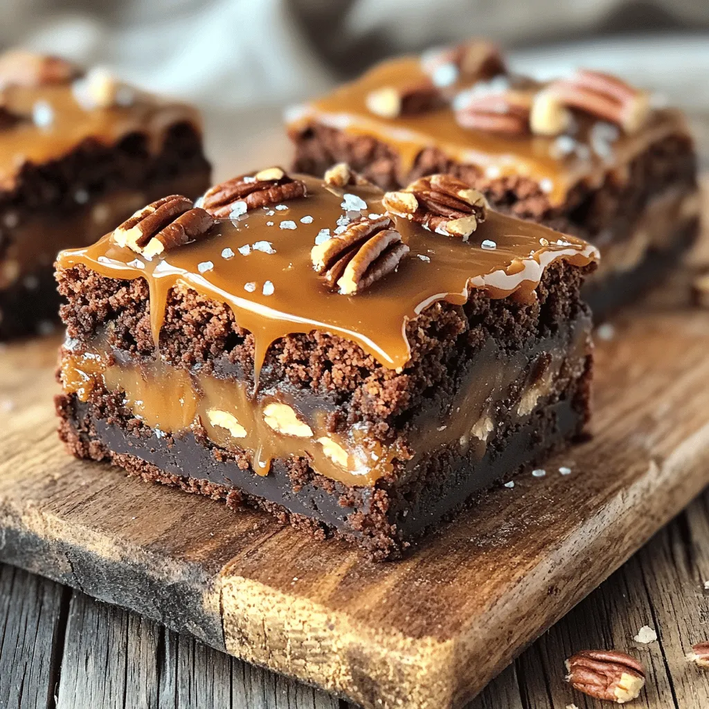 To make these brownies, you need specific ingredients. Here’s what you’ll gather: - 1 cup unsalted butter (2 sticks) - 2 cups granulated sugar - 4 large eggs - 1 teaspoon vanilla extract - 1 cup all-purpose flour - 1 cup unsweetened cocoa powder - 1/2 teaspoon salt - 1 cup chopped pecans - 1 cup caramel sauce (store-bought or homemade) - 1/2 cup chocolate chips (semi-sweet or dark) - 1/4 teaspoon sea salt (for topping) Each ingredient plays a key role in creating the rich, fudgy texture and flavor you will love. While the essential ingredients are perfect, you can add more for extra flavor. Consider these options: - A dash of espresso powder can deepen the chocolate taste. - A splash of bourbon or rum brings warmth and complexity. - Use dark chocolate chips for a richer finish. - Add sea salt flakes on top for a contrast in taste. These optional ingredients can take your brownies to the next level. To make the process smooth, you'll need some tools. Here’s what I recommend: - A medium saucepan for melting butter. - A mixing bowl for combining wet ingredients. - A separate bowl for dry ingredients. - A whisk for mixing eggs and vanilla. - A spatula to fold in the nuts and chips. - A 9x13 inch baking pan lined with parchment paper. These tools help you create the perfect caramel pecan turtle brownies. For the full recipe, you can check the complete steps and tips. Enjoy your baking! To create your brownie batter, start with the basics. First, preheat your oven to 350°F (175°C). Next, grease a 9x13 inch baking pan and line the bottom with parchment paper. This step helps with easy removal later. In a medium saucepan, melt 1 cup of unsalted butter over low heat. Once it melts, add 2 cups of granulated sugar and stir until mixed well. Remove the saucepan from heat and let it cool for a few minutes. This cooling step is important to avoid cooking the eggs. Now, whisk in 4 large eggs, one at a time. Add 1 teaspoon of vanilla extract and mix until smooth. In another bowl, sift together 1 cup of all-purpose flour, 1 cup of unsweetened cocoa powder, and 1/2 teaspoon of salt. Gradually add the dry mix to the wet mix. Stir gently until just combined. Overmixing can lead to tough brownies. Fold in 1 cup of chopped pecans and 1/2 cup of chocolate chips, saving a few pecans for the topping. Now it’s time to layer your brownies. Pour half of the brownie batter into the prepared pan and spread it evenly. Drizzle half of the caramel sauce over this layer. Then spoon the rest of the batter on top and spread it gently. Drizzle the remaining caramel sauce over this layer. Sprinkle the reserved pecans on top and add a pinch of sea salt to enhance the flavor. Bake in your preheated oven for 30 to 35 minutes. To check for doneness, insert a toothpick in the center. It should come out with a few moist crumbs, not wet batter. After baking, remove the pan from the oven. Let the brownies cool in the pan for at least 30 minutes. Use the parchment paper to lift them out. Slice them into squares for serving. For a special touch, serve the brownies warm. Drizzle with extra caramel sauce and sprinkle with sea salt. This adds a lovely finishing touch that enhances the flavor. Enjoy your delicious creation! For the complete recipe, check out the [Full Recipe]. One big mistake is overmixing the batter. When you mix too much, it makes brownies tough. Mix until just combined for a softer bite. Another common error is not measuring ingredients well. Use dry measuring cups for flour and cocoa powder. Level the tops with a knife for accuracy. For that perfect chewy texture, use melted butter. This gives your brownies a rich flavor. Don't forget to let the batter rest for a few minutes before baking. It helps the ingredients meld together. Also, bake just until a toothpick shows a few moist crumbs. Too long makes them dry. Serve brownies warm to enjoy their gooey center. Drizzle extra caramel sauce on top for added sweetness. A sprinkle of sea salt can enhance the flavors. Pair with a scoop of vanilla ice cream for a delightful treat. Enjoy your Caramel Pecan Turtle Brownies with friends and family for a memorable dessert. Check out the Full Recipe for more tips! {{image_2}} If you want to change the taste, try other nuts. Almonds, walnuts, or hazelnuts can work well. Each nut gives a unique flavor. Almonds add a sweet crunch. Walnuts bring a rich, earthy taste. Hazelnuts give a hint of chocolate flavor. Just chop them as you would with pecans and mix them in. You can even toast the nuts lightly for extra flavor! Making your own caramel sauce is easy and fun. You need just sugar, butter, and cream. Start by melting sugar in a pan. Watch it closely so it doesn’t burn. Once it melts and turns golden, add butter and let it melt. Then, pour in heavy cream slowly and stir. Let it cool before using it in your brownies. This sauce adds a fresh taste that store-bought cannot match. Want to make these brownies gluten-free? Use gluten-free all-purpose flour instead of regular flour. Check that your caramel sauce is also gluten-free. Many brands are safe, but always read the label. This way, you can enjoy rich, gooey brownies without worry. The taste remains just as delightful, and your friends will never know the difference! Don't forget to check out the Full Recipe for all the details on making these sweet treats! To keep your caramel pecan turtle brownies fresh, store them in an airtight container. Place parchment paper between layers to avoid sticking. They can last up to a week at room temperature. For longer storage, put them in the fridge. This helps maintain their chewy texture and flavor. Freezing brownies is a great way to save some for later. First, allow them to cool completely. Then, cut them into squares. Wrap each piece tightly in plastic wrap. Put them in a freezer-safe bag or container. They can stay frozen for up to three months. When you’re ready to enjoy, just thaw them in the fridge overnight. To enjoy your brownies warm, reheat them in the microwave. Use a low power setting to avoid drying them out. Heat for about 10-15 seconds. You can also warm them in the oven. Set the oven to 350°F (175°C) and place the brownies in for about 5-10 minutes. This brings back that fresh-baked taste. For extra delight, drizzle some caramel sauce on top before serving. Turtle brownies get their name from the classic turtle candy. This candy has caramel, pecans, and chocolate. In our brownies, I mix these same flavors. The caramel adds sweetness, the pecans give a nice crunch, and the chocolate ties it all together. When you bite into these brownies, you taste the rich chocolate and gooey caramel. It's like a treat you can hold in your hand! Yes, you can. If you want to skip the eggs, you can use a few substitutes. Applesauce is a great choice. Use 1/4 cup of unsweetened applesauce for each egg. You can also use a flaxseed meal. Mix one tablespoon of flaxseed meal with three tablespoons of water. Let it sit for a few minutes until it gets thick. Both options work well and keep the brownies moist. These brownies stay fresh for about four to five days when stored properly. Keep them in an airtight container at room temperature. If you want them to last longer, you can freeze them. Just wrap them well in plastic wrap and place them in a freezer bag. They can last up to three months in the freezer. When you're ready to enjoy, just thaw them at room temperature or warm them in the microwave for a few seconds. Remember, for the full recipe, check our earlier section! In this post, we explored how to make delicious caramel pecan turtle brownies. We discussed essential and optional ingredients, the tools you need, and easy step-by-step instructions. I also shared useful tips to avoid common mistakes and achieve the perfect texture. Plus, we looked at variations, storage info, and common questions. Enjoying these brownies can be a fun baking adventure. I hope you try these tips and enjoy every bite!