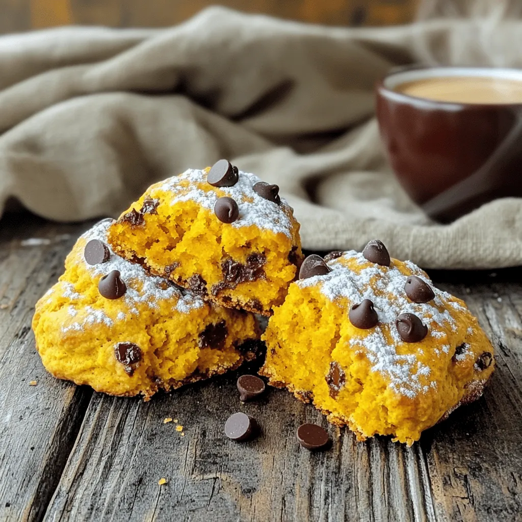 - 2 cups all-purpose flour - 1/2 cup brown sugar - 1 tablespoon baking powder - 1/2 teaspoon baking soda - 1/2 teaspoon salt - 1 teaspoon ground cinnamon - 1/2 teaspoon ground nutmeg - 1/4 teaspoon ground ginger - 1/2 cup cold unsalted butter, cubed - 1/2 cup pumpkin puree - 1/4 cup milk - 1 large egg - 1/2 cup semi-sweet chocolate chips When I make chocolate chip pumpkin scones, I love using fresh ingredients. Fresh flour and sugar make a big difference. For the butter, I use cold unsalted butter. It helps create a light and flaky texture. I suggest brands like King Arthur Flour for flour and Domino for brown sugar. These brands have great quality. They help to achieve the best flavor in your scones. You can swap out the all-purpose flour for a gluten-free blend if needed. Instead of brown sugar, you can use coconut sugar for a healthier option. If you want a dairy-free version, try coconut milk instead of regular milk. When you gather these ingredients, you set the stage for a cozy baking experience. Each one plays a role in making these scones a delightful fall treat. If you want to see the full recipe, check out the section on it. First, set your oven to 400°F (200°C). This helps the scones rise and bake evenly. While the oven heats, grab a baking sheet. Line it with parchment paper. This makes clean-up easier and keeps the scones from sticking. In a large bowl, add the dry ingredients. Combine 2 cups of all-purpose flour, 1/2 cup of brown sugar, 1 tablespoon of baking powder, 1/2 teaspoon of baking soda, and 1/2 teaspoon of salt. Next, add 1 teaspoon of ground cinnamon, 1/2 teaspoon of ground nutmeg, and 1/4 teaspoon of ground ginger. Whisk everything well. This step adds flavor and ensures even mixing. Now, in a separate bowl, mix the wet ingredients. Add 1/2 cup of pumpkin puree, 1/4 cup of milk, and 1 large egg. Whisk until smooth. Pour this mixture into the dry ingredients. Stir gently until combined. Be careful not to over-mix; a few lumps are okay. Finally, fold in 1/2 cup of semi-sweet chocolate chips for that sweet touch. Turn the dough out onto a floured surface. Gently knead it a few times until it holds together. Pat the dough into a circle about 1-inch thick. Use a knife or pizza cutter to slice the dough into 8 wedges. Place the wedges on your prepared baking sheet. Bake the scones for 15-18 minutes. They should turn golden brown on the edges. Keep an eye on them to avoid over-baking. Once done, take them out and let them cool for a few minutes. Then, transfer them to a wire rack to cool completely. Enjoy your warm scones fresh from the oven! For the complete details, check the Full Recipe. To make the best chocolate chip pumpkin scones, focus on the texture and flavor. Start with cold butter. This keeps the scones flaky. When you mix the butter with flour, aim for pea-sized pieces. This helps create that tender bite. Use fresh spices like cinnamon and nutmeg. They add warmth and depth. Don't skip the chocolate chips; they bring sweetness and fun. If you want a richer flavor, try dark chocolate chips. One common mistake is over-mixing the dough. Mix only until combined. This keeps the scones light and fluffy. Make sure your baking powder is fresh. Old baking powder won’t help the scones rise. Also, watch the baking time. Every oven is different. Start checking at 15 minutes. The edges should be golden brown. If you bake too long, the scones may dry out. Serve your scones warm for the best taste. They pair well with tea or coffee. For a special touch, dust them with powdered sugar. You can also add a simple glaze made from powdered sugar and milk. To store, keep them in an airtight container. This helps them stay fresh. If you want to freeze them, wrap each scone in plastic wrap. They will last for up to a month. When ready to eat, just thaw and reheat. For the full recipe, check out the details above. {{image_2}} You can easily make these scones gluten-free. Just swap all-purpose flour for a gluten-free blend. Look for a blend that includes xanthan gum. This helps mimic the texture of regular flour. Follow the same recipe steps. You'll enjoy the same great taste! To make vegan chocolate chip pumpkin scones, replace the butter with coconut oil or a vegan butter. Use plant-based milk instead of regular milk. For the egg, you can use a flaxseed egg. Mix one tablespoon of flaxseed meal with three tablespoons of water. Let it sit for five minutes. This will help bind the ingredients. You can add more flavor to your scones. Here are a few ideas: - Nuts: Chopped walnuts or pecans can add a nice crunch. - Spices: Try adding cardamom or allspice for a warm twist. - Citrus: A bit of orange or lemon zest brightens the taste. - Dried fruit: Add raisins or cranberries for extra sweetness. Feel free to experiment! Each addition brings a unique touch to your fall treat. For full details on making these scones, check the Full Recipe. To keep your scones fresh, store them in an airtight container. They will stay good for about two days at room temperature. If you want them to last longer, the fridge is a good option. Just make sure the container is sealed tight. This keeps them soft and tasty. You can freeze chocolate chip pumpkin scones for up to three months. To do this, let them cool completely. Then, wrap each scone in plastic wrap. Place the wrapped scones in a freezer bag. Be sure to remove as much air as possible. When you want to enjoy them, just take them out and let them thaw in the fridge overnight. To reheat scones, you can use the oven or microwave. For the oven, preheat it to 350°F (175°C). Place the scones on a baking sheet and warm them for about 10 minutes. This helps them regain their fresh-baked taste. If using a microwave, heat each scone for about 15-20 seconds. Be careful not to overheat, or they may become dry. Enjoy your scones warm! Check the Full Recipe for additional tips. You can use mashed banana or applesauce. These options add moisture and sweetness. You can also use butternut squash puree if you want a similar flavor. Both choices work well in this recipe. Just keep the amount the same as pumpkin puree. Yes, you can! Make the dough ahead of time and chill it. Wrap the dough in plastic wrap and place it in the fridge. You can keep it there for up to two days. When ready to bake, cut the scones and place them on the baking sheet. Bake as usual for a fresh treat. Scones are done when they turn golden brown on the edges. You can also insert a toothpick into the center. If it comes out clean, the scones are ready. The baking time is usually 15 to 18 minutes. Keep an eye on them towards the end. These scones taste great with a hot drink. Serve them with tea or coffee. You can also pair them with cream cheese or butter. A drizzle of maple syrup adds a nice touch too. Enjoy them warm for the best flavor. For the full recipe, check out the details above! We covered the key ingredients for tasty chocolate chip pumpkin scones. You now know the step-by-step methods, helpful tips, and various options. With these instructions, you can bake perfect scones that suit your taste. Experiment with flavors and variations to find your favorite. Lastly, don’t forget to store extras properly! Enjoy your time in the kitchen, and share these treats with friends and family. Happy baking!