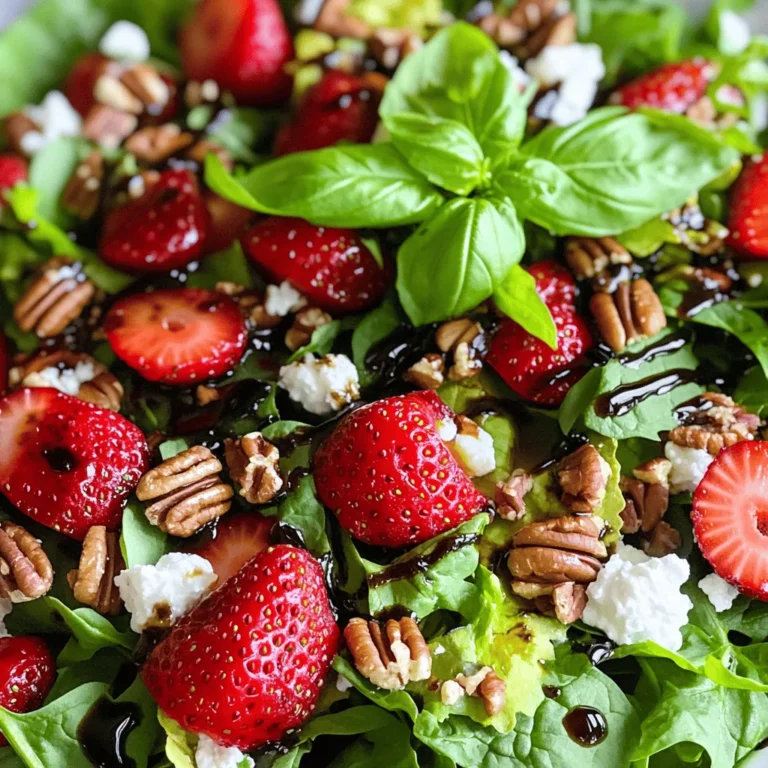 - 2 cups fresh strawberries - 4 cups mixed baby greens (spinach, arugula, romaine) - 1/4 cup crumbled goat cheese - 1/4 cup pecans (roughly chopped) - 1/4 cup balsamic glaze - 2 tablespoons olive oil - Salt and pepper to taste - Fresh basil leaves (for garnish) You need ripe strawberries for this salad. They add sweet, juicy flavor. I recommend using a mix of greens. Spinach, arugula, and romaine create a nice crunch. Goat cheese brings tanginess, while pecans add a rich nutty taste. For the dressing, balsamic glaze gives a sweet and tart kick. Olive oil smooths it out. Salt and pepper round it all off. This salad is bright and fresh. It makes a great side dish or light meal. If you want the full recipe, check out the Balsamic Strawberry Delight Salad. First, grab a large salad bowl. You need to combine the mixed baby greens and sliced strawberries. It is best to use fresh greens like spinach, arugula, and romaine. The mix adds great texture and flavor. When you add the greens, make sure they are clean and dry. Then, toss in the sliced strawberries. Their sweet taste pairs well with the greens and adds color. Next, it’s time to sprinkle on the crumbled goat cheese and roughly chopped pecans. The goat cheese adds a creamy touch. The pecans give a nice crunch. These toppings elevate your salad and make it feel special. You can adjust the amount based on your taste. If you love cheese, add more! Now, let’s make the dressing. In a small bowl, whisk together the balsamic glaze, olive oil, salt, and pepper. Start with a few tablespoons of balsamic glaze. It should be sweet and tangy. Then, add olive oil to balance the flavors. Mix until well combined. Drizzle this dressing over the salad and toss gently. Make sure everything is coated nicely. Taste your salad and adjust the seasoning if needed. You can add more salt or pepper. Lastly, garnish with fresh basil leaves for that extra pop of flavor. For the full recipe, check out the Balsamic Strawberry Delight Salad. You can make this salad your own! Here are some great ideas: - Add nuts: Try walnuts or almonds for crunch. - Include fruits: Blueberries or sliced peaches work well. - Choose cheeses: Feta or mozzarella can change the flavor. For greens, I love mixing different types. Here are some good choices: - Spinach for its soft texture. - Arugula for a peppery kick. - Romaine for a nice crunch. The dressing can be adjusted to your taste. If you like it sweeter, add more balsamic glaze. If you want it tangy, increase the olive oil. To store leftover dressing, keep it in a sealed jar in the fridge. It can last up to a week. Just give it a good shake before using it again. Make your salad look great on the plate! Here are some ideas: - Garnish with basil leaves. They add color and flavor. - Use a large, shallow bowl. It shows off the colors well. For serving, try clear glass bowls. They let the bright colors shine through. You can also use wooden boards for a rustic touch. Enjoy your beautifully presented salad! {{image_2}} You can make your salad even better by adding seasonal fruits. Try peaches, blueberries, or even kiwi. These fruits can add sweetness and color. You can also use dried fruits like cranberries or apricots. Dried fruits give a chewy texture and a burst of flavor to each bite. They also add a nice contrast to the fresh greens. Want to make your salad a meal? You can add protein like grilled chicken, shrimp, or tofu. Chicken gives a nice, savory taste. Shrimp adds a light and sweet flavor. For a vegetarian option, tofu works great. You can grill or sauté it for extra flavor. Adding protein makes the salad filling and satisfying. While balsamic glaze is tasty, you can try other dressings too. Homemade vinaigrettes can add a personal touch. Mix olive oil, vinegar, and herbs for a bright flavor. You can also swap dressings based on your diet. If you want something lighter, try a lemon dressing. For creaminess, a yogurt-based dressing works well. The right dressing can change the whole feel of the salad. Explore the [Full Recipe] for more ideas and tips! To keep your Balsamic Strawberry Salad fresh, store it in an airtight container. This helps seal in the flavors and keeps the greens crisp. Always keep the dressing separate until you are ready to eat. This prevents the greens from wilting. The salad stays fresh in the fridge for about 2 days. You cannot freeze this salad as a whole. Freezing will change the texture of the greens and strawberries. However, you can freeze individual components. For instance, you can freeze sliced strawberries. Just wash and slice them first. Place them in a sealed bag or container. When you're ready, thaw them in the fridge overnight. If you add cooked toppings, such as chicken or quinoa, you can reheat them. Warm them in the microwave or a pan on low heat. Do this just before serving. Assemble your salad right before eating to keep it fresh. Toss in the toppings and dressing at the last moment for the best taste. To make balsamic vinaigrette, mix simple ingredients. Start with 1/4 cup of balsamic vinegar. Add 1/2 cup of olive oil for a smooth base. Mix in 1 teaspoon of Dijon mustard for flavor. Then, add salt and pepper to taste. Whisk all ingredients until they blend well. This vinaigrette is perfect for your Balsamic Strawberry Salad. Yes, you can use different cheeses in this salad. Feta cheese adds a salty kick. Blue cheese gives a strong flavor that many enjoy. If you prefer a milder taste, try mozzarella or ricotta. Each cheese brings a unique taste, so feel free to experiment! This salad goes well with many meals. You can serve it with grilled chicken for protein. It also pairs nicely with fish, like salmon or tilapia. For a vegetarian option, try it with quinoa or a grain bowl. These dishes will complement the salad’s fresh and fruity flavors. When selecting strawberries, look for bright red color. They should have a shiny surface and be firm to touch. Check for green caps, as they show freshness. Avoid berries with soft spots or mold. Ripe strawberries taste sweet and juicy, making them perfect for your salad. This Balsamic Strawberry Salad is fresh, simple, and full of flavor. We mixed greens and strawberries, topped them with goat cheese and pecans, and drizzled a tasty balsamic dressing. You can customize it with proteins or other fruits. Remember to store leftovers properly to enjoy later. Making this salad is a fun way to eat healthy. Try it out, and enjoy a delicious meal that feels special without much fuss. Your taste buds will thank you!
