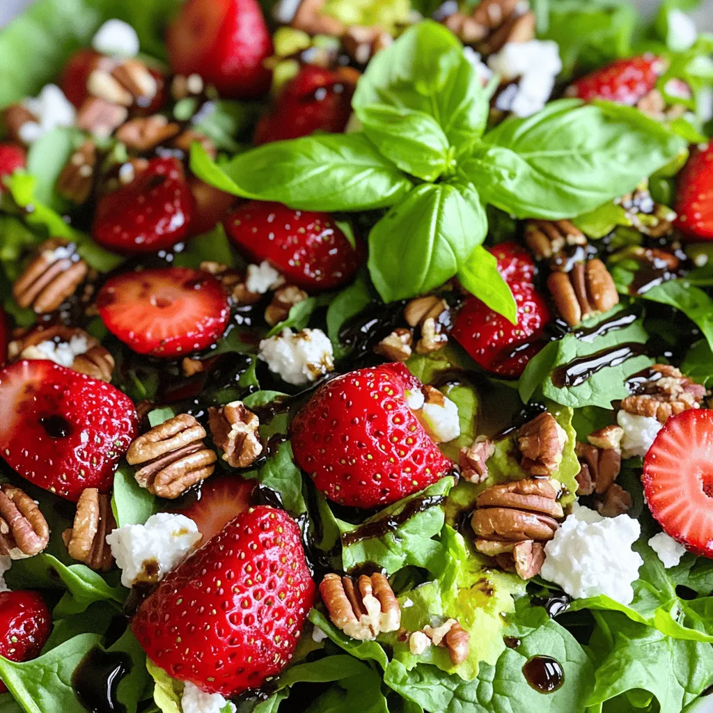- 2 cups fresh strawberries - 4 cups mixed baby greens (spinach, arugula, romaine) - 1/4 cup crumbled goat cheese - 1/4 cup pecans (roughly chopped) - 1/4 cup balsamic glaze - 2 tablespoons olive oil - Salt and pepper to taste - Fresh basil leaves (for garnish) You need ripe strawberries for this salad. They add sweet, juicy flavor. I recommend using a mix of greens. Spinach, arugula, and romaine create a nice crunch. Goat cheese brings tanginess, while pecans add a rich nutty taste. For the dressing, balsamic glaze gives a sweet and tart kick. Olive oil smooths it out. Salt and pepper round it all off. This salad is bright and fresh. It makes a great side dish or light meal. If you want the full recipe, check out the Balsamic Strawberry Delight Salad. First, grab a large salad bowl. You need to combine the mixed baby greens and sliced strawberries. It is best to use fresh greens like spinach, arugula, and romaine. The mix adds great texture and flavor. When you add the greens, make sure they are clean and dry. Then, toss in the sliced strawberries. Their sweet taste pairs well with the greens and adds color. Next, it’s time to sprinkle on the crumbled goat cheese and roughly chopped pecans. The goat cheese adds a creamy touch. The pecans give a nice crunch. These toppings elevate your salad and make it feel special. You can adjust the amount based on your taste. If you love cheese, add more! Now, let’s make the dressing. In a small bowl, whisk together the balsamic glaze, olive oil, salt, and pepper. Start with a few tablespoons of balsamic glaze. It should be sweet and tangy. Then, add olive oil to balance the flavors. Mix until well combined. Drizzle this dressing over the salad and toss gently. Make sure everything is coated nicely. Taste your salad and adjust the seasoning if needed. You can add more salt or pepper. Lastly, garnish with fresh basil leaves for that extra pop of flavor. For the full recipe, check out the Balsamic Strawberry Delight Salad. You can make this salad your own! Here are some great ideas: - Add nuts: Try walnuts or almonds for crunch. - Include fruits: Blueberries or sliced peaches work well. - Choose cheeses: Feta or mozzarella can change the flavor. For greens, I love mixing different types. Here are some good choices: - Spinach for its soft texture. - Arugula for a peppery kick. - Romaine for a nice crunch. The dressing can be adjusted to your taste. If you like it sweeter, add more balsamic glaze. If you want it tangy, increase the olive oil. To store leftover dressing, keep it in a sealed jar in the fridge. It can last up to a week. Just give it a good shake before using it again. Make your salad look great on the plate! Here are some ideas: - Garnish with basil leaves. They add color and flavor. - Use a large, shallow bowl. It shows off the colors well. For serving, try clear glass bowls. They let the bright colors shine through. You can also use wooden boards for a rustic touch. Enjoy your beautifully presented salad! {{image_2}} You can make your salad even better by adding seasonal fruits. Try peaches, blueberries, or even kiwi. These fruits can add sweetness and color. You can also use dried fruits like cranberries or apricots. Dried fruits give a chewy texture and a burst of flavor to each bite. They also add a nice contrast to the fresh greens. Want to make your salad a meal? You can add protein like grilled chicken, shrimp, or tofu. Chicken gives a nice, savory taste. Shrimp adds a light and sweet flavor. For a vegetarian option, tofu works great. You can grill or sauté it for extra flavor. Adding protein makes the salad filling and satisfying. While balsamic glaze is tasty, you can try other dressings too. Homemade vinaigrettes can add a personal touch. Mix olive oil, vinegar, and herbs for a bright flavor. You can also swap dressings based on your diet. If you want something lighter, try a lemon dressing. For creaminess, a yogurt-based dressing works well. The right dressing can change the whole feel of the salad. Explore the [Full Recipe] for more ideas and tips! To keep your Balsamic Strawberry Salad fresh, store it in an airtight container. This helps seal in the flavors and keeps the greens crisp. Always keep the dressing separate until you are ready to eat. This prevents the greens from wilting. The salad stays fresh in the fridge for about 2 days. You cannot freeze this salad as a whole. Freezing will change the texture of the greens and strawberries. However, you can freeze individual components. For instance, you can freeze sliced strawberries. Just wash and slice them first. Place them in a sealed bag or container. When you're ready, thaw them in the fridge overnight. If you add cooked toppings, such as chicken or quinoa, you can reheat them. Warm them in the microwave or a pan on low heat. Do this just before serving. Assemble your salad right before eating to keep it fresh. Toss in the toppings and dressing at the last moment for the best taste. To make balsamic vinaigrette, mix simple ingredients. Start with 1/4 cup of balsamic vinegar. Add 1/2 cup of olive oil for a smooth base. Mix in 1 teaspoon of Dijon mustard for flavor. Then, add salt and pepper to taste. Whisk all ingredients until they blend well. This vinaigrette is perfect for your Balsamic Strawberry Salad. Yes, you can use different cheeses in this salad. Feta cheese adds a salty kick. Blue cheese gives a strong flavor that many enjoy. If you prefer a milder taste, try mozzarella or ricotta. Each cheese brings a unique taste, so feel free to experiment! This salad goes well with many meals. You can serve it with grilled chicken for protein. It also pairs nicely with fish, like salmon or tilapia. For a vegetarian option, try it with quinoa or a grain bowl. These dishes will complement the salad’s fresh and fruity flavors. When selecting strawberries, look for bright red color. They should have a shiny surface and be firm to touch. Check for green caps, as they show freshness. Avoid berries with soft spots or mold. Ripe strawberries taste sweet and juicy, making them perfect for your salad. This Balsamic Strawberry Salad is fresh, simple, and full of flavor. We mixed greens and strawberries, topped them with goat cheese and pecans, and drizzled a tasty balsamic dressing. You can customize it with proteins or other fruits. Remember to store leftovers properly to enjoy later. Making this salad is a fun way to eat healthy. Try it out, and enjoy a delicious meal that feels special without much fuss. Your taste buds will thank you!