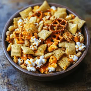 Buffalo Ranch Chex Mix is a tasty snack. It combines crunchy cereals, nuts, and spices. You can enjoy it at parties, game days, or movie nights. This mix offers a spicy kick with ranch flavor. It’s easy to make and fun to share. To make Buffalo Ranch Chex Mix, gather these items: - 3 cups Rice Chex cereal - 3 cups Corn Chex cereal - 2 cups pretzel knots - 1 cup mixed nuts (cashews, almonds, peanuts) - 1 cup popcorn - 1/2 cup unsalted butter - 1/2 cup buffalo sauce (adjust for heat preference) - 1 packet ranch dressing mix (about 1 ounce) - 1 teaspoon garlic powder - 1 teaspoon onion powder - 1/2 teaspoon smoked paprika - 1/4 teaspoon cayenne pepper (optional for extra heat) If you want to change the servings, here’s a quick guide: - For 5 servings: Halve each ingredient. - For 20 servings: Double each ingredient. This way, you can easily adjust the recipe based on your needs. First, set your oven to 250°F (120°C). This low heat helps the mix get crunchy. Line a large baking sheet with parchment paper. This keeps the mix from sticking and makes cleanup easy. In a large bowl, add the Rice Chex, Corn Chex, pretzel knots, mixed nuts, and popcorn. Mix them well. This is the base of your snack. Each piece will soak up the flavors nicely. Take a small saucepan and melt the unsalted butter over medium heat. Once it melts, take it off the heat. Add the buffalo sauce, ranch dressing mix, garlic powder, onion powder, smoked paprika, and cayenne pepper if you like it hot. Whisk until smooth. This sauce gives your Chex mix its signature kick. Pour the buffalo sauce mixture over the dry ingredients. Be gentle as you stir. You want every piece to be coated evenly. This is what makes the mix so tasty! Spread the coated mix onto the prepared baking sheet. Bake it in the preheated oven for one hour. Every 15 minutes, give it a stir. This helps it toast evenly. When it’s done, take it out and let it cool completely on the baking sheet. Once cool, store it in an airtight container. Enjoy your Buffalo Ranch Chex Mix! To get the best crunch, use fresh cereal. Stale cereal can make your mix soggy. Bake at a low temperature. This keeps the mix crispy. Stir every 15 minutes during baking. This helps all pieces toast evenly. Let it cool fully before storing. Warm snacks can trap moisture. Adjust the buffalo sauce to fit your taste. Love spice? Add more. Prefer mild? Use less. Toss in extra seasonings like onion powder or garlic powder. Mix in fresh herbs for a pop of flavor. Fresh parsley or chives can brighten the dish. A squeeze of lemon juice adds zest too. Don’t rush the mixing step. Make sure all pieces are coated well. Skipping this can lead to bland bites. Avoid using too much butter. It can make the snack greasy. Lastly, remember to let it cool completely before storing. This helps keep the texture light and crunchy. For the full recipe, check out the detailed cooking instructions above. {{image_2}} If you love heat, you can spice up your Buffalo Ranch Chex Mix. Start with more cayenne pepper. Just add a bit more than the recipe calls for. You can also use hotter sauces. Try a ghost pepper sauce for a fiery kick. This gives the mix a nice, bold flavor that will wake up your taste buds. You can change up the mix by adding different cereals and nuts. Try using Cheerios or Kix for a fun twist. You can also swap the mixed nuts for your favorites. Pecans or walnuts can add a nice crunch. Adding mini pretzels instead of pretzel knots works well too. The key is to keep the balance of flavors. Want to make a gluten-free version? Use gluten-free Chex cereals and gluten-free pretzels. For a vegan option, swap the butter for coconut oil. Make sure to choose a vegan ranch mix too. These swaps keep the flavor while meeting different diet needs. Enjoy your snack without worry! I suggest using airtight containers for storing your Buffalo Ranch Chex Mix. Glass jars work great. You can also use plastic containers with tight lids. Zip-top bags are a good choice too. Make sure to remove as much air as possible when sealing them. When stored properly, your Buffalo Ranch Chex Mix can last up to two weeks. Keep it in a cool, dry place. Avoid direct sunlight, as heat can make the mix stale. If you notice any soft pieces, it might lose its crunch. If your Buffalo Ranch Chex Mix goes stale, don’t worry! You can bring back the crunch easily. Preheat your oven to 250°F (120°C). Spread the mix on a baking sheet. Bake it for about 10 minutes. Let it cool before storing it again. This trick works wonders! Yes, you can make Buffalo Ranch Chex Mix ahead of time. In fact, it tastes even better after a day. Just store it in an airtight container. This keeps it fresh and crunchy. I often make a big batch for parties. It’s a great snack for game days or movie nights. If you want to swap out the mixed nuts, there are many options. You can use seeds, like pumpkin or sunflower seeds. Dried fruits can add a sweet touch. You might also try adding more pretzels or popcorn to fill the mix. Get creative with your favorite snacks. The spice level depends on the buffalo sauce you choose. Some sauces are mild while others pack a punch. Start with half the amount if you want less heat. You can always add more later. The goal is to find the right balance for your taste. Yes, homemade ranch seasoning works great in this recipe. Just mix dried herbs like dill, parsley, and garlic powder. Use the same amount as the packet for best results. This gives you control over the flavors and freshness. Plus, it’s a fun way to customize your snack! You learned how to make Buffalo Ranch Chex Mix from start to finish. We covered ingredients, cooking steps, and plenty of tips for success. Remember to explore variations for your taste or diet needs. Proper storage keeps your mix fresh and tasty. Whether for a party or a snack, this mix hits the spot. Enjoy your crunchy, flavorful creation!