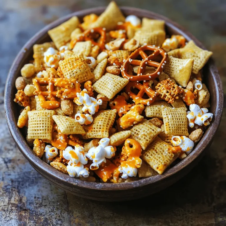 Buffalo Ranch Chex Mix is a tasty snack. It combines crunchy cereals, nuts, and spices. You can enjoy it at parties, game days, or movie nights. This mix offers a spicy kick with ranch flavor. It’s easy to make and fun to share. To make Buffalo Ranch Chex Mix, gather these items: - 3 cups Rice Chex cereal - 3 cups Corn Chex cereal - 2 cups pretzel knots - 1 cup mixed nuts (cashews, almonds, peanuts) - 1 cup popcorn - 1/2 cup unsalted butter - 1/2 cup buffalo sauce (adjust for heat preference) - 1 packet ranch dressing mix (about 1 ounce) - 1 teaspoon garlic powder - 1 teaspoon onion powder - 1/2 teaspoon smoked paprika - 1/4 teaspoon cayenne pepper (optional for extra heat) If you want to change the servings, here’s a quick guide: - For 5 servings: Halve each ingredient. - For 20 servings: Double each ingredient. This way, you can easily adjust the recipe based on your needs. First, set your oven to 250°F (120°C). This low heat helps the mix get crunchy. Line a large baking sheet with parchment paper. This keeps the mix from sticking and makes cleanup easy. In a large bowl, add the Rice Chex, Corn Chex, pretzel knots, mixed nuts, and popcorn. Mix them well. This is the base of your snack. Each piece will soak up the flavors nicely. Take a small saucepan and melt the unsalted butter over medium heat. Once it melts, take it off the heat. Add the buffalo sauce, ranch dressing mix, garlic powder, onion powder, smoked paprika, and cayenne pepper if you like it hot. Whisk until smooth. This sauce gives your Chex mix its signature kick. Pour the buffalo sauce mixture over the dry ingredients. Be gentle as you stir. You want every piece to be coated evenly. This is what makes the mix so tasty! Spread the coated mix onto the prepared baking sheet. Bake it in the preheated oven for one hour. Every 15 minutes, give it a stir. This helps it toast evenly. When it’s done, take it out and let it cool completely on the baking sheet. Once cool, store it in an airtight container. Enjoy your Buffalo Ranch Chex Mix! To get the best crunch, use fresh cereal. Stale cereal can make your mix soggy. Bake at a low temperature. This keeps the mix crispy. Stir every 15 minutes during baking. This helps all pieces toast evenly. Let it cool fully before storing. Warm snacks can trap moisture. Adjust the buffalo sauce to fit your taste. Love spice? Add more. Prefer mild? Use less. Toss in extra seasonings like onion powder or garlic powder. Mix in fresh herbs for a pop of flavor. Fresh parsley or chives can brighten the dish. A squeeze of lemon juice adds zest too. Don’t rush the mixing step. Make sure all pieces are coated well. Skipping this can lead to bland bites. Avoid using too much butter. It can make the snack greasy. Lastly, remember to let it cool completely before storing. This helps keep the texture light and crunchy. For the full recipe, check out the detailed cooking instructions above. {{image_2}} If you love heat, you can spice up your Buffalo Ranch Chex Mix. Start with more cayenne pepper. Just add a bit more than the recipe calls for. You can also use hotter sauces. Try a ghost pepper sauce for a fiery kick. This gives the mix a nice, bold flavor that will wake up your taste buds. You can change up the mix by adding different cereals and nuts. Try using Cheerios or Kix for a fun twist. You can also swap the mixed nuts for your favorites. Pecans or walnuts can add a nice crunch. Adding mini pretzels instead of pretzel knots works well too. The key is to keep the balance of flavors. Want to make a gluten-free version? Use gluten-free Chex cereals and gluten-free pretzels. For a vegan option, swap the butter for coconut oil. Make sure to choose a vegan ranch mix too. These swaps keep the flavor while meeting different diet needs. Enjoy your snack without worry! I suggest using airtight containers for storing your Buffalo Ranch Chex Mix. Glass jars work great. You can also use plastic containers with tight lids. Zip-top bags are a good choice too. Make sure to remove as much air as possible when sealing them. When stored properly, your Buffalo Ranch Chex Mix can last up to two weeks. Keep it in a cool, dry place. Avoid direct sunlight, as heat can make the mix stale. If you notice any soft pieces, it might lose its crunch. If your Buffalo Ranch Chex Mix goes stale, don’t worry! You can bring back the crunch easily. Preheat your oven to 250°F (120°C). Spread the mix on a baking sheet. Bake it for about 10 minutes. Let it cool before storing it again. This trick works wonders! Yes, you can make Buffalo Ranch Chex Mix ahead of time. In fact, it tastes even better after a day. Just store it in an airtight container. This keeps it fresh and crunchy. I often make a big batch for parties. It’s a great snack for game days or movie nights. If you want to swap out the mixed nuts, there are many options. You can use seeds, like pumpkin or sunflower seeds. Dried fruits can add a sweet touch. You might also try adding more pretzels or popcorn to fill the mix. Get creative with your favorite snacks. The spice level depends on the buffalo sauce you choose. Some sauces are mild while others pack a punch. Start with half the amount if you want less heat. You can always add more later. The goal is to find the right balance for your taste. Yes, homemade ranch seasoning works great in this recipe. Just mix dried herbs like dill, parsley, and garlic powder. Use the same amount as the packet for best results. This gives you control over the flavors and freshness. Plus, it’s a fun way to customize your snack! You learned how to make Buffalo Ranch Chex Mix from start to finish. We covered ingredients, cooking steps, and plenty of tips for success. Remember to explore variations for your taste or diet needs. Proper storage keeps your mix fresh and tasty. Whether for a party or a snack, this mix hits the spot. Enjoy your crunchy, flavorful creation!