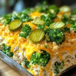 When making Pickle Ranch Chicken and Broccoli Casserole, you need some key ingredients. Here’s what you will need: - 2 cups cooked chicken, shredded - 3 cups broccoli florets, steamed - 1 cup pickles, chopped (dill works best) - 1 cup ranch dressing - 1 cup shredded cheddar cheese - 1/2 cup cream cheese, softened - 1 teaspoon garlic powder - 1 teaspoon onion powder - 1/2 teaspoon salt - 1/4 teaspoon black pepper - 1/4 cup breadcrumbs (optional, for topping) These ingredients create a tasty and rich flavor. The pickles add a fun twist that makes this dish special. You can add your own flair to this casserole. Here are some ideas: - Use rotisserie chicken for quick prep. - Swap broccoli for green beans or spinach. - Try ranch dip instead of ranch dressing for a thicker mix. - Change the cheese! Use mozzarella or pepper jack for more kick. These optional ingredients can help you customize the dish to your taste. Understanding the nutrition in your meal is key. Here’s a simple breakdown per serving: - Calories: About 320 - Protein: 24g - Carbohydrates: 10g - Fat: 20g - Fiber: 2g This casserole is not just tasty, but it also gives you good protein and flavor. Enjoy the Full Recipe to see how simple it is to make this dish. To start, gather all your ingredients. You will need: - 2 cups cooked chicken, shredded - 3 cups broccoli florets, steamed - 1 cup pickles, chopped - 1 cup ranch dressing - 1 cup shredded cheddar cheese - 1/2 cup cream cheese, softened - 1 teaspoon garlic powder - 1 teaspoon onion powder - 1/2 teaspoon salt - 1/4 teaspoon black pepper - 1/4 cup breadcrumbs (optional) Make sure the chicken is cooked and shredded. Steam the broccoli until it is bright green and tender. Chop the pickles into small pieces. This blend of flavors is what makes this casserole special. Now, let's mix everything together. In a large bowl, combine the shredded chicken, steamed broccoli, and chopped pickles. In another bowl, mix the ranch dressing, softened cream cheese, garlic powder, onion powder, salt, and black pepper. Blend them well until smooth. Pour this creamy mixture over the chicken, broccoli, and pickles. Stir gently to coat all the pieces evenly. Next, transfer everything to a greased 9x13 inch baking dish. Top with shredded cheddar cheese for a cheesy finish. If you like a crunchy topping, sprinkle breadcrumbs over the cheese. Preheat your oven to 350°F (175°C) and bake the casserole for 25-30 minutes. It’s ready when the cheese is bubbly and golden brown. Let it cool for a few minutes before serving. For a creamy and rich texture, use softened cream cheese. This helps it blend smoothly with the ranch dressing. Make sure to steam the broccoli just right. Overcooking can make it mushy. If you want a crispy topping, bake the casserole without covering it. This allows the cheese to brown nicely. You can also add more cheese for an extra gooey texture. If you follow these tips, your Pickle Ranch Chicken and Broccoli Casserole will turn out delicious every time! For the full recipe, check out the [Full Recipe]. When making Pickle Ranch Chicken and Broccoli Casserole, avoid undercooking your broccoli. Cook it until it is tender but still bright green. If you skip this step, the broccoli may turn mushy in the oven. Another mistake is not mixing the ranch dressing well. Make sure the cream cheese blends completely for a smooth taste. Lastly, don’t use stale breadcrumbs if you decide to add a topping. Fresh breadcrumbs give a better crunch. You can easily change the flavor of your casserole. Want it spicy? Add some diced jalapeños or a dash of hot sauce. For a tangy twist, try using sweet pickles instead of dill. You can also swap ranch dressing for blue cheese or a yogurt-based dressing. If you love herbs, mix in fresh dill or parsley. Each twist adds a new element and keeps it exciting! Serve your casserole hot and bubbly right from the oven. Garnish with fresh parsley for a pop of color. You can also add extra pickle slices on top for a fun look and flavor. This dish pairs well with a fresh garden salad or crusty bread. For a complete meal, serve it with rice or quinoa on the side. For the full recipe, check out the details above! {{image_2}} You can switch chicken for other proteins. Try turkey or pork for a new taste. These meats blend well with the pickles and ranch dressing. If you want a lighter option, use shredded rotisserie chicken. It adds great flavor with less work. Each protein brings its own flavor twist to the dish. If you want a meat-free meal, go for a vegetarian version. Replace the chicken with chickpeas or white beans. They add protein and fiber. You can also use mushrooms for a savory bite. Make sure to keep the broccoli and pickles for that crunch and tang. This version tastes great and is filling. You can easily swap ingredients to fit your diet. If you're dairy-free, try plant-based cream cheese and cheese alternatives. For gluten-free options, use gluten-free breadcrumbs. You can also use Greek yogurt instead of ranch dressing for a healthier twist. These swaps keep the casserole tasty while meeting your needs. For the full recipe, check out the details above. Enjoy making it your own! After enjoying your casserole, let it cool first. Place any leftovers in an airtight container. Store it in the fridge. This dish stays fresh for up to three days. If you want to keep it longer, try freezing it. To reheat, take the casserole out of the fridge. Preheat your oven to 350°F (175°C). Cover the dish with aluminum foil. Heat for about 20-25 minutes. Check if it's hot all the way through before serving. You can also use a microwave for quicker reheating. Just heat one serving at a time. If you want to freeze the casserole, cool it completely first. Place it in a freezer-safe dish. Wrap it tightly with plastic wrap and foil. It can last for up to three months in the freezer. When ready to eat, let it thaw in the fridge overnight before reheating. This way, you still get that great taste from the Full Recipe. Yes, you can use frozen broccoli in this dish. Just thaw it first and drain any extra water. Frozen broccoli can save time and still taste great in the casserole. It adds a nice texture and flavor. If you don’t have ranch dressing, try using a mix of sour cream and herbs. You can also use yogurt mixed with garlic and dill. These options give a similar creamy texture and taste. You can even experiment with your favorite dressings. This casserole will last about three to four days in the fridge. Just cover it tightly with plastic wrap or foil. For the best taste, eat it within this time frame. Always check for any off smells or changes in texture before eating. Yes, you can prepare this casserole ahead of time. Just assemble it and cover it. You can store it in the fridge for up to a day before baking. This makes it easy for busy nights. Just pop it in the oven when you’re ready to eat. For the full recipe, check the details above. In this article, we explored the tasty Pickle Ranch Chicken and Broccoli Casserole. We covered key ingredients and shared optional swaps for your needs. You learned how to prepare and cook the dish for the best texture. I also shared tips to avoid common mistakes and ways to customize flavors. Finally, we discussed variations, storage tips, and answered common questions. This casserole offers great flavor and is easy to make. Enjoy crafting your perfect dish!