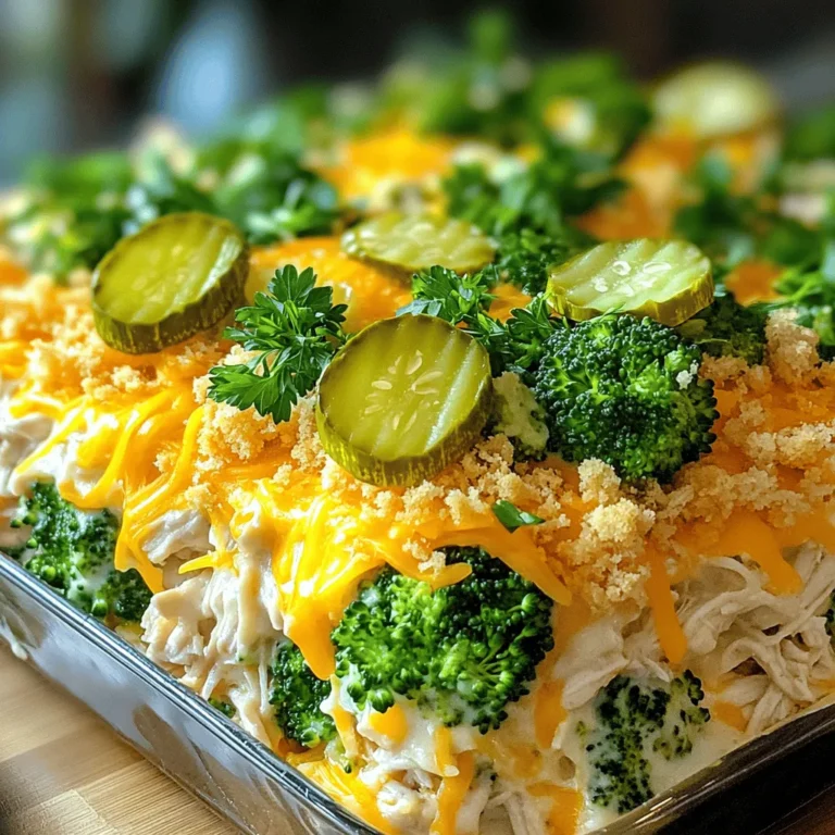 When making Pickle Ranch Chicken and Broccoli Casserole, you need some key ingredients. Here’s what you will need: - 2 cups cooked chicken, shredded - 3 cups broccoli florets, steamed - 1 cup pickles, chopped (dill works best) - 1 cup ranch dressing - 1 cup shredded cheddar cheese - 1/2 cup cream cheese, softened - 1 teaspoon garlic powder - 1 teaspoon onion powder - 1/2 teaspoon salt - 1/4 teaspoon black pepper - 1/4 cup breadcrumbs (optional, for topping) These ingredients create a tasty and rich flavor. The pickles add a fun twist that makes this dish special. You can add your own flair to this casserole. Here are some ideas: - Use rotisserie chicken for quick prep. - Swap broccoli for green beans or spinach. - Try ranch dip instead of ranch dressing for a thicker mix. - Change the cheese! Use mozzarella or pepper jack for more kick. These optional ingredients can help you customize the dish to your taste. Understanding the nutrition in your meal is key. Here’s a simple breakdown per serving: - Calories: About 320 - Protein: 24g - Carbohydrates: 10g - Fat: 20g - Fiber: 2g This casserole is not just tasty, but it also gives you good protein and flavor. Enjoy the Full Recipe to see how simple it is to make this dish. To start, gather all your ingredients. You will need: - 2 cups cooked chicken, shredded - 3 cups broccoli florets, steamed - 1 cup pickles, chopped - 1 cup ranch dressing - 1 cup shredded cheddar cheese - 1/2 cup cream cheese, softened - 1 teaspoon garlic powder - 1 teaspoon onion powder - 1/2 teaspoon salt - 1/4 teaspoon black pepper - 1/4 cup breadcrumbs (optional) Make sure the chicken is cooked and shredded. Steam the broccoli until it is bright green and tender. Chop the pickles into small pieces. This blend of flavors is what makes this casserole special. Now, let's mix everything together. In a large bowl, combine the shredded chicken, steamed broccoli, and chopped pickles. In another bowl, mix the ranch dressing, softened cream cheese, garlic powder, onion powder, salt, and black pepper. Blend them well until smooth. Pour this creamy mixture over the chicken, broccoli, and pickles. Stir gently to coat all the pieces evenly. Next, transfer everything to a greased 9x13 inch baking dish. Top with shredded cheddar cheese for a cheesy finish. If you like a crunchy topping, sprinkle breadcrumbs over the cheese. Preheat your oven to 350°F (175°C) and bake the casserole for 25-30 minutes. It’s ready when the cheese is bubbly and golden brown. Let it cool for a few minutes before serving. For a creamy and rich texture, use softened cream cheese. This helps it blend smoothly with the ranch dressing. Make sure to steam the broccoli just right. Overcooking can make it mushy. If you want a crispy topping, bake the casserole without covering it. This allows the cheese to brown nicely. You can also add more cheese for an extra gooey texture. If you follow these tips, your Pickle Ranch Chicken and Broccoli Casserole will turn out delicious every time! For the full recipe, check out the [Full Recipe]. When making Pickle Ranch Chicken and Broccoli Casserole, avoid undercooking your broccoli. Cook it until it is tender but still bright green. If you skip this step, the broccoli may turn mushy in the oven. Another mistake is not mixing the ranch dressing well. Make sure the cream cheese blends completely for a smooth taste. Lastly, don’t use stale breadcrumbs if you decide to add a topping. Fresh breadcrumbs give a better crunch. You can easily change the flavor of your casserole. Want it spicy? Add some diced jalapeños or a dash of hot sauce. For a tangy twist, try using sweet pickles instead of dill. You can also swap ranch dressing for blue cheese or a yogurt-based dressing. If you love herbs, mix in fresh dill or parsley. Each twist adds a new element and keeps it exciting! Serve your casserole hot and bubbly right from the oven. Garnish with fresh parsley for a pop of color. You can also add extra pickle slices on top for a fun look and flavor. This dish pairs well with a fresh garden salad or crusty bread. For a complete meal, serve it with rice or quinoa on the side. For the full recipe, check out the details above! {{image_2}} You can switch chicken for other proteins. Try turkey or pork for a new taste. These meats blend well with the pickles and ranch dressing. If you want a lighter option, use shredded rotisserie chicken. It adds great flavor with less work. Each protein brings its own flavor twist to the dish. If you want a meat-free meal, go for a vegetarian version. Replace the chicken with chickpeas or white beans. They add protein and fiber. You can also use mushrooms for a savory bite. Make sure to keep the broccoli and pickles for that crunch and tang. This version tastes great and is filling. You can easily swap ingredients to fit your diet. If you're dairy-free, try plant-based cream cheese and cheese alternatives. For gluten-free options, use gluten-free breadcrumbs. You can also use Greek yogurt instead of ranch dressing for a healthier twist. These swaps keep the casserole tasty while meeting your needs. For the full recipe, check out the details above. Enjoy making it your own! After enjoying your casserole, let it cool first. Place any leftovers in an airtight container. Store it in the fridge. This dish stays fresh for up to three days. If you want to keep it longer, try freezing it. To reheat, take the casserole out of the fridge. Preheat your oven to 350°F (175°C). Cover the dish with aluminum foil. Heat for about 20-25 minutes. Check if it's hot all the way through before serving. You can also use a microwave for quicker reheating. Just heat one serving at a time. If you want to freeze the casserole, cool it completely first. Place it in a freezer-safe dish. Wrap it tightly with plastic wrap and foil. It can last for up to three months in the freezer. When ready to eat, let it thaw in the fridge overnight before reheating. This way, you still get that great taste from the Full Recipe. Yes, you can use frozen broccoli in this dish. Just thaw it first and drain any extra water. Frozen broccoli can save time and still taste great in the casserole. It adds a nice texture and flavor. If you don’t have ranch dressing, try using a mix of sour cream and herbs. You can also use yogurt mixed with garlic and dill. These options give a similar creamy texture and taste. You can even experiment with your favorite dressings. This casserole will last about three to four days in the fridge. Just cover it tightly with plastic wrap or foil. For the best taste, eat it within this time frame. Always check for any off smells or changes in texture before eating. Yes, you can prepare this casserole ahead of time. Just assemble it and cover it. You can store it in the fridge for up to a day before baking. This makes it easy for busy nights. Just pop it in the oven when you’re ready to eat. For the full recipe, check the details above. In this article, we explored the tasty Pickle Ranch Chicken and Broccoli Casserole. We covered key ingredients and shared optional swaps for your needs. You learned how to prepare and cook the dish for the best texture. I also shared tips to avoid common mistakes and ways to customize flavors. Finally, we discussed variations, storage tips, and answered common questions. This casserole offers great flavor and is easy to make. Enjoy crafting your perfect dish!