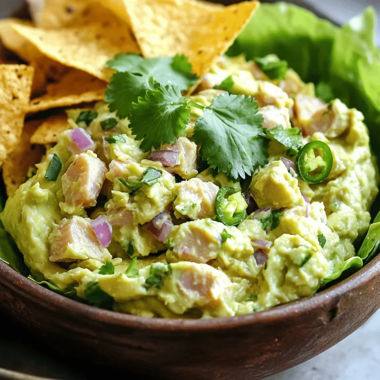 - 1 can of tuna in water, drained - 1 ripe avocado, mashed - 1 small red onion, finely chopped - 1 jalapeño, deseeded and minced - 2 tablespoons mayonnaise - 1 tablespoon lime juice - 1 teaspoon chili powder - Salt and pepper to taste - Fresh cilantro leaves for garnish - Tortilla chips or lettuce leaves for serving To make Spicy Avocado Tuna Salad, gather these main ingredients first. The tuna gives protein, while the avocado adds creaminess. The red onion and jalapeño bring a nice crunch and heat. You can adjust the spice level by adding more or less jalapeño. The mayonnaise and lime juice create a smooth base, while chili powder adds a kick. - Additional spices (e.g., cumin or paprika) - Other vegetables (e.g., corn or bell peppers) You can add more flavors with optional ingredients. Spices like cumin or paprika can deepen the taste. Adding corn or bell peppers can give the salad more texture and color. Feel free to get creative based on what you like! - Alternatives for mayonnaise (e.g., Greek yogurt) - Gluten-free options for serving If you want a lighter version, swap mayonnaise for Greek yogurt. This keeps the creaminess but cuts some calories. For gluten-free options, serve your salad in lettuce leaves instead of tortilla chips. This makes it fresh and crunchy. For the full recipe, check out the details above! - First, drain the can of tuna and set it aside. - Next, take a ripe avocado and mash it in a bowl. - Chop the small red onion into fine pieces. - Deseed and mince the jalapeño carefully. - Now, combine the drained tuna and mashed avocado in a big bowl. - Add the chopped red onion and minced jalapeño to the mix. - Stir in the mayonnaise and lime juice for creaminess. - Sprinkle in the chili powder, salt, and pepper. - Mix everything well but don’t over-mash the avocado for good texture. - Chill the salad in the fridge for about 20 minutes. - This helps the flavors blend nicely. - Serve it on a platter with tortilla chips or in lettuce leaves. - For a nice touch, garnish with fresh cilantro leaves. - This adds color and flavor to your dish. For the complete recipe, check out the [Full Recipe]. To get the best texture from your avocado, choose a ripe one. It should feel slightly soft when you press it. When mixing, combine the tuna and avocado gently. You want to keep some small chunks of avocado for a nice bite. If you mix too hard, it turns into a mush. You can change the spice level to suit your taste. If you want it spicier, add more jalapeño. For a milder taste, use less. Freshness is key! Squeeze some lime juice for brightness or toss in fresh herbs like cilantro. These will boost the taste and make it more vibrant. This salad pairs well with tortilla chips for a crunchy bite. You can also use lettuce leaves to make wraps. These options are fun and easy. Serve on a platter with extra garnishes for a colorful display. {{image_2}} You can easily change the spice level of this salad. For a mild version, skip the jalapeño. If you want a medium heat, use just half of it. For a hot kick, add more jalapeño or even some hot sauce. You can also play with flavors by adding unique fruits. Try diced mango or pineapple for a sweet twist. These fruits add freshness and a fun texture. If you follow a keto diet, you can lower the carbs. Use Greek yogurt instead of mayonnaise. This makes the salad creamy without extra carbs. For those who prefer vegan options, swap the tuna for chickpeas. Just mash the chickpeas and mix as you would with tuna. This keeps the salad hearty and full of flavor. You can make this salad ahead of time. Just mix it and store it in the fridge. It tastes even better after chilling for a few hours. This makes it a great option for meal prep. For packable lunches, use lettuce leaves as wraps. They are easy to grab and eat on the go. You can also pack tortilla chips on the side for a crunchy dip. This way, you enjoy a tasty and healthy lunch anywhere. Check out the Full Recipe for all the details you need to make this dish! To keep your Spicy Avocado Tuna Salad fresh, store it in an airtight container. This prevents air from drying it out. Place the salad in the fridge as soon as you finish eating. It's best to eat leftovers within two days for the best taste and texture. If you want to keep it from browning, add a little extra lime juice on top before sealing. That keeps the vibrant green color and fresh flavor intact. Can you freeze Spicy Avocado Tuna Salad? I do not recommend freezing this salad. The avocado will turn brown and lose its creamy texture. If you must freeze it, use a freezer-safe container. Thaw it in the fridge overnight before using. Mix it again to restore some creaminess. However, it’s best to enjoy it fresh. In the fridge, your salad lasts about 2 to 3 days. Check for any off smell or change in color. If the avocado turns brown or the salad smells sour, it’s time to throw it away. Always trust your senses when it comes to food safety! Spicy Avocado Tuna Salad is a fresh, tasty dish. It combines creamy avocado and flavorful tuna. The main parts are: - 1 can of tuna in water, drained - 1 ripe avocado, mashed - 1 small red onion, finely chopped - 1 jalapeño, deseeded and minced - 2 tablespoons mayonnaise - 1 tablespoon lime juice - 1 teaspoon chili powder - Salt and pepper to taste - Fresh cilantro leaves for garnish - Tortilla chips or lettuce leaves for serving This salad offers a delightful mix of textures and flavors. The creamy avocado pairs well with the tuna. The jalapeño adds a spicy kick, making every bite exciting. Making this salad is quick and easy. It takes about 10 minutes to prep. After mixing, chill it in the fridge for 20 minutes. So, the total time is about 30 minutes. Yes, you can make this salad ahead of time. Making it a few hours in advance boosts the flavors. Just store it in the fridge. However, I recommend eating it within 1-2 days for the best taste. Absolutely! This salad is packed with nutrients. Tuna is high in protein and omega-3 fatty acids. Avocado provides healthy fats and fiber. The fresh veggies add vitamins and minerals. Overall, this salad is a nutritious choice. Yes, you can adjust the recipe. For picky eaters, skip the jalapeño. You can also reduce the onion or omit it. Try using less mayonnaise for a lighter salad. These changes can make it more appealing. This salad pairs well with many sides. Consider serving it with: - Tortilla chips for crunch - Lettuce leaves for wraps - Fresh veggies for dipping You can also enjoy it on toast or in a sandwich. Explore different combinations to find your favorite! For the full recipe, check out the details above. This blog post explored making Spicy Avocado Tuna Salad. You learned about key ingredients, preparation steps, and tips for the best texture and flavor. We also discussed various storage options and meal prep ideas. Remember, you can customize this salad with flavors you love. Enjoy experimenting with different ingredients to make it your own. With these simple steps, you can create a dish that is both tasty and healthy.
