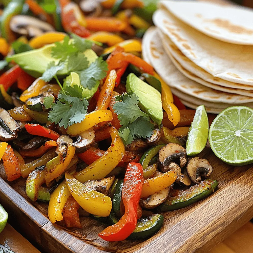 For my Loaded Veggie Fajitas, I love using these fresh ingredients: - 1 red bell pepper, sliced - 1 yellow bell pepper, sliced - 1 green bell pepper, sliced - 1 medium red onion, sliced - 2 zucchinis, sliced - 1 cup mushrooms, sliced - 2 cloves garlic, minced - 1 tablespoon olive oil - 1 tablespoon fajita seasoning (or a mix of cumin, paprika, chili powder, and salt) - 8 small flour or corn tortillas - 1 cup black beans, drained and rinsed - 1 avocado, sliced - 1 cup fresh cilantro, chopped - Lime wedges for serving These veggies give the fajitas a colorful and tasty boost. The mix of peppers adds crunch and sweetness, while the mushrooms give a nice earthy flavor. Black beans add protein and help fill you up. You can make your fajitas even more special with these toppings: - Guacamole - Sour cream or Greek yogurt - Shredded cheese - Jalapeño slices - Salsa or pico de gallo Feel free to mix and match these toppings. They bring extra flavor and texture. You can also add a sprinkle of chili flakes for some heat. Don’t have all the ingredients? No problem! Here are some swaps: - Use any bell pepper color you like. - Swap zucchini for yellow squash or eggplant. - If you can’t find black beans, try pinto or kidney beans. - Use corn tortillas if you prefer a gluten-free option. These substitutions keep the recipe flexible and fun. You can tailor the fajitas to your taste and what you have on hand. For more detailed instructions, check out the Full Recipe. First, gather all your ingredients. Make sure you have fresh veggies. Slice the red, yellow, and green peppers. Cut the red onion into thin strips. Next, slice the zucchinis and mushrooms. Mince the garlic and set it aside. Rinse the black beans and drain them. Lay everything out to make cooking easy. Heat a large skillet over medium-high heat. Add the olive oil and let it warm. Once it’s hot, toss in the sliced red onion and minced garlic. Cook them for 2-3 minutes until they smell great. Next, add the bell peppers and zucchini. Stir them together and cook for about 5 minutes. Keep an eye on them and stir now and then. After that, add the mushrooms and sprinkle the fajita seasoning over the veggies. Cook for another 4-5 minutes. The veggies should be tender and slightly charred. Now it's time to put it all together. Warm the tortillas in a separate skillet or over an open flame. This takes about 30 seconds on each side. Once warm, lay each tortilla flat. Add a spoonful of the sautéed veggie mix to the center. Then, add a spoonful of black beans and slices of avocado. Top it off with fresh cilantro. For a zesty touch, squeeze some lime juice over everything. Enjoy your Loaded Veggie Fajitas! You can find the Full Recipe for more details. To get great veggies, start with a hot skillet. Use medium-high heat and add olive oil. Once the oil is hot, toss in the red onion and garlic. Sauté for 2-3 minutes. This cooks the onions and brings out the garlic's flavor. Next, add the bell peppers and zucchini. Stir often for about 5 minutes. You want them bright and tender. Finally, add the mushrooms and seasoning. Cook for another 4-5 minutes until everything is soft and slightly charred. Store-bought fajita seasoning works fine, but homemade is better. For a simple mix, combine cumin, paprika, chili powder, and salt. Use 1 tablespoon of this mix for the recipe. This blend gives your fajitas a fresh kick. Adjust spices to your taste. If you like heat, add a bit of cayenne pepper. When serving, arrange the fajitas on a large platter. Include lime wedges for a zesty touch. Add a small bowl of extra cilantro for those who love it. You can also serve with salsa or guacamole on the side. Warm the tortillas just before serving. This keeps them soft and tasty. For a fun twist, wrap a napkin around each tortilla stack. It adds a nice touch to your meal. For the full recipe, check back to see how to make these tasty fajitas! {{image_2}} You can boost your fajitas with protein. Try adding grilled chicken, shrimp, or tofu. These options blend well with the veggies. If you want a plant-based option, use tempeh or lentils. Each choice adds a new flavor and texture. I love how black beans also add protein and fiber. Simply mix them in while cooking the veggies. Want more heat? Add jalapeños or serrano peppers. You can also use hot sauce during cooking. If you like it milder, skip the spicy peppers. Instead, add more bell peppers or sweet corn. You can also use smoked paprika for a warm, smoky flavor. Adjust to your taste for the best experience. This recipe is easily vegan and gluten-free. For a vegan option, use corn tortillas instead of flour. You can also skip cheese and sour cream. Add more avocado or cashew cream instead. To ensure it's gluten-free, check the labels on your tortillas. This way, you can enjoy fajitas without worry. For the full recipe, check out the detailed instructions above. After enjoying your loaded veggie fajitas, you might have some leftovers. Place them in an airtight container. This keeps them fresh. Store the container in the fridge. They will last for about three to four days. If you have leftover tortillas, store them separately. Use a zip-top bag or wrap them in foil. When you are ready to eat your leftovers, reheating is key. The best method is to use a skillet. Heat it over medium heat. Add a splash of olive oil to the pan. This helps the veggies stay moist. Place the fajitas in the skillet for about five minutes. Stir occasionally. If you want, you can also use a microwave. Just heat them for 30 seconds at a time. Check if they are warm enough. Want to save some for later? Freezing is a great option. First, let the fajitas cool completely. This stops ice crystals from forming. Then, place them in a freezer-safe container or a zip-top bag. Squeeze out any air before sealing. They can stay in the freezer for up to three months. When you’re ready, thaw them overnight in the fridge. Then, reheat as mentioned above. Enjoy your loaded veggie fajitas anytime! For the full recipe, check the earlier section. You can use many tasty vegetables for Loaded Veggie Fajitas. I love using: - Red bell peppers - Yellow bell peppers - Green bell peppers - Red onion - Zucchini - Mushrooms - Garlic Feel free to mix and match. Try adding carrots, corn, or even eggplant for a fun twist. Using seasonal veggies can also boost your flavors and freshness. You can make fajitas without a skillet by using an oven or grill. To use the oven, toss your veggies with olive oil and seasoning. Spread them on a baking sheet. Bake at 400°F for 20 minutes, stirring halfway. For grilling, wrap your veggies in foil. Grill them for about 15-20 minutes. Both methods yield great flavors and a slight char. Yes, you can prepare Loaded Veggie Fajitas in advance. Chop your veggies and store them in an airtight container in the fridge. You can also cook the veggies a day ahead. Just reheat them in a skillet or microwave before serving. This makes meal prep easy and saves time. Loaded veggie fajitas offer a fun and tasty meal. You can mix fresh veggies, optional toppings, and substitutes to please any taste. Follow the steps for preparing, cooking, and assembling the fajitas to create a colorful dish. Use the tips and tricks for fantastic flavor, like homemade seasoning. There are many ways to adjust the recipe, including adding protein or spicing it up. Finally, store leftovers well for later. Enjoy your fajitas knowing they are easy and delicious!