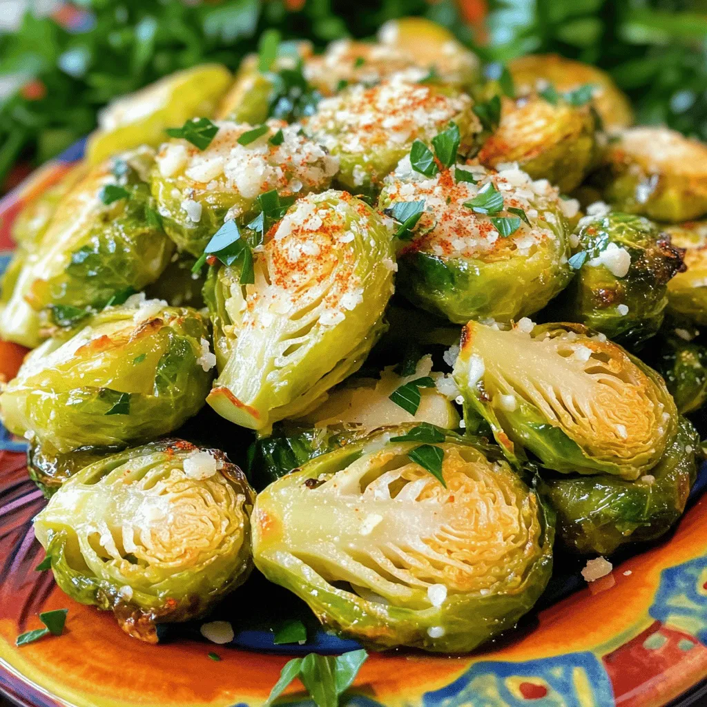 The Roasted Garlic Parmesan Brussels Sprouts recipe includes simple, fresh ingredients. Each one adds flavor and texture to the dish. This recipe serves four people and takes just 35 minutes to make. - 1 pound Brussels sprouts, trimmed and halved - 4 cloves garlic, minced - 3 tablespoons olive oil - 1 teaspoon salt - 1/2 teaspoon black pepper - 1/2 cup grated Parmesan cheese - 1 teaspoon paprika - 1 tablespoon balsamic vinegar (optional, for drizzling) These ingredients come together to create a tasty and healthy side dish. If you don't have Brussels sprouts, try using green beans or cauliflower. For garlic, you can use garlic powder, about one teaspoon. Olive oil can be swapped for avocado oil. You can use nutritional yeast instead of Parmesan for a dairy-free option. Finally, if you don't like balsamic vinegar, lemon juice adds a nice touch. These substitutions keep the dish delicious while allowing for flexibility. First, set your oven to 425°F (220°C). This high heat will help the Brussels sprouts get nice and crispy. Preheating is key. If the oven isn't hot enough, the sprouts will not roast well. Take 1 pound of Brussels sprouts. Trim the ends and cut them in half. Place them in a large bowl. Add 4 cloves of minced garlic, 3 tablespoons of olive oil, 1 teaspoon of salt, and 1/2 teaspoon of black pepper. Toss everything well. You want every sprout to have some oil and seasoning. This helps them roast evenly. Now, spread the Brussels sprouts in a single layer on a baking sheet. Make sure the cut sides face down. This helps them get crispy. Place the baking sheet in your preheated oven. Roast for 20-25 minutes. Stir them halfway through cooking. This ensures they roast evenly. When they turn golden brown, they are ready. After roasting, take them out and sprinkle 1/2 cup of grated Parmesan cheese and 1 teaspoon of paprika on top. Toss gently to make sure the cheese mixes well. If you like, drizzle a little balsamic vinegar over them for extra flavor. Serve warm for the best taste. For the full recipe, refer to the previous section. To make your Brussels sprouts crispy, start with dry sprouts. Water makes them soggy. After washing, dry them well with a towel. Cut the sprouts in half to expose more surface area. This helps them roast evenly. Use a hot oven, around 425°F (220°C), to get that nice crunch. Spread them out on the pan, cut side down. This way, they brown better. You can boost the flavor in many ways. Add spices like paprika or garlic powder. They give a nice kick. For a savory touch, mix in some onion powder or crushed red pepper. You can also add fresh herbs like thyme or rosemary. A splash of lemon juice brightens the dish. Don’t forget the balsamic vinegar for a sweet twist; it adds depth to the flavors. First, use a colorful platter to make your dish stand out. Arrange the Brussels sprouts in a circle for a neat look. Top with extra Parmesan cheese for a cheesy finish. A sprinkle of fresh parsley adds a nice green touch. Serve them warm for the best taste. For a fancy touch, drizzle a bit of balsamic vinegar on top right before serving. These simple steps make your dish look gourmet! {{image_2}} You can make Roasted Garlic Parmesan Brussels Sprouts vegan easily. Replace the Parmesan cheese with nutritional yeast. This swap gives a cheesy flavor without dairy. You can also use vegan butter instead of olive oil for a richer taste. Feel free to explore different flavors! Add lemon zest for a fresh taste. You can also mix in crushed red pepper for some heat. If you love herbs, try thyme or rosemary. These herbs add depth to the dish. A sprinkle of lemon juice brightens the sprouts after roasting. Serve these Brussels sprouts as a side dish for any meal. They pair well with roasted chicken or grilled fish. You can also add them to salads for extra crunch. For a fun appetizer, serve them with a creamy dip. Drizzle with balsamic vinegar for a touch of sweetness. Check out the Full Recipe for more ideas! After you make Roasted Garlic Parmesan Brussels Sprouts, let them cool first. Place the cooled sprouts in an airtight container. Store them in the fridge for up to three days. Keep them away from moisture to stay fresh. You can also layer parchment paper between the sprouts to keep them crisp. To reheat, preheat your oven to 350°F (175°C). Spread the sprouts on a baking sheet in a single layer. Heat them for about 10-15 minutes. This will help restore their crispiness. You can also use a microwave if you're in a hurry. Just heat for 1-2 minutes, but they may lose some crunch. If you want to save some for later, freezing is a great option. First, blanch the Brussels sprouts in boiling water for 2-3 minutes. Then, cool them in ice water. Drain and pat dry. Place them in a freezer-safe bag, removing as much air as possible. They can last up to three months in the freezer. Just remember to cook them straight from frozen for the best taste! For the full recipe and more tips, check out the [Full Recipe]. Yes, you can use frozen Brussels sprouts! They are quick and easy. However, they may be softer than fresh ones. To avoid this, thaw them first and pat them dry. This helps them crisp up better when roasted. Brussels sprouts are done when they turn golden brown and crispy on the edges. You can check them at about 20 minutes of roasting. If they are tender when pierced with a fork, they are ready. Yes, you can prepare Brussels sprouts ahead of time. Toss them with oil and spices, then cover and store them in the fridge. You can roast them when you are ready to eat. This makes meal prep easy and fun! For the complete recipe, check out the Full Recipe. In this post, we covered how to make delicious Brussels sprouts. We discussed the key ingredients, step-by-step instructions, and tips for perfect crispiness. You learned about variations to suit different diets and how to store leftovers properly. Enjoy experimenting with flavors and techniques to make this dish your own. Remember, fresh ingredients and proper cooking methods are key to tasty Brussels sprouts. Happy cooking!