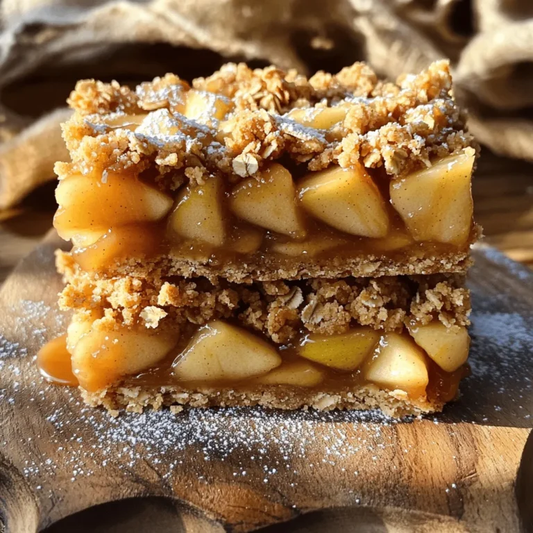 To create these tasty caramel apple crisp bars, you need a few key ingredients. Here’s what you’ll need: - 2 cups rolled oats - 1 cup all-purpose flour - 1/2 cup brown sugar, packed - 1/2 cup unsalted butter, melted - 1 teaspoon baking soda - 1/2 teaspoon cinnamon - 1/4 teaspoon salt - 3 cups diced apples (about 3 medium apples, peeled and cored) - 1/2 cup granulated sugar - 1 tablespoon lemon juice - 1/2 cup caramel sauce (store-bought or homemade) These ingredients blend together to make a deliciously sweet and crunchy treat. If you need to convert measurements, here are some handy tips: - 1 cup equals 8 ounces. - 1/2 cup equals 4 ounces. - 1 tablespoon equals 15 milliliters. - 1 teaspoon equals 5 milliliters. These conversions help you scale the recipe if needed. You can get creative with your bars! Here are a few optional ingredients: - 1/4 cup chopped nuts, like pecans or walnuts - 1/2 teaspoon vanilla extract - A pinch of nutmeg for warmth - A sprinkle of sea salt on top for contrast Adding these flavors can really elevate your caramel apple crisp bars. If you want, you can mix and match! For the full recipe and instructions, check out the [Full Recipe]. Start by preheating your oven to 350°F (175°C). This step is key for even baking. Next, take a 9x9-inch baking dish and line it with parchment paper. Leave some paper hanging over the edges. This helps when you remove the bars later. In a mixing bowl, combine these ingredients: - 2 cups rolled oats - 1 cup all-purpose flour - 1/2 cup brown sugar, packed - 1/2 cup unsalted butter, melted - 1 teaspoon baking soda - 1/2 teaspoon cinnamon - 1/4 teaspoon salt Stir until the mix looks crumbly. Now, take about two-thirds of this mixture and press it into the bottom of your lined dish. This forms the crust layer. Make sure it is even and compact. Next, grab another bowl and toss together: - 3 cups diced apples (about 3 medium apples, peeled and cored) - 1/2 cup granulated sugar - 1 tablespoon lemon juice Toss until the apples are well coated. Spread this apple mixture evenly over your crust. Drizzle half of the caramel sauce over the apples. This adds a sweet touch. Now, take the remaining oat mixture and crumble it over the apples and caramel. This topping will create a lovely crisp. Once you have done this, you are ready to bake! Follow the [Full Recipe] for the baking time and enjoy the delicious smell that fills your kitchen! Choosing the right apples is key. I recommend using tart apples like Granny Smith. They balance the sweet caramel well. You can also mix sweet apples, like Fuji or Honeycrisp, for extra flavor. Look for firm apples without bruises. They should feel heavy for their size. Fresh apples give a great texture in your bars. For a smooth caramel, heat it gently. If you use store-bought, warm it in a microwave. Stir it every 20 seconds until it’s easy to drizzle. If you make it at home, keep stirring to avoid burning. Let it cool slightly before drizzling. This helps it stick better to the apples and crust. You want that perfect, gooey layer. To keep your bars fresh, store them in an airtight container. This keeps them moist and tasty. You can place parchment paper between layers to avoid sticking. If you have a lot left, freeze them. Just wrap individual bars in plastic wrap, then place them in a freezer bag. They stay good for up to three months. Enjoy your delicious caramel apple crisp bars whenever you want! {{image_2}} You can try different toppings for your caramel apple crisp bars. Add chopped nuts like walnuts or pecans for crunch. You can also sprinkle some shredded coconut for a tropical twist. If you love chocolate, drizzle some melted chocolate on top. These toppings make the dessert even more fun and tasty. If you want a gluten-free crust, swap all-purpose flour with gluten-free flour. Make sure it’s a blend that works well in baking. You can also use almond flour or oat flour for a nutty taste. This way, everyone can enjoy these bars without worry. As the seasons change, so can your bars. In fall, add pumpkin spice to the apple filling. Mix cinnamon, nutmeg, and clove for a warm flavor. For summer, use peaches or berries instead of apples. Each season brings new fun to this recipe. Enjoy the Full Recipe for more ideas! Storing caramel apple crisp bars is simple. Once they cool, place them in an airtight container. You can keep them at room temperature for up to three days. If you want them to last longer, store them in the fridge. This keeps them fresh and tasty. Just make sure they are sealed well to avoid drying out. If you want to save some bars for later, freezing is a great option. First, wrap each bar in plastic wrap. Then, place them in a freezer-safe bag or container. They can stay in the freezer for up to three months. To enjoy later, just thaw them in the fridge overnight. You can also let them sit at room temperature for an hour before eating. Reheating your caramel apple crisp bars can bring back their warm, gooey goodness. To do this, preheat your oven to 350°F (175°C). Place the bars on a baking sheet and cover them with foil. Heat for about 10-15 minutes. This method keeps the bars soft and the caramel melty. You can also use a microwave, but heat them in short bursts to avoid drying them out. Enjoy them warm for a delightful treat! Yes, you can! I love using Granny Smith apples for their tartness. They balance well with the sweet caramel. Honeycrisp apples add a nice crunch and sweetness. You can also mix different types for more flavor. Just make sure the apples are firm and fresh for the best results. To make these bars vegan, swap the unsalted butter for coconut oil or a vegan butter substitute. Use brown sugar, as it is usually vegan. You can also find vegan caramel sauce or make your own. This way, everyone can enjoy the deliciousness of caramel apple crisp bars! After the bars cool, use a sharp knife to cut them. I recommend lifting the whole batch out of the pan using the parchment paper. This makes it easy. For neat squares, wipe the knife clean after each cut. You’ll get perfect pieces to share with friends and family! For the full recipe, check out the details above. Caramel apple crisp bars are simple to make. We covered key ingredients and measurements. You learned how to prepare, create layers, and perfect the caramel drizzle. I shared tips on apple selection and storage. Variations let you explore new flavors, even gluten-free options. In the end, these bars are a fun treat. They work for any season and occasion. Try making them your own! Enjoy the sweet, warm taste today.