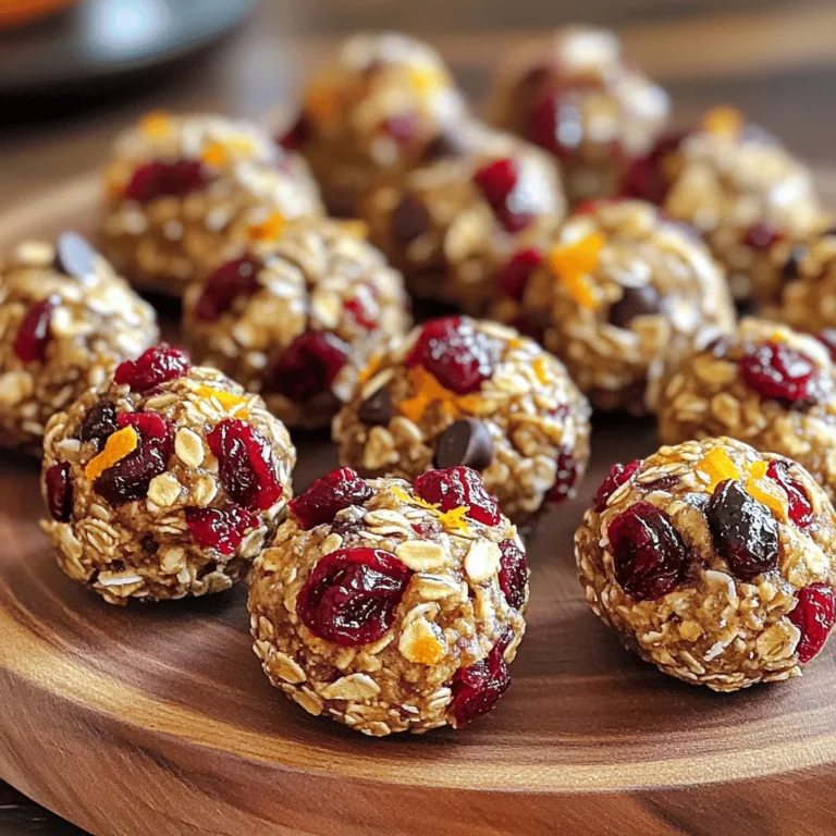 - 1 cup rolled oats - ½ cup almond butter (or any nut butter of choice) - ½ cup honey or maple syrup - 1 cup dried cranberries, chopped - Zest of 1 large orange - ¼ cup fresh orange juice - ½ cup ground flaxseed - ¼ cup mini dark chocolate chips (optional) - Pinch of salt For these tasty Cranberry Orange Energy Bites, you will need simple ingredients. Rolled oats give a great base. Almond butter adds creaminess and protein. Honey or maple syrup gives sweetness. Chopped dried cranberries add chewiness and tartness. The zest and juice from the orange brighten the flavors. Ground flaxseed adds fiber and healthy fats. Dark chocolate chips are optional, but they bring a fun twist. Using these key ingredients, you create a healthy snack. Each bite is packed with energy. They are perfect for busy days or after workouts. Plus, you can make them in just 15 minutes. Eating these bites can help you feel full and satisfied. - Calories per serving: About 100 calories - Macronutrient breakdown: - Protein: 3g - Fats: 4g - Carbs: 14g These energy bites are not just tasty; they are good for you too. Each serving has about 100 calories. You get a balance of protein, fats, and carbs. Almond butter and flaxseed give healthy fats. Dried cranberries add vitamins and antioxidants. Eating these bites can support your health. They provide energy for your day. The oats help keep you full, while the orange gives a boost of vitamin C. With these bites, you enjoy a snack that tastes great and fuels your body. For the full recipe, check the section above. Combining the base ingredients Start by taking a large bowl. Add 1 cup of rolled oats, ½ cup of almond butter, and ½ cup of honey or maple syrup. Mix these until they blend smoothly. This forms the base of your energy bites. Incorporating cranberries and orange flavors Next, add 1 cup of chopped dried cranberries, the zest of 1 large orange, and ¼ cup of fresh orange juice. Then, include ½ cup of ground flaxseed and a pinch of salt. Stir well until all flavors mix evenly. Chilling the mixture for better texture Once mixed, place the bowl in the refrigerator. Let it chill for about 30 minutes. This helps the mixture firm up, making it easier to roll into bites. Forming the energy bites After chilling, take the mixture out. Scoop about a tablespoon of the mixture. Roll it into small balls, roughly 1 inch in size. Place each ball on a parchment-lined sheet or plate. Recommendations for airtight storage Once you roll all the bites, store them in an airtight container. You can keep them in the fridge for up to one week. This keeps them fresh and tasty. Tips for freezing energy bites If you want to store them longer, freeze the energy bites. Place them in a freezer-safe container. When you’re ready to eat, thaw them in the fridge overnight for the best taste. For detailed steps and ingredients, check the Full Recipe. To change the texture of your energy bites, you can adjust the oats. For chewier bites, use less ground flaxseed. If you want them firmer, add a bit more. You might also try adding a bit of coconut flour for extra firmness. When it comes to sweeteners, honey and maple syrup both work well. Honey gives a rich flavor, while maple syrup adds a light touch. If you use agave syrup, it will be sweeter and thinner. Adjust the amount accordingly for your taste. Adding spices can elevate the taste of your energy bites. Cinnamon or ginger adds warmth. A pinch of nutmeg can bring a nice twist. You can also explore adding vanilla extract for a sweet aroma. If you want to skip dark chocolate chips, try using chopped nuts or seeds. Dried fruits like apricots or figs can also work well. They can add a pop of flavor while keeping the bites healthy. For the complete recipe, check the Full Recipe section. {{image_2}} You can easily switch almond butter for other nut butters. Peanut butter works well if you enjoy its rich taste. Cashew butter gives a creamy texture that many love. Just remember, each nut butter brings its own flavor. You can also try using agave syrup instead of honey. Agave syrup is a great option for vegans. It has a mild flavor that blends well with the other ingredients. This swap may change the texture slightly, but you’ll still enjoy a delicious snack. Adding nuts or seeds to your energy bites enhances the crunch. Chopped walnuts or almonds add a lovely texture. Sunflower seeds or pumpkin seeds also boost nutrition and flavor. Trying different dried fruits can add a unique twist. Dried apricots or figs pair nicely with cranberries. You can also mix in raisins for extra sweetness. Each fruit brings its own taste and health benefits, making your bites even more exciting. For more detailed guidance, refer to the Full Recipe for all variations. To keep your Cranberry Orange Energy Bites fresh, store them in the fridge. Use an airtight container. This will help prevent them from drying out. They stay good for about one week. Make sure to label the container with the date. This way, you know when to eat them. For longer storage, freezing is the best option. Simply place the energy bites in a freezer-safe bag. Remove as much air as possible before sealing. This helps prevent freezer burn. You can freeze them for up to three months. When you're ready to eat, take out the bites and thaw them in the fridge. Give them a few hours to soften. For a quick option, you can leave them at room temperature for about 30 minutes. This keeps their taste fresh and enjoyable. Yes, you can use fresh cranberries. However, fresh ones are tart and have more water. This may change the texture of your energy bites. Dried cranberries are sweeter and help bind the mixture better. If you want to use fresh cranberries, chop them small and add a bit more nut butter or oats to balance the moisture. You can store these energy bites in an airtight container in the fridge for up to one week. They stay fresh and tasty during this time. If you want them to last longer, freeze them. They keep well in the freezer for about three months. Just thaw them in the fridge before eating. Yes, there are many options! Use sunbutter or soy nut butter if you have nut allergies. For a vegan option, swap honey for maple syrup. You can also use gluten-free oats if you need a gluten-free snack. Always check labels to ensure all ingredients fit your dietary needs. Absolutely! Doubling the recipe is easy. Just use two cups of oats, one cup of nut butter, and so on. Follow the same steps in the Full Recipe, and you’ll have twice as many bites to enjoy. It’s a great way to have snacks ready for the week! These energy bites are easy to make and packed with flavor. We covered simple steps from mixing ingredients to shaping the bites. You learned how to tweak texture and flavor to suit your taste. Storing options help you keep these treats fresh. Experiment with different ingredients and flavors to find your favorite mix. Enjoy these bites as a healthy snack anytime. They offer great nutrition and convenience. Make them today and see how they boost your energy!