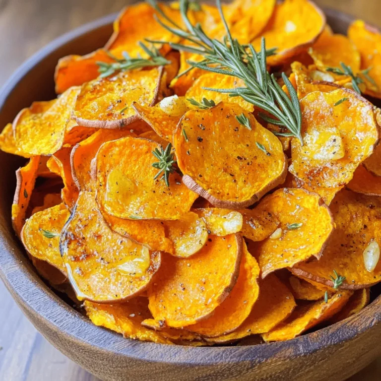 To make crispy baked sweet potato chips, gather these simple items: - 2 large sweet potatoes - 2 tablespoons olive oil - 1 teaspoon smoked paprika - 1 teaspoon garlic powder - 1 teaspoon sea salt - 1/2 teaspoon black pepper - Optional: Fresh herbs (like rosemary or thyme) for garnish You can add more flavors to your chips for fun. Here are some ideas: - A pinch of cayenne for heat - A sprinkle of cinnamon for sweetness - Nutritional yeast for a cheesy taste - Lemon zest for a bright twist You will need a few tools to help you make these chips: - A sharp knife or mandoline for slicing - A large mixing bowl for coating - Baking sheets lined with parchment paper - An oven to bake the chips These ingredients and tools will help you create a tasty and healthy snack. For the full recipe, you can follow the step-by-step guide in the recipe above. Enjoy your cooking! Start by washing and peeling the sweet potatoes. Use a sharp knife or a mandoline to slice them thinly. Aim for about 1/8-inch thick slices. This thinness helps them bake evenly and become crispy. Next, place the slices in a large bowl. Add olive oil, smoked paprika, garlic powder, sea salt, and black pepper. Toss everything well until all slices are coated. This mix adds great flavor. Preheat your oven to 400°F (200°C). Line two baking sheets with parchment paper. Lay the sweet potato slices on the sheets in a single layer. Make sure they do not overlap; this is key to getting them crispy. Bake the chips for about 15 to 20 minutes. Flip them halfway through the baking time. Keep a close eye on them, as cooking times can vary based on thickness. You want them golden brown and crispy! Once baked, take the chips out of the oven. Let them cool for a few minutes. They will continue to crisp up as they cool. For a fun touch, sprinkle fresh herbs like rosemary or thyme over the chips before serving. Arrange the chips in a rustic bowl or on a wooden platter. You can also serve them with hummus or guacamole for dipping. Enjoy your crispy baked sweet potato chips from the full recipe! To get those sweet potato chips nice and crispy, you need to slice them thin. Aim for about 1/8-inch thick. Use a mandoline for even slices. After slicing, dry the potato slices with a towel. This step removes excess moisture, helping them crisp up better. Toss the slices in olive oil and spices thoroughly. This ensures an even coating. When baking, arrange the slices in a single layer. Avoid overlapping, as this traps steam. Flip the chips halfway through baking. This helps them brown evenly. One common mistake is cutting the sweet potatoes too thick. Thicker slices won’t get crispy. Also, don’t skip the drying step. Moisture leads to soggy chips. Another mistake is overcrowding the baking sheets. Always use enough space between the slices. Lastly, watch the time. Chips can burn quickly if left unattended. Keep an eye on them, especially during the last few minutes of baking. When slicing sweet potatoes, a sharp knife works well, but a mandoline is best. It gives uniform slices for even cooking. Start by washing and peeling the potatoes. Place them flat on a cutting board. If you use a knife, cut gently to avoid accidents. Aim for consistent thickness throughout. This helps each chip cook at the same rate. If you want a fun twist, try different shapes. You can cut them into rounds or even wedges for variety. For the full recipe and more tips, check out the full recipe section! {{image_2}} You can spice up your sweet potato chips in many ways. Try using cayenne pepper for heat. If you enjoy a tangy flavor, sprinkle some lime zest. You can also use onion powder for a savory kick. For a sweet twist, cinnamon pairs nicely with sweet potatoes. Mix and match your spices to find your favorite blend! If you want a quicker option, use an air fryer. Preheat your air fryer to 360°F (182°C). Place the seasoned sweet potato slices in a single layer in the basket. Cook for 10-15 minutes, shaking the basket halfway through. Watch closely, as cooking times vary. This method gives you crispy chips with less oil! Dipping sauces can take your chips to the next level. Try hummus for a creamy touch. Guacamole adds a rich flavor. For a spicy kick, mix yogurt with sriracha. Or create a tangy ranch dip with sour cream and herbs. These sauces enhance the experience and make your snack even more enjoyable! To keep your chips fresh, store them in an airtight container. This helps prevent moisture from making them soft. I like to use a glass jar or a resealable bag. Make sure the container is completely dry before adding the chips. If you have many chips, layer them with paper towels. This will absorb any extra moisture. When you're ready to enjoy your leftover chips, reheat them in the oven. Preheat your oven to 350°F (175°C). Spread the chips out on a baking sheet. Heat them for about 5 to 10 minutes. Check them often to avoid burning. This method brings back their crunch without making them soggy. You can also use an air fryer for a quicker option. If stored well, your sweet potato chips can last for about 3 to 5 days. The longer they sit, the less crispy they become. If you notice any signs of softness, it’s best to eat them sooner. Always trust your senses. If they smell off or look strange, toss them out. Enjoy your crispy baked sweet potato chips fresh from the oven. For the full recipe, refer to the previous sections! To make sweet potato chips crispy, you need to slice them thin. Aim for about 1/8-inch thick. You can use a mandoline for even slices. Next, toss them in olive oil and seasonings. The oil helps the chips crisp up in the oven. Spread the slices in a single layer on your baking sheet. Avoid overlapping them. Bake at 400°F (200°C) for 15-20 minutes. Flip them halfway through for even baking. Yes, you can use orange sweet potatoes! They taste great and have a lovely sweetness. The cooking method stays the same. Just remember to slice them thinly and season them well. Orange sweet potatoes add a nice color and flavor to your chips. If your chips are not crispy, check a few things. First, ensure your slices are thin enough. Thicker slices will not crisp well. Second, make sure they are in a single layer on the baking sheet. If they overlap, they will steam instead of bake. Lastly, bake them longer if needed. Allow them to cool after baking. They often crisp up more as they cool. If you want more tips, check the full recipe! In this post, we explored making delicious sweet potato chips from start to finish. We covered the ingredients, tools, and step-by-step instructions. I shared tips for perfect crispiness and common mistakes to avoid. We also discussed fun variations and how to store leftover chips. Remember, making chips at home can be easy and fun. With practice, you’ll make tasty snacks that everyone will enjoy. Now, go ahead and create your own sweet potato chips!