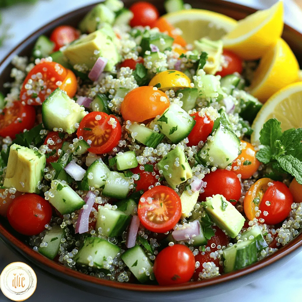 To make a fresh and tasty Lemon Herb Quinoa Salad, you will need the following ingredients: - 1 cup quinoa, rinsed - 2 cups vegetable broth (or water) - 1 cup cherry tomatoes, halved - 1 cucumber, diced - 1 bell pepper (any color), diced - ½ red onion, finely chopped - 1 avocado, diced - ¼ cup fresh parsley, chopped - ¼ cup fresh mint, chopped - 3 tablespoons olive oil - 2 tablespoons lemon juice - Zest of 1 lemon - Salt and pepper to taste Each of these ingredients adds flavor and nutrition. Quinoa is the star here. It is rich in protein and fiber. Rinsing it removes any bitter taste. The cherry tomatoes and cucumber add crunch and freshness. Bell peppers give a sweet note, while red onion provides a sharp contrast. Avocado adds creaminess. Fresh parsley and mint bring bright flavors. The dressing is simple yet full of zest. Olive oil gives richness. Lemon juice and zest add a bright, tangy kick. Salt and pepper help balance the taste. Make sure to use fresh herbs for the best flavor. For the full recipe, you can refer to the detailed cooking instructions provided earlier. This salad is not just a side; it can be a meal on its own! Enjoy making this delicious dish! Start by rinsing 1 cup of quinoa under cold water. This step helps remove any bitterness. Next, combine the rinsed quinoa with 2 cups of vegetable broth or water in a medium saucepan. Bring this mixture to a boil over high heat. Once it starts to boil, reduce the heat to low and cover the pan. Let it simmer for about 15 minutes. The quinoa will become fluffy, and the liquid will be absorbed. After cooking, remove it from the heat and let it cool. While the quinoa cools, grab a large bowl. In this bowl, combine the cooled quinoa with the diced vegetables. Use 1 cup of halved cherry tomatoes, 1 diced cucumber, 1 diced bell pepper, ½ finely chopped red onion, and 1 diced avocado. In a separate small bowl, whisk together the dressing ingredients. You’ll need 3 tablespoons of olive oil, 2 tablespoons of lemon juice, the zest from 1 lemon, and some salt and pepper to taste. Now, pour the dressing over the salad ingredients in the large bowl. Gently mix the salad to coat everything evenly. Be careful not to mash the avocado. Next, fold in ¼ cup of chopped fresh parsley and ¼ cup of chopped fresh mint. Taste your salad and adjust the seasoning if needed. Let it sit for at least 10 minutes to allow the flavors to meld. For the full recipe, check out the previous section. To make your quinoa taste great, start by rinsing it. Rinsing removes the bitter coating called saponin. This step helps the quinoa taste light and fresh. After cooking, let the quinoa cool before mixing it with other ingredients. Cooling helps keep the grains fluffy. For a vibrant look, garnish your salad with more fresh herbs and lemon wedges. This adds color and tangy flavor. You can also serve the salad in individual mason jars. This not only looks nice but also makes it easy to grab and enjoy. If you want a change, you can swap quinoa for farro or couscous. Both grains add a different taste and texture. For vegan and gluten-free options, check the broth you use. Many vegetable broths are both vegan and gluten-free, making them great for this salad. For protein, add grilled chicken, chickpeas, or tofu to keep it filling. You can find the full recipe [here](#). {{image_2}} To make your Lemon Herb Quinoa Salad more filling, add protein. Grilled chicken is a great choice. It adds a nice texture and taste. If you want a plant-based option, try chickpeas or tofu. Chickpeas provide fiber and protein. Tofu is versatile and absorbs flavors well. These options cater to different diets, making the salad more enjoyable for everyone. You can boost the flavor of your salad with herbs and spices. Try adding dill or basil for a fresh twist. A pinch of cumin can add warmth. For a crunchy texture, mix in nuts or seeds. Almonds or sunflower seeds work well. They add a delightful crunch to each bite. You can also experiment by adding feta cheese or olives for a salty kick. Switch up the ingredients based on the season. In summer, use fresh corn or bell peppers. These ingredients are sweet and juicy. In winter, try adding roasted butternut squash or brussels sprouts for warmth. You can also swap out herbs based on what's fresh. This keeps the salad exciting and full of flavor. Each season offers unique tastes to explore. For the full recipe, check out the details above. To keep your Lemon Herb Quinoa Salad fresh, cool it down first. Place the salad in a bowl and let it sit at room temperature. Once cool, transfer it to the fridge. Use airtight containers to keep it fresh. Glass containers work great because they don’t stain and seal well. Clear containers also let you see the colorful salad inside! Can quinoa salad be frozen? Yes, but it’s best to eat it fresh. Freezing can change the texture of the veggies. If you want to freeze it, pack it tightly in a container or freezer bag. When you’re ready to eat, thaw it in the fridge overnight. Once thawed, stir it up and add fresh herbs to revive the flavor. How long does it last in the fridge? Your salad will stay good for about 3 to 5 days if stored properly. Always check for signs that the salad has gone bad. Look for changes in color or a sour smell. If you see mold or the salad looks slimy, throw it away. Keeping an eye on it helps you enjoy the salad at its best! Quinoa is a small grain that packs a big punch. It is a complete protein, meaning it has all nine essential amino acids. This makes it great for vegans and vegetarians. Quinoa is also high in fiber, which helps with digestion. It contains vitamins and minerals like magnesium, iron, and B vitamins. Adding quinoa to salads is smart. It gives a nice texture and taste. Plus, it keeps you full longer. Quinoa is gluten-free, so many people can enjoy it. Its mild flavor lets it blend well with other ingredients, like in the Lemon Herb Quinoa Salad. Yes, you can make this salad ahead of time. It tastes even better after sitting for a bit. Just keep the dressing separate until you are ready to serve. This keeps everything fresh and crunchy. To prepare ahead, follow these tips: - Cook the quinoa and let it cool before mixing. - Dice the veggies and store them in airtight containers. - Combine all ingredients the night before, but wait on the avocado to avoid browning. This salad pairs well with many dishes. For a light meal, serve it with grilled chicken or fish. If you want a vegetarian option, try it with roasted chickpeas or tofu. You can also serve it with: - Hummus and pita bread for a Mediterranean vibe. - Fresh fruit or a light soup to balance the meal. - Add some crusty bread for a filling lunch or dinner. These pairings can help you create a balanced diet while enjoying the refreshing taste of Lemon Herb Quinoa Salad. For the full recipe, check out the details! This blog post outlined a tasty Lemon Herb Quinoa Salad. We covered the key ingredients, cooking steps, tips, and variations. Now, you can make this easy, healthy dish with fresh flavors. Remember to adjust ingredients based on seasons and preferences. Try adding protein for a nutritional boost. With proper storage, your salad will stay fresh longer. Enjoy experimenting with this recipe and make it your own. A delicious meal like this can fit any table and delight anyone.