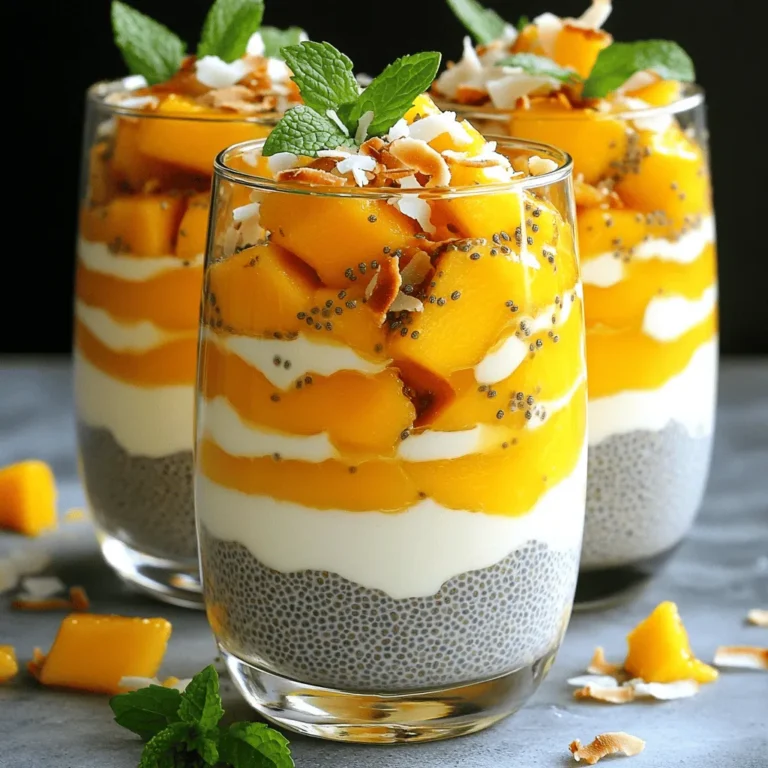 - 1 cup coconut milk - 1/2 cup chia seeds - 1 ripe mango, diced - 2 tablespoons maple syrup or honey (adjust to taste) - 1 teaspoon vanilla extract - Pinch of salt - Toasted coconut flakes for garnish (optional) - Fresh mint leaves for garnish (optional) Coconut milk offers healthy fats that boost energy. It also helps with digestion. Chia seeds are full of fiber, which aids in digestion and keeps you full longer. Mango is rich in vitamins A and C, which support your immune system and skin. Maple syrup or honey adds natural sweetness and contains antioxidants. Vanilla extract gives flavor and may help reduce stress. Salt enhances taste and can help balance fluids in your body. Toasted coconut flakes add crunch and fiber, while mint adds freshness and aids digestion. If you don't have coconut milk, use almond or oat milk for a different taste. For chia seeds, you can use ground flaxseeds, but the texture will change. Any ripe fruit can replace mango, like bananas or berries, for varied flavors. Maple syrup can be swapped with agave syrup or stevia for a lower-calorie option. If you want a sugar-free choice, skip the sweetener and let the fruit shine. You can use vanilla bean paste instead of extract for a richer flavor. This recipe for Mango Coconut Chia Pudding is simple and packed with flavor. To make Mango Coconut Chia Pudding, start with the coconut milk. In a mixing bowl, combine: - 1 cup coconut milk - 2 tablespoons maple syrup or honey - 1 teaspoon vanilla extract - A pinch of salt Whisk these ingredients until they blend well. Next, add the chia seeds. Gradually whisk in: - 1/2 cup chia seeds This step is key. Make sure the seeds spread evenly in the liquid. Cover the bowl, or move the mix to a container with a lid. Place it in the fridge for at least 4 hours. For best results, leave it overnight. This waiting time lets the chia seeds absorb the coconut milk. After chilling, check the pudding. Stir it well to break up clumps. Now it’s ready for serving! To get the right texture, use fresh chia seeds. Old seeds may not thicken well. If your pudding is too thick, add a bit more coconut milk. For a creamier texture, use full-fat coconut milk. Remember to stir well after chilling. This helps avoid clumps and ensures smoothness. For a beautiful presentation, layer the pudding in clear glasses. Start with a layer of chia pudding, then add: - Diced mango Repeat the layers until the glass is full. Finish with a sprinkle of toasted coconut flakes and fresh mint leaves. This adds color and flavor. Serve it cold for a refreshing treat. For the full recipe, check below! You can make this pudding your own. Here are my favorite tips: - Add spices: A sprinkle of cinnamon or nutmeg can bring warmth. - Mix fruits: Try adding berries or pineapple for a tropical twist. - Change sweeteners: Use agave nectar or stevia instead of maple syrup. - Include nuts: Chopped almonds or walnuts add crunch and nutrition. Watch out for these common errors to get the best pudding: - Not whisking well: Make sure to mix the chia seeds fully into the liquid. - Skipping the chill time: Let the pudding sit for at least four hours. - Using too much liquid: Stick to the recipe for the right balance. - Not stirring before serving: A quick stir helps mix any settled chia seeds. You can boost both flavor and texture with some easy tricks: - Layer with fruit: Diced mango between layers adds freshness and color. - Garnish well: Use toasted coconut and mint leaves for a beautiful finish. - Serve chilled: This pudding tastes best when cold and creamy. - Experiment with toppings: Yogurt, granola, or seeds can add fun textures. For the full recipe, check out the detailed instructions above! {{image_2}} You can change the mango in this pudding for other fruits. Pineapple, kiwi, or passion fruit work great. Each fruit adds its own flavor and texture. You might want to mix in diced fruit before chilling the pudding. This way, each spoonful has a burst of tropical taste. You can also top the pudding with extra fruit for a colorful look. Coconut milk is a star in this recipe. If you want to try something different, use almond or oat milk. Both options are dairy-free and still creamy. Just keep in mind that each milk will change the flavor a bit. If you want a thicker base, add more chia seeds. This will help you achieve that creamy texture you love. Maple syrup or honey gives sweetness to the pudding. If you want a sugar-free option, try stevia or agave syrup. Both are great for adding sweetness without calories. You can also use ripe bananas for natural sweetness. Just mash them well and mix them into the base. This adds a new flavor while keeping the pudding healthy. For the full recipe, you can check the earlier section. Enjoy these fun variations! To keep your mango coconut chia pudding fresh, store it in airtight containers. This helps prevent any unwanted odors or flavors from seeping in. Make sure to place the pudding in the fridge right after it cools. You can also layer it in small jars for easy serving later. Mango coconut chia pudding lasts about 5 days in the fridge. If you want to keep it longer, you can freeze it. Pour the pudding into ice cube trays for easy portions. Just remember to thaw it in the fridge before serving. Do not refreeze after thawing. If your pudding thickens too much in the fridge, simply add a splash of coconut milk. Stir well to achieve your desired consistency. You can also mix in fresh mango pieces for a flavor boost. Enjoy it cold or let it sit at room temperature for a few minutes before digging in. Chia pudding is a simple dish made from chia seeds and liquid. When you mix chia seeds with coconut milk, they absorb the liquid. This makes a thick, creamy texture. To make it, whisk coconut milk, maple syrup, vanilla, and salt. Then, stir in chia seeds. Cover and chill for at least four hours. This lets the seeds swell and form a pudding. Yes, you can use different types of milk. Almond, soy, or oat milk work well. Each type adds its own flavor. Coconut milk gives a rich, tropical taste. Try what you like best to find your favorite! Mango coconut chia pudding lasts about four to five days in the fridge. Store it in an airtight container to keep it fresh. If you notice any changes in smell or texture, it is best to throw it away. Yes, chia pudding is very healthy. Chia seeds are high in fiber and protein. They also contain omega-3 fatty acids. Coconut milk provides good fats and vitamins. This dish is great for breakfast or a snack. To make chia pudding without sugar, skip the sweeteners. Use ripe mango for natural sweetness. You can also add spices like cinnamon or nutmeg for flavor. This makes the pudding tasty without added sugar. Here’s how to make it: - 1 cup coconut milk - 1/2 cup chia seeds - 1 ripe mango, diced - 2 tablespoons maple syrup or honey (adjust to taste) - 1 teaspoon vanilla extract - Pinch of salt - Toasted coconut flakes for garnish (optional) - Fresh mint leaves for garnish (optional) Follow the [Full Recipe] for step-by-step details on how to prepare this delicious treat! Mango coconut chia pudding is simple and fun to make. We explored key ingredients, their health perks, and ways to swap them out. I provided clear steps to prepare the dish and serve it just right. We looked at tips to enhance flavors and avoid common mistakes. You can try tropical fruit variations and find dairy-free options too. Proper storage ensures your pudding stays fresh and tasty. With these insights, you can create a delicious treat that fits your tastes and lifestyle. Enjoy your chia pudding adventure!