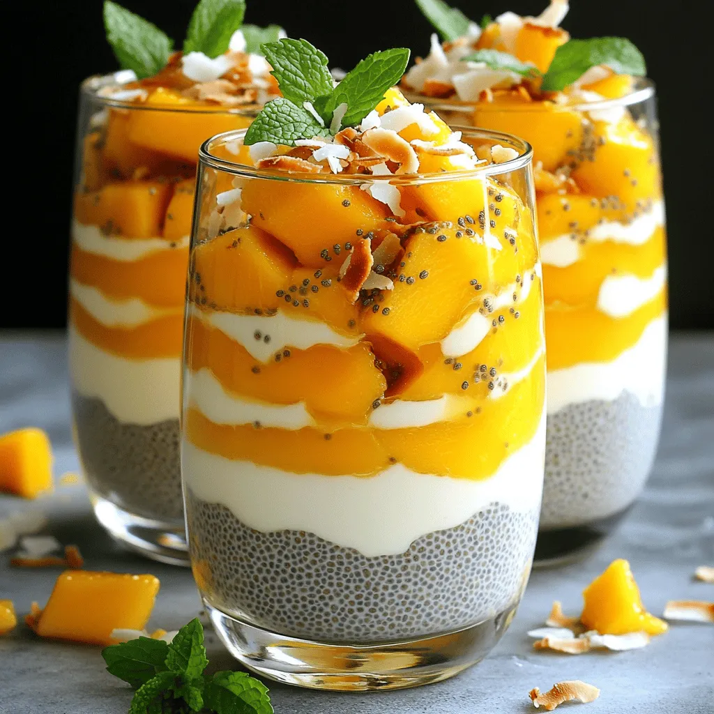 - 1 cup coconut milk - 1/2 cup chia seeds - 1 ripe mango, diced - 2 tablespoons maple syrup or honey (adjust to taste) - 1 teaspoon vanilla extract - Pinch of salt - Toasted coconut flakes for garnish (optional) - Fresh mint leaves for garnish (optional) Coconut milk offers healthy fats that boost energy. It also helps with digestion. Chia seeds are full of fiber, which aids in digestion and keeps you full longer. Mango is rich in vitamins A and C, which support your immune system and skin. Maple syrup or honey adds natural sweetness and contains antioxidants. Vanilla extract gives flavor and may help reduce stress. Salt enhances taste and can help balance fluids in your body. Toasted coconut flakes add crunch and fiber, while mint adds freshness and aids digestion. If you don't have coconut milk, use almond or oat milk for a different taste. For chia seeds, you can use ground flaxseeds, but the texture will change. Any ripe fruit can replace mango, like bananas or berries, for varied flavors. Maple syrup can be swapped with agave syrup or stevia for a lower-calorie option. If you want a sugar-free choice, skip the sweetener and let the fruit shine. You can use vanilla bean paste instead of extract for a richer flavor. This recipe for Mango Coconut Chia Pudding is simple and packed with flavor. To make Mango Coconut Chia Pudding, start with the coconut milk. In a mixing bowl, combine: - 1 cup coconut milk - 2 tablespoons maple syrup or honey - 1 teaspoon vanilla extract - A pinch of salt Whisk these ingredients until they blend well. Next, add the chia seeds. Gradually whisk in: - 1/2 cup chia seeds This step is key. Make sure the seeds spread evenly in the liquid. Cover the bowl, or move the mix to a container with a lid. Place it in the fridge for at least 4 hours. For best results, leave it overnight. This waiting time lets the chia seeds absorb the coconut milk. After chilling, check the pudding. Stir it well to break up clumps. Now it’s ready for serving! To get the right texture, use fresh chia seeds. Old seeds may not thicken well. If your pudding is too thick, add a bit more coconut milk. For a creamier texture, use full-fat coconut milk. Remember to stir well after chilling. This helps avoid clumps and ensures smoothness. For a beautiful presentation, layer the pudding in clear glasses. Start with a layer of chia pudding, then add: - Diced mango Repeat the layers until the glass is full. Finish with a sprinkle of toasted coconut flakes and fresh mint leaves. This adds color and flavor. Serve it cold for a refreshing treat. For the full recipe, check below! You can make this pudding your own. Here are my favorite tips: - Add spices: A sprinkle of cinnamon or nutmeg can bring warmth. - Mix fruits: Try adding berries or pineapple for a tropical twist. - Change sweeteners: Use agave nectar or stevia instead of maple syrup. - Include nuts: Chopped almonds or walnuts add crunch and nutrition. Watch out for these common errors to get the best pudding: - Not whisking well: Make sure to mix the chia seeds fully into the liquid. - Skipping the chill time: Let the pudding sit for at least four hours. - Using too much liquid: Stick to the recipe for the right balance. - Not stirring before serving: A quick stir helps mix any settled chia seeds. You can boost both flavor and texture with some easy tricks: - Layer with fruit: Diced mango between layers adds freshness and color. - Garnish well: Use toasted coconut and mint leaves for a beautiful finish. - Serve chilled: This pudding tastes best when cold and creamy. - Experiment with toppings: Yogurt, granola, or seeds can add fun textures. For the full recipe, check out the detailed instructions above! {{image_2}} You can change the mango in this pudding for other fruits. Pineapple, kiwi, or passion fruit work great. Each fruit adds its own flavor and texture. You might want to mix in diced fruit before chilling the pudding. This way, each spoonful has a burst of tropical taste. You can also top the pudding with extra fruit for a colorful look. Coconut milk is a star in this recipe. If you want to try something different, use almond or oat milk. Both options are dairy-free and still creamy. Just keep in mind that each milk will change the flavor a bit. If you want a thicker base, add more chia seeds. This will help you achieve that creamy texture you love. Maple syrup or honey gives sweetness to the pudding. If you want a sugar-free option, try stevia or agave syrup. Both are great for adding sweetness without calories. You can also use ripe bananas for natural sweetness. Just mash them well and mix them into the base. This adds a new flavor while keeping the pudding healthy. For the full recipe, you can check the earlier section. Enjoy these fun variations! To keep your mango coconut chia pudding fresh, store it in airtight containers. This helps prevent any unwanted odors or flavors from seeping in. Make sure to place the pudding in the fridge right after it cools. You can also layer it in small jars for easy serving later. Mango coconut chia pudding lasts about 5 days in the fridge. If you want to keep it longer, you can freeze it. Pour the pudding into ice cube trays for easy portions. Just remember to thaw it in the fridge before serving. Do not refreeze after thawing. If your pudding thickens too much in the fridge, simply add a splash of coconut milk. Stir well to achieve your desired consistency. You can also mix in fresh mango pieces for a flavor boost. Enjoy it cold or let it sit at room temperature for a few minutes before digging in. Chia pudding is a simple dish made from chia seeds and liquid. When you mix chia seeds with coconut milk, they absorb the liquid. This makes a thick, creamy texture. To make it, whisk coconut milk, maple syrup, vanilla, and salt. Then, stir in chia seeds. Cover and chill for at least four hours. This lets the seeds swell and form a pudding. Yes, you can use different types of milk. Almond, soy, or oat milk work well. Each type adds its own flavor. Coconut milk gives a rich, tropical taste. Try what you like best to find your favorite! Mango coconut chia pudding lasts about four to five days in the fridge. Store it in an airtight container to keep it fresh. If you notice any changes in smell or texture, it is best to throw it away. Yes, chia pudding is very healthy. Chia seeds are high in fiber and protein. They also contain omega-3 fatty acids. Coconut milk provides good fats and vitamins. This dish is great for breakfast or a snack. To make chia pudding without sugar, skip the sweeteners. Use ripe mango for natural sweetness. You can also add spices like cinnamon or nutmeg for flavor. This makes the pudding tasty without added sugar. Here’s how to make it: - 1 cup coconut milk - 1/2 cup chia seeds - 1 ripe mango, diced - 2 tablespoons maple syrup or honey (adjust to taste) - 1 teaspoon vanilla extract - Pinch of salt - Toasted coconut flakes for garnish (optional) - Fresh mint leaves for garnish (optional) Follow the [Full Recipe] for step-by-step details on how to prepare this delicious treat! Mango coconut chia pudding is simple and fun to make. We explored key ingredients, their health perks, and ways to swap them out. I provided clear steps to prepare the dish and serve it just right. We looked at tips to enhance flavors and avoid common mistakes. You can try tropical fruit variations and find dairy-free options too. Proper storage ensures your pudding stays fresh and tasty. With these insights, you can create a delicious treat that fits your tastes and lifestyle. Enjoy your chia pudding adventure!