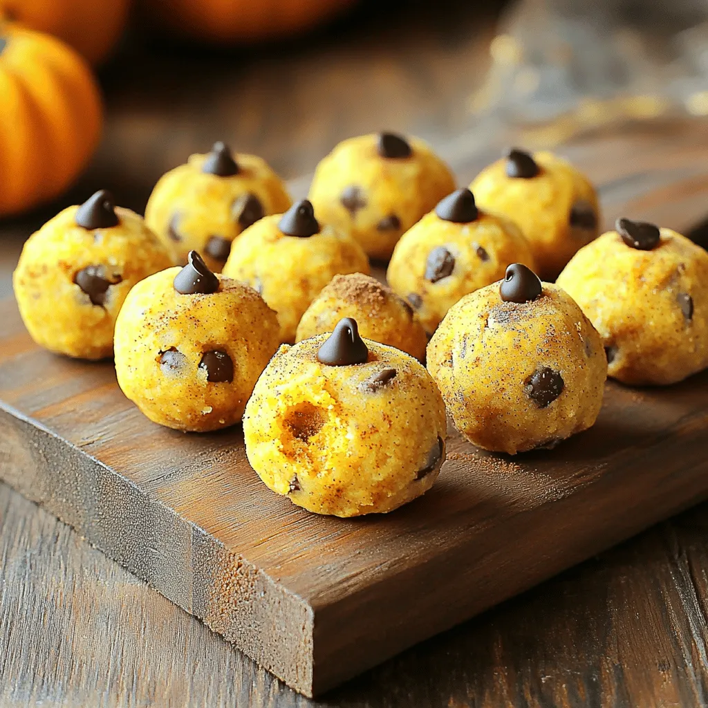 To make No Bake Pumpkin Spice Cookie Dough Bites, gather the following ingredients. Each one plays a key role in flavor and texture. - 1 cup almond flour - 1/2 cup rolled oats - 1/2 cup pumpkin puree - 1/4 cup maple syrup - 1/4 cup almond butter - 1 tsp vanilla extract - 1 tsp pumpkin spice - 1/2 tsp cinnamon - A pinch of salt - 1/4 cup dark chocolate chips 1. Almond flour: This nut-based flour adds a rich taste and soft texture. 2. Rolled oats: They give the bites a nice chew and help bind the mixture. 3. Pumpkin puree: This provides moisture and a warm, cozy flavor. 4. Maple syrup: It acts as a natural sweetener and adds depth to the taste. 5. Almond butter: This creamy ingredient helps hold everything together. 6. Vanilla extract: A splash of this brightens the flavors in the bites. 7. Pumpkin spice: This blend of spices brings fall warmth to each bite. 8. Cinnamon: It adds a sweet aroma and enhances the pumpkin flavor. 9. Salt: Just a pinch balances the sweetness and lifts the flavors. 10. Dark chocolate chips: These bits of chocolate create delightful bursts of sweetness. These ingredients work together to create a tasty treat. If you want the full experience, check out the Full Recipe for more details. First, gather your ingredients. You will need almond flour, rolled oats, pumpkin puree, maple syrup, almond butter, vanilla extract, pumpkin spice, cinnamon, salt, and dark chocolate chips. 1. In a large mixing bowl, mix the almond flour, rolled oats, pumpkin spice, cinnamon, and salt. Stir well until all the dry ingredients blend together nicely. 2. In another bowl, whisk together the pumpkin puree, maple syrup, almond butter, and vanilla extract. Keep whisking until the mixture is smooth and blended. 3. Pour the wet mixture into the bowl with the dry ingredients. Mix thoroughly. You want to form a dough that holds together well. Now it's time to shape the dough. Use your hands to roll the mixture into small balls. Each ball should be about 1 inch in diameter. Place them on a baking sheet lined with parchment paper. This step makes it easy to chill the bites later. To set the bites, refrigerate them for at least 30 minutes. This chilling time helps them firm up nicely. When you’re ready to serve, enjoy them cold. If you prefer, let them sit out for a few minutes. This makes them easier to eat. You can also serve them as a fun snack or dessert for friends and family. For the full recipe, check out the details above! To get the right texture in your No Bake Pumpkin Spice Cookie Dough Bites, I suggest adjusting the ingredient ratios. For a softer bite, add more pumpkin puree. If you prefer a firmer texture, increase the almond flour. You can also try different sweeteners. Maple syrup adds a nice taste, but agave or honey works too. Just keep the ratios similar for the best results. Want to change it up? You can easily customize the flavor. Try adding nuts or dried fruits. Chopped walnuts or pecans add crunch. Dried cranberries or raisins bring a sweet twist. Just mix them in when you combine the wet and dry ingredients. Prepping ingredients in advance saves time. Measure out the almond flour and oats the night before. You can even mix the dry ingredients early. This way, when you're ready to make the bites, everything is ready to go. It makes the process fast and easy! For the full recipe, check out the details and enjoy making these tasty treats. {{image_2}} You can easily make No Bake Pumpkin Spice Cookie Dough Bites vegan and dairy-free. Use almond butter and maple syrup, just like in the original recipe. Almond flour and rolled oats are already plant-based. You can also swap dark chocolate chips for dairy-free ones. This way, everyone can enjoy them! Want to mix things up? Try adding different spices. Nutmeg is a great choice. It pairs well with pumpkin and gives a warm flavor. You can also add a dash of ginger for some extra warmth. These small changes can make a big difference! How you serve these bites can be fun! You can roll them in crushed nuts or coconut for a crunchy coat. Drizzle some melted dark chocolate on top for a fancy touch. You could also sprinkle a bit of cinnamon for extra flair. These ideas make your bites look as good as they taste. For the complete recipe, check the [Full Recipe]. To keep No Bake Pumpkin Spice Cookie Dough Bites fresh, store them in the fridge. Use an airtight container to prevent them from drying out. Make sure to separate layers with parchment paper. This keeps them from sticking together. They will stay fresh for a longer time when stored properly. If you want to keep these bites longer, freezing is a great option. To freeze, place the cookie dough bites on a baking sheet. Make sure they are not touching each other. Freeze them for about an hour until firm. Then, transfer them to a freezer-safe bag or container. Label the container with the date and flavor. They can last up to three months in the freezer. When stored in the fridge, these bites last about a week. If you freeze them, they can last up to three months. You can enjoy these treats whenever you crave a sweet snack! Just let them thaw in the fridge or at room temperature before eating. For the full recipe, check out the previous sections. Store your cookie dough bites in an airtight container. Keep them in the fridge for up to one week. If you want them to last longer, you can freeze them. Just make sure to separate them with parchment paper. This will help prevent sticking. Yes, you can use other flours. Oat flour or coconut flour are great options. Just know that they may change the texture a bit. If you use coconut flour, reduce the amount to about 1/3 cup. It absorbs more moisture than almond flour. To make sugar-free bites, swap maple syrup for a sugar-free sweetener. Options like stevia or erythritol can work well. Adjust the amount based on your taste. You might need to add a little more pumpkin puree for moisture. For extra flavor, consider adding a dash of vanilla extract. For the full recipe, check out the No Bake Pumpkin Spice Cookie Dough Bites section. These no-bake pumpkin spice cookie dough bites are fun to make and tasty. You learned about the key ingredients, step-by-step instructions, and how to tailor the flavors. We also covered tips for perfect texture and storage. Feel free to mix in your favorite nuts or fruits for a personal touch. Remember, these bites are great for sharing or enjoying on your own. Experiment, have fun, and enjoy every bite of your creation!