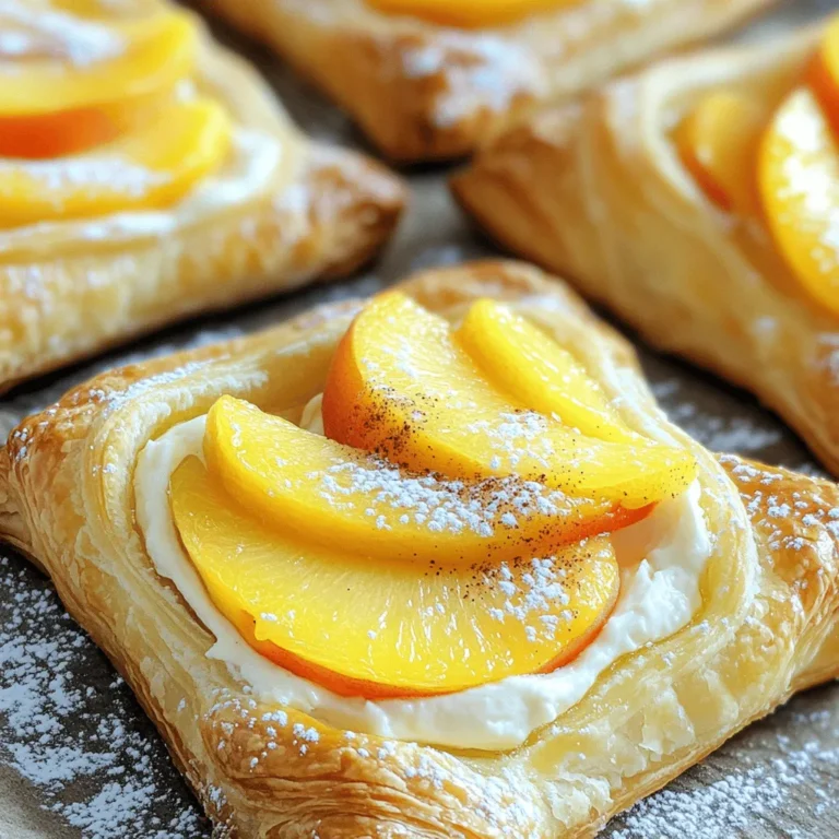To make Peach Cream Cheese Danish, you need these key items: - 1 package (8 oz) cream cheese, softened - 1/4 cup granulated sugar - 1 teaspoon vanilla extract - 1 package (1 lb) refrigerated crescent roll dough - 2 ripe peaches, sliced thin - 1 tablespoon lemon juice - 1 teaspoon ground cinnamon - 1 egg, beaten (for egg wash) - Powdered sugar for drizzling These ingredients create a creamy filling and a flaky crust. The peaches add a sweet touch. You can add a few extra ingredients for more taste: - 1 tablespoon honey for sweetness - 1/2 teaspoon almond extract for a nutty note - Chopped nuts for crunch These extras can take your danish to the next level. Try them out for a twist! Gather these tools for easy cooking: - Mixing bowls - Whisk or electric mixer - Baking sheet - Parchment paper - Knife and cutting board Having the right tools makes the process smooth. You will feel like a pro in no time! For the complete recipe, check out the Full Recipe link. To start, gather your cream cheese, sugar, and vanilla extract. Beat the softened cream cheese in a bowl. Add the granulated sugar and vanilla extract next. Mix until you have a smooth and creamy filling. This step is simple but key. You want a rich flavor that pairs well with the peaches. Set this bowl aside as you move on. Now, let’s work with the crescent roll dough. Open the package and unroll it on a floured surface. Pinch the seams to form a rectangle. This helps keep the dough intact. Cut the dough into squares about 4 inches by 4 inches. Make a small indentation in the center of each square. This is where your filling will go. Next, take your sliced peaches. Toss them with lemon juice and ground cinnamon. This mix adds a bright taste. Place a tablespoon of the cream cheese filling in the center of each dough square. Top it with a few peach slices. You can fold the corners over the filling to create a pocket. This keeps the delicious filling inside. Before baking, brush the tops with a beaten egg. This gives the danishes a lovely golden color. Preheat your oven to 375°F (190°C). Line a baking sheet with parchment paper to prevent sticking. Bake the danishes for 15-18 minutes. Look for a golden brown color and puffed dough. Let them cool for a few minutes. Drizzle with powdered sugar for that sweet touch. Enjoy your Peach Cream Cheese Danish as a delightful treat! For the complete recipe, check the [Full Recipe]. To make your Peach Cream Cheese Danish shine, use ripe peaches. They add sweetness and flavor. You can also sprinkle a bit of extra sugar on the peaches before baking. It helps them caramelize and enhances their taste. For a rich creaminess, ensure your cream cheese is at room temperature. This makes it easy to blend with sugar and vanilla. Don’t rush this step. A smooth filling gives the best texture. If your danishes don't puff up, check your oven temperature. An oven that is too cool can lead to flat pastries. Also, ensure you seal the edges well. If they open during baking, the filling will spill out. If the dough is too sticky, add a bit of flour when rolling it out. This will help prevent sticking and make it easier to shape. These danishes are perfect warm. You can serve them with a scoop of vanilla ice cream or a dollop of whipped cream. For a fun twist, try pairing them with a cup of coffee or tea. They also make a great breakfast treat or a delightful dessert. You can find the full recipe to perfect your own Peach Cream Cheese Danish. Enjoy! {{image_2}} You can change up the fruit in your Danish. Try using apples, berries, or pears. Each fruit gives a new taste. Apples add crunch, while berries bring a sweet-tart flavor. For pears, use ripe ones for the best texture. You can mix fruits too! Combine peaches with blueberries for a fun twist. This way, you can create your favorite flavor each time. If you need gluten-free options, look for gluten-free crescent roll dough. Many brands have tasty choices that work well. For a vegan version, swap cream cheese for plant-based cream cheese. Use a vegan egg wash or skip it for a golden look. You can also replace sugar with maple syrup or agave for sweetening. These changes let everyone enjoy the Danish! Want to make your Danish even better? Add spices like nutmeg or ginger for warmth. You can mix in a splash of almond extract for a nutty taste. Try adding a dollop of jam on top of the cream cheese too. You can experiment with different flavors! The possibilities are endless, and you can find your perfect combo. Check the Full Recipe to see how to make your new favorite treat! To keep your Peach Cream Cheese Danish fresh, place it in an airtight container. This will help preserve its flavor and texture. You can store it in the fridge for up to three days. Just make sure it is completely cool before sealing it. If you prefer to keep it longer, freezing is a great option. When you want to enjoy your leftover Danish, reheating is simple. Preheat your oven to 350°F (175°C). Place the Danish on a baking sheet for about 10-15 minutes. This will warm it up nicely and keep the pastry crisp. You can also use a microwave if you're in a hurry, but the oven gives better results. If you want to freeze the Danish, wrap each piece tightly in plastic wrap. Then, place them in a freezer-safe bag. They can last up to three months in the freezer. When you're ready to eat, just thaw them in the fridge overnight. Reheat in the oven for the best taste. For the full recipe, check the earlier sections. Yes, you can use canned peaches. They save time and are easy to find. Just make sure to drain them well. Canned peaches can be softer than fresh ones. This may change the texture slightly. If you want a firmer bite, fresh peaches are best. You will know the danishes are done when they turn golden brown. The dough should be puffy and cooked through. You can also check the bottom. It should feel firm and have a slight crunch. If they look undercooked, give them a few more minutes. Yes, you can prepare the dough ahead of time. Just keep it covered in the fridge. Make sure to use it within a day or two. If you want to freeze it, roll it out and wrap it tightly. When ready, thaw it in the fridge overnight before using. For the complete recipe, check out the Full Recipe link. Enjoy your baking! You now know how to make a delicious Peach Cream Cheese Danish. We covered key ingredients, step-by-step instructions, and handy tips. You can adjust flavors and even swap out fruits. Remember, storing leftovers properly keeps them fresh. Don't shy away from experimenting with options like vegan swaps. Making this treat is fun and easy! Enjoy baking and sharing your tasty danish creations!