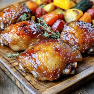 - 4 bone-in chicken thighs, skin-on - 1/2 cup pure maple syrup - 2 tablespoons Dijon mustard - 2 cloves garlic, minced - 1 tablespoon soy sauce (low sodium) - 1 teaspoon fresh thyme leaves (or 1/2 tsp dried thyme) - Salt and freshly ground black pepper, to taste - 1 tablespoon olive oil - 1 tablespoon apple cider vinegar When I make maple glazed chicken thighs, I always choose bone-in, skin-on pieces. The skin adds crispiness and flavor. The maple syrup brings a sweet touch, while the Dijon mustard gives a nice tang. Garlic adds depth and warmth. For seasonings, I use low-sodium soy sauce. It helps balance the sweet flavors without being too salty. Fresh thyme leaves add a lovely herbal note, but dried thyme works too if that’s what you have. I always season with salt and fresh pepper for a little extra kick. In terms of cooking essentials, I use olive oil to sear the chicken. It helps create that golden, crispy skin. The apple cider vinegar adds brightness to the glaze, making every bite pop. This combination of ingredients creates a deliciously balanced dish. For the full recipe, check out the link provided. To start, whisk together the marinade ingredients. In a medium bowl, combine: - 1/2 cup pure maple syrup - 2 tablespoons Dijon mustard - 2 cloves garlic, minced - 1 tablespoon soy sauce - 1 teaspoon fresh thyme leaves - Salt and freshly ground black pepper, to taste - 1 tablespoon apple cider vinegar Make sure everything mixes well. Now, coat the chicken thighs thoroughly in the marinade. Place them in the bowl, turning to cover all sides. Cover and refrigerate for at least 1 hour or overnight for more flavor. When you're ready to cook, preheat your oven to 400°F (200°C). While that heats up, grab a large oven-safe skillet. Add 1 tablespoon of olive oil and heat it over medium-high heat. Once the oil is hot, add the marinated chicken thighs, skin-side down. Sear them for about 5-7 minutes until the skin turns golden brown and crispy. After searing, carefully flip the chicken thighs over. Pour any remaining marinade from the bowl over the chicken in the skillet. Now, transfer the skillet to the preheated oven. Bake for 25-30 minutes. Check the internal temperature; it should reach 165°F (74°C). This ensures your chicken is cooked through and safe to eat. - How to ensure crispy skin on chicken: Start by patting the chicken thighs dry. This removes excess moisture. Next, sear the chicken in a hot skillet with olive oil. Cook skin-side down for about 5 to 7 minutes. This helps create that desired crispy skin. - Ideal marination times for best flavor: For great flavor, marinate the chicken for at least 1 hour. If you can, let it sit overnight. The longer it marinates, the more the flavors soak in. - Pairing with side dishes like roasted vegetables: Maple glazed chicken pairs well with roasted veggies. Try carrots, Brussels sprouts, or green beans. They add color and nutrients to your meal. - Garnishing ideas for presentation: For a lovely touch, garnish with fresh thyme sprigs. You can also sprinkle some chopped parsley on top. This adds a nice pop of color. - Common issues and how to fix them: If your chicken is undercooked, use a meat thermometer. The chicken should reach 165°F (74°C) for safety. If it’s not cooked, return it to the oven until done. If the glaze is too thin, let it simmer on the stove to thicken before serving. {{image_2}} You can switch chicken thighs for chicken breasts if you prefer. Breasts are leaner but still tasty. If you want a different sweet flavor, use honey instead of maple syrup. Honey adds a floral note and works well in the glaze. To spice things up, add chili flakes to the marinade. This gives a nice kick to the dish. You can also try using fresh herbs like rosemary instead of thyme. Rosemary adds a woodsy and aromatic flavor that pairs beautifully with chicken. Grilling maple glazed chicken gives it a smoky flavor. If you want a crispy outside, grilling is a great choice. Baking is easier and keeps the chicken tender. You can also use a slow cooker. This method makes the chicken very juicy and allows the flavors to mix well. You can find the Full Recipe if you want to try these variations. To store leftover chicken, place it in an airtight container. This keeps the chicken fresh. After cooking, let it cool before sealing. Store it in the fridge for up to 3 days. This keeps the flavor intact and safe to eat. You can freeze cooked chicken thighs for later use. Wrap each piece tightly in plastic wrap. Then, place them in a freezer bag. This prevents freezer burn. Use within 3 months for the best taste. To thaw, move the chicken to the fridge overnight. For quick reheating, use the microwave or oven until heated through. Leftover chicken is great for meal prep. Dice it up for salads or sandwiches. It adds protein and flavor. For a meal prep version, marinate extra chicken at the start. Cook a larger batch and divide into portions. This makes lunch or dinner easy all week. For added variety, switch up dressings or toppings. The best way to check if chicken thighs are done is by using a meat thermometer. The internal temperature should reach 165°F (74°C). This ensures the chicken is safe to eat. Remember, the juices should run clear, not pink. Yes, you can prepare these chicken thighs ahead of time. Marinate the chicken and store it in the fridge for up to 24 hours. This allows the flavors to soak in. When ready to cook, follow the recipe steps. For reheating, use the oven to keep the skin crispy. You can pair these chicken thighs with many sides. Try roasted vegetables for a warm dish. A fresh green salad adds a nice crunch. Mashed potatoes or rice can soak up the sweet glaze. This recipe can be made gluten-free by using gluten-free soy sauce. If you want a lower-sugar option, try reducing the maple syrup amount. You can also mix in some apple juice for sweetness without too much sugar. Yes, you can use honey or agave syrup as substitutes. These will change the flavor slightly but still taste great. Honey gives a richer flavor, while agave is milder. Adjust the amount based on your taste preference. For the full recipe, check out the earlier section on ingredients and step-by-step instructions. This post covered how to make delicious maple glazed chicken thighs. We discussed the main ingredients, marinating, and cooking methods. I shared tips for achieving the perfect chicken skin and pairing the dish with sides. You can also experiment with variations and learn storage tips for leftovers. Cooking should be fun and tasty. With these methods and ideas, you’ll impress everyone at the table. Enjoy your cooking journey!