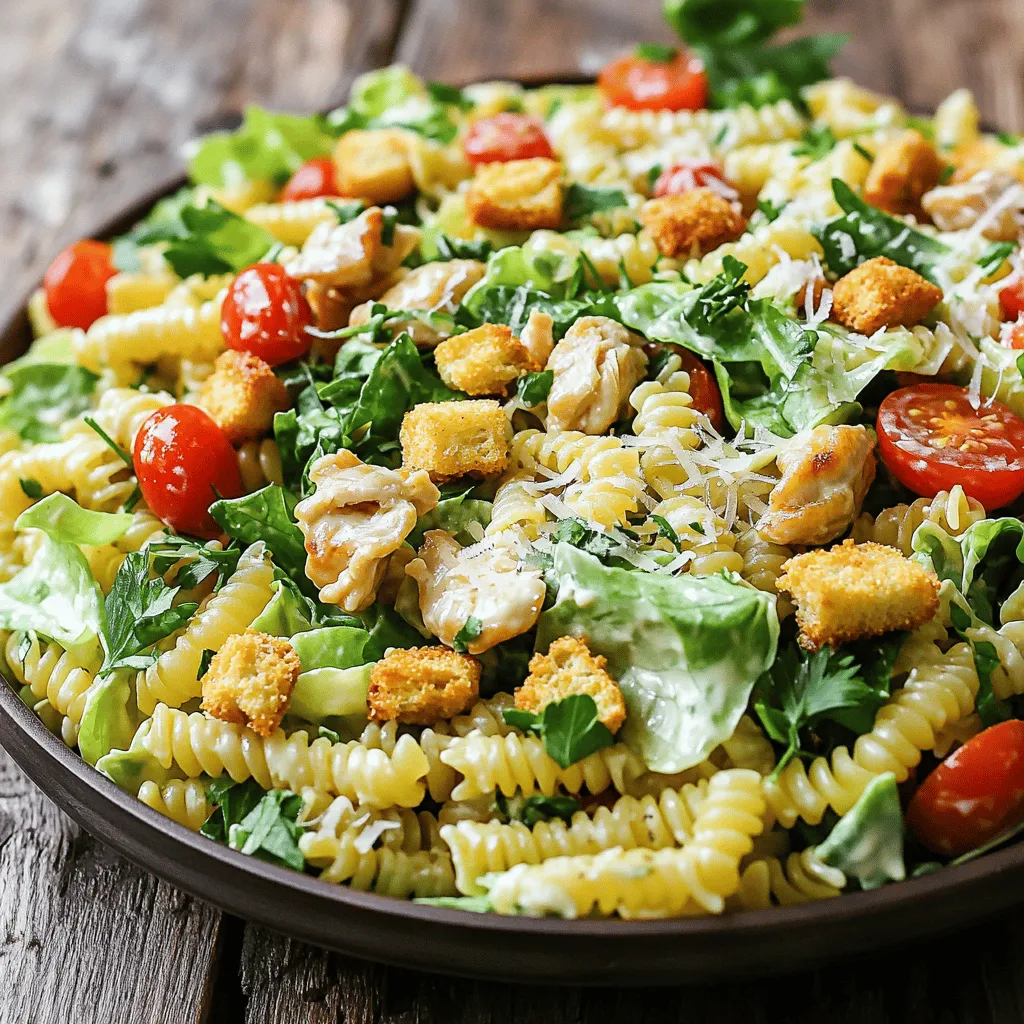 To make Chicken Caesar Pasta Salad, you will need: - 8 oz rotini pasta - 2 cups cooked chicken breast, diced - 4 cups romaine lettuce, chopped - 1/2 cup cherry tomatoes, halved - 1/4 cup grated Parmesan cheese - 1/2 cup Caesar dressing (store-bought or homemade) - 1/2 cup croutons - 1 tablespoon olive oil - 1 teaspoon garlic powder - Salt and pepper to taste - Fresh parsley for garnish You can swap some ingredients if needed: - Use penne or fusilli pasta instead of rotini. - Any cooked chicken works, like grilled or rotisserie. - Spinach or kale can replace romaine for a different taste. - Try feta cheese instead of Parmesan for a new flavor. - Use ranch or Italian dressing instead of Caesar. - Gluten-free pasta is a good option for gluten-free diets. Each serving of Chicken Caesar Pasta Salad has: - Calories: 450 - Protein: 30g - Carbohydrates: 35g - Fat: 20g - Fiber: 3g - Sugar: 2g This meal is balanced with protein, healthy fats, and carbs. Enjoying it gives you energy and keeps you full. For the full recipe, check the details above. First, gather your ingredients. You need 8 oz of rotini pasta. Bring a pot of water to a boil. Add the pasta and cook it until it is al dente. This usually takes about 8-10 minutes. Once done, drain the pasta. Rinse it under cold water to stop the cooking. This helps keep the pasta firm and fresh. Next, take 2 cups of cooked chicken breast and dice it into small pieces. Heat 1 tablespoon of olive oil in a large skillet over medium heat. Add the chicken to the skillet. Sprinkle with 1 teaspoon of garlic powder, salt, and pepper. Sauté for about 5-7 minutes. You want the chicken to be warm and slightly crispy. This step adds great flavor to your salad. Now, it’s time to mix everything. In a big bowl, combine the cooled pasta, 4 cups of chopped romaine lettuce, and 1/2 cup of halved cherry tomatoes. Add in the sautéed chicken. Drizzle 1/2 cup of Caesar dressing over the top. Toss everything gently to mix. Finally, add 1/4 cup of grated Parmesan cheese and 1/2 cup of croutons. Toss again to combine. You can adjust the seasoning if needed. For the best taste, serve immediately or chill for about 30 minutes. This lets the flavors blend beautifully. You can find the Full Recipe to guide you through this delicious meal. To cook pasta well, start with a big pot of water. Add a pinch of salt. This helps the pasta taste better. Bring the water to a rolling boil before adding the pasta. Stir the pasta once in a while to keep it from sticking. For rotini, cook it for about 8-10 minutes. Test it by biting into a piece; it should be firm but not hard. After cooking, drain the pasta and rinse it under cold water. This stops the cooking and cools it down. Seasoning is key to a tasty dish. While sautéing the chicken, I use garlic powder, salt, and pepper. These simple spices boost the flavor without overwhelming it. You can also add lemon juice for a zesty kick. If you want more flavor, try fresh herbs like basil or parsley. They add brightness and freshness to your Chicken Caesar Pasta Salad. If you plan to eat this salad later, make it ahead. You can cook the pasta and chicken the night before. Store them separately in the fridge. Mix the salad in the morning when you're ready to eat. This keeps everything fresh and crisp. You can also pack it for lunch. It tastes great after sitting in the fridge for a while, allowing the flavors to blend. For the full recipe, check the main article! {{image_2}} You can easily make a vegetarian version of this dish. Replace the chicken with chickpeas or grilled tofu. Both options add protein and flavor. Use a creamy vegan Caesar dressing to keep it tasty. Add extra veggies like bell peppers or cucumbers for crunch. To make this salad gluten-free, use gluten-free pasta. There are many great options made from rice, quinoa, or lentils. Check the labels to ensure they are certified gluten-free. You can also use gluten-free croutons or skip them altogether for a lighter dish. You can make this salad even more fun with tasty add-ins. Try adding ripe avocado for creaminess. Crispy bacon bits also bring a nice crunch and flavor. You might add roasted red peppers or sun-dried tomatoes for extra color and taste. Each add-in can change the flavor and make it your own. If you're ready to create your own version, check out the Full Recipe for all the steps! Store your Chicken Caesar Pasta Salad in an airtight container. It keeps well in the fridge. Make sure it cools down before sealing. This will help keep it fresh for up to three days. If you want to keep the croutons crunchy, store them separately. To reheat, add the salad to a skillet over low heat. Stir gently until warm. You can also microwave it for about one minute. Just don’t heat it too long. You want to keep the freshness of the salad intact. Freezing is not the best option for this salad. The lettuce will become soggy once thawed. If you must freeze it, leave out the lettuce and croutons. Store the pasta and chicken mix in a freezer-safe bag. It can last for about one month. Just remember to thaw it in the fridge before serving. For the best taste, prepare fresh salad ingredients when you are ready to eat. Yes, you can make Chicken Caesar Pasta Salad ahead of time. It actually tastes better after chilling. Just prepare the salad without the dressing. Store it in the fridge for up to two days. When you are ready to serve, add the dressing. This keeps the lettuce crisp. If you want a change, try ranch or Italian dressings instead of Caesar. These dressings bring different flavors. A yogurt-based dressing is a great option for a lighter version. Experiment to find your favorite taste. To make this recipe healthier, use whole wheat pasta. You can also add more veggies like cucumbers or bell peppers. Reduce the amount of cheese or croutons too. Use a light or homemade dressing to cut down on fat. Chicken Caesar Pasta Salad pairs well with grilled chicken or fish. You can also serve it with a light soup. Garlic bread or a fresh baguette can be great sides too. This meal is filling and satisfying on its own! This blog post covered how to make a delicious Chicken Caesar Pasta Salad. We went over key ingredients, substitutions, and nutrition facts. I shared easy step-by-step instructions. You learned tips for cooking pasta and adding more flavor. We also discussed healthy variations, storage info, and answered common questions. Embrace your creativity when making this dish. Don’t hesitate to try new flavors or ingredients. Enjoying tasty meals can be fun and satisfying. Happy cooking!