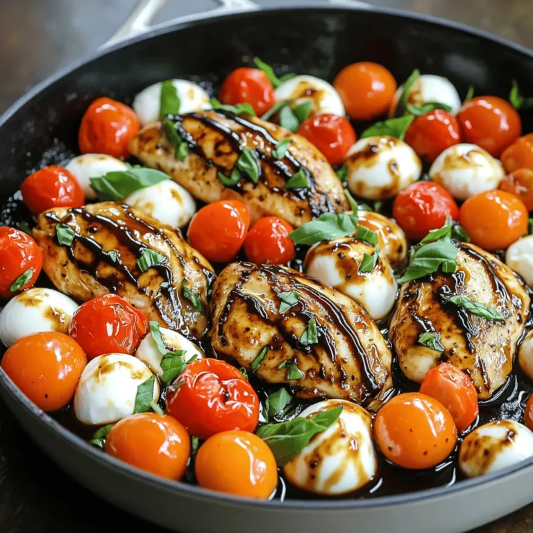 - 4 boneless, skinless chicken breasts - 1 cup cherry tomatoes, halved - 1 cup fresh mozzarella balls, halved - 1/4 cup fresh basil, chopped - 1/2 cup balsamic glaze - 2 tablespoons olive oil - 2 cloves garlic, minced - Salt and pepper to taste You can add different flavors to this dish. Try using: - Spinach for added greens - Red onion for sharper taste - Avocado for creaminess - Fresh oregano for an herby kick If you have specific needs, try these swaps: - Use chicken thighs instead of breasts for juiciness. - Replace mozzarella with vegan cheese for a dairy-free option. - Use cauliflower for a low-carb meal. - Swap balsamic glaze with lemon juice for a zesty twist. This recipe is versatile and easy to adapt. Check out the Full Recipe for more details! 1. Preheat your oven to 400°F (200°C). This sets the right heat for baking. 2. Next, prepare the chicken and vegetables. Season the chicken breasts with salt and pepper. 3. Halve the cherry tomatoes and mozzarella balls. Chop the fresh basil. These add great flavors. 1. In a large, oven-safe skillet, heat 2 tablespoons of olive oil over medium heat. 2. Add 2 cloves of minced garlic. Sauté for about 1 minute until fragrant. 3. Place the seasoned chicken breasts in the skillet. Sear for 5-7 minutes on each side until golden brown. 4. Drizzle half of the balsamic glaze over the chicken. This adds a rich flavor. 5. Scatter the halved cherry tomatoes and mozzarella balls around the chicken. 6. Drizzle the remaining balsamic glaze over the vegetables. 1. Transfer the skillet to the preheated oven. Bake for 20 minutes. 2. Check the chicken temperature. It should reach 165°F (74°C) to be fully cooked. 3. Once done, remove it from the oven. Garnish with chopped fresh basil before serving. Following these steps will help you create a delicious Balsamic Glazed Caprese Chicken. For the complete details, refer to the Full Recipe. To achieve juicy chicken breasts, start with fresh, high-quality meat. Use a meat thermometer to check doneness. The ideal internal temperature is 165°F (74°C). This ensures your chicken stays moist and safe to eat. Preventing dryness is key. Sear the chicken on medium heat first. This keeps the juices locked inside. Avoid cooking on high heat, which can dry the meat out quickly. Let the chicken rest for a few minutes after cooking. This helps redistribute the juices for better flavor. For perfect side dishes, consider pairing with garlic bread or a fresh salad. A simple arugula salad with lemon dressing complements the chicken well. Roasted vegetables also add color and nutrition. Plating is important for presentation. Use a large white plate to make the colors pop. Stack the chicken slightly off-center and arrange the tomatoes and mozzarella around it. Finish with a sprinkle of fresh basil for a vibrant look. For extra flavor, use fresh herbs like thyme or oregano. They add depth without overpowering the dish. You can also try adding a pinch of red pepper flakes for heat. Adjusting the balsamic glaze sweetness is easy. If you prefer it sweeter, add a touch of honey or brown sugar. For a tangier taste, mix in some lemon juice or vinegar. This allows you to customize the glaze to fit your taste. For the full recipe, check out the Balsamic Glazed Caprese Chicken section above. {{image_2}} You can easily make this dish vegetarian. Swap chicken with tofu or eggplant. Both options soak up flavors well. Tofu provides protein, while eggplant adds a nice texture. For cheese, try different types like goat cheese or feta. Each cheese adds its own unique taste. Add more veggies to boost flavor. You can mix in bell peppers or spinach. They add color and nutrients. For spices, try adding red pepper flakes for heat or Italian herbs for extra depth. You can also create new balsamic glazes. Mix in honey for sweetness or mustard for tang. Each twist gives a fresh flavor. You can grill the chicken for a smoky taste. Just marinate it in the balsamic glaze first. Grilling gives great char and flavor. If you need a faster method, use an Instant Pot. Cook on high pressure for about 10 minutes. It saves time and keeps the chicken juicy. To keep your balsamic glazed caprese chicken fresh, store it in an airtight container. This helps prevent moisture loss and keeps flavors intact. Place it in the fridge if you plan to eat it within three days. If you want to save it longer, freezing is a great option. Wrap the chicken tightly in plastic wrap, then place it in a freezer bag. This will protect it from freezer burn. When reheating, it's best to maintain the chicken's juicy texture. For the best results, use the oven. Preheat to 350°F (175°C) and place the chicken on a baking dish. Cover it with foil to keep moisture in and heat for about 15-20 minutes. If you're short on time, you can use the microwave. Heat in short bursts, checking often to avoid overcooking. Leftovers last about three to four days in the fridge. If frozen, they can stay good for about three months. To check for spoilage, look for changes in color or smell. If the chicken seems off, it’s best to throw it away. Always prioritize safety when storing and reheating your meals. For the full recipe, refer to the earlier section. Balsamic glaze is a thick, sweet sauce made from balsamic vinegar. It adds a rich flavor to dishes. To make it, cook balsamic vinegar in a pot over low heat. Stir it as it reduces. This process thickens the vinegar and enhances its sweetness. You can also buy it pre-made. Both options work well for Balsamic Glazed Caprese Chicken. Yes, you can prepare this dish in advance. Cook the chicken and add the toppings. Let it cool, then store it in the fridge. When ready to eat, reheat it in the oven. This keeps the flavors fresh and delicious. Make sure the chicken reaches 165°F when reheating. - Ideal wine pairings: A light, crisp white wine works best. Try a Sauvignon Blanc or Pinot Grigio. These wines balance the strong flavors of the dish. - Complementary salad options: A simple green salad pairs nicely. Use mixed greens with a light vinaigrette. You can also add sliced cucumbers and cherry tomatoes for color and crunch. This blog post covered the key ingredients for Balsamic Glazed Caprese Chicken. We explored cooking steps, tips, and variations. You learned how to keep the chicken juicy and flavorful. Remember, you can adjust the recipe to fit your needs. Feel free to get creative with ingredients. Balsamic Glazed Caprese Chicken is a simple dish that impresses. Enjoy making it and sharing it with others!