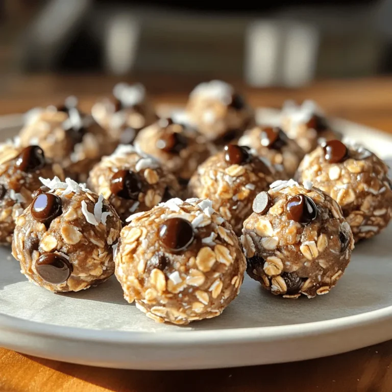 - 1 cup rolled oats - 1/2 cup almond butter (or any nut butter of choice) - 1/4 cup honey or maple syrup These key ingredients form the base of your energy bites. Rolled oats provide fiber and texture. Almond butter gives healthy fats and protein. Honey or maple syrup adds natural sweetness. - 1/4 cup mini chocolate chips - 1/4 cup ground flaxseed - 1/4 cup shredded coconut (unsweetened) Mini chocolate chips add a delightful burst of flavor. Ground flaxseed boosts nutrition with omega-3s. Shredded coconut gives a chewy texture and tropical taste. - 1 tsp vanilla extract - 1/2 tsp cinnamon - A pinch of salt Vanilla extract enhances the overall flavor. Cinnamon adds warmth and depth. A pinch of salt balances the sweetness and brings all the flavors together. For the complete guide on making these bites, check out the [Full Recipe]. To start, gather your ingredients. For the dry mix, you need rolled oats, ground flaxseed, shredded coconut, and cinnamon. In a medium bowl, combine these dry ingredients. Mix them well so they blend nicely. Next, let's make the wet mix. In a separate bowl, add almond butter, honey (or maple syrup), vanilla extract, and a pinch of salt. Stir until it becomes smooth and creamy. This step is key for a good flavor. Now, pour the wet mix into the dry mix. Stir until you combine everything. You want all the dry ingredients to be coated with the wet mix. Finally, gently fold in mini chocolate chips. This adds a sweet delight to every bite. Now it’s time to shape your energy bites. Take about one tablespoon of the mixture. Roll it between your hands to form a ball. Make sure they are about the same size for even bites. Repeat this process until you use all the mixture. Place each ball on a parchment-lined baking sheet. This helps them not stick and makes clean-up easy. Keep them spaced out a bit to avoid sticking together. After shaping, place the baking sheet in the fridge. Let the energy bites chill for at least 30 minutes. This helps them firm up and hold their shape. Once chilled, store the bites in an airtight container. Keep them in the fridge for up to one week. Enjoy these tasty snacks whenever you need a quick energy boost, and don’t forget to check out the Full Recipe for more details! To boost the flavor of your energy bites, add spices like nutmeg or ginger. They give a warm kick. You can also try different extracts, like almond or coconut, for a unique taste. If you like it sweeter, adjust the honey or maple syrup. Just add a little at a time to find your perfect sweetness. For a better texture, focus on the consistency of your mixture. If it's too dry, add a touch more nut butter or honey. For crunchier bites, mix in chopped nuts or seeds. If you prefer them chewier, reduce the baking time slightly. This makes them softer and more enjoyable. Use a medium bowl for mixing your ingredients. A spatula works well for combining everything. To store your energy bites, an airtight container is best. It keeps them fresh longer. You can also use parchment paper to prevent sticking when chilling them in the fridge. For the full recipe, check out the [Full Recipe]. {{image_2}} You can easily make these energy bites fit your diet. For gluten-free options, use certified gluten-free oats. This way, you avoid any gluten while still enjoying a tasty snack. If you want vegan alternatives, swap honey for maple syrup. Both options keep the bites sweet and delicious. You can add fun flavors to your energy bites. Try mixing in dried fruits like raisins or cranberries. These add chewiness and natural sweetness. Nuts such as almonds or walnuts also work well. They add crunch and healthy fats. You can also experiment with different types of chocolate. Use dark, milk, or even white chocolate chips. Each type brings its own unique taste. Get creative with nut butters! While almond butter is great, you can try peanut butter or cashew butter. Each brings a different flavor and texture. You can also incorporate protein powder for a boost. This makes the bites even more filling and nutritious. Adjust the wet ingredients slightly if you add protein powder to keep the right texture. Feel free to explore these variations. They can help you make the perfect chocolate chip energy bites just for you. Check out the Full Recipe for the basic mix, then let your imagination lead the way! To keep your chocolate chip energy bites fresh, store them in an airtight container. Glass or plastic containers work well. Place them in the fridge to maintain their texture and taste. They can last up to one week when stored properly. You can freeze energy bites for longer storage. To freeze, place them in a single layer on a baking sheet. Once frozen, transfer them to a freezer-safe bag. This method prevents them from sticking together. When you want to eat them, take out a few bites and let them thaw in the fridge. This process takes about an hour. In the fridge, these bites last about one week. After that, they may lose flavor and texture. Watch for signs of spoilage, like an off smell or changes in color. If you see or smell anything unusual, it's best to toss them. Enjoy your homemade snacks while they’re fresh! Chocolate chip energy bites can last up to one week in the fridge. Store them in an airtight container for the best freshness. If you freeze them, they can last for about three months. Just thaw them in the fridge when you're ready to enjoy. Yes, you can easily substitute ingredients in this recipe. If you don't like almond butter, feel free to use peanut butter or sunflower seed butter. You can swap honey for maple syrup if you prefer a vegan option. The mini chocolate chips can also be replaced with dried fruits or nuts. Absolutely! These energy bites are a great snack for kids. They are tasty, healthy, and easy to make. You can even involve your kids in the preparation. They will love rolling the bites into balls. Just ensure there are no allergies to the ingredients used. Yes, making these energy bites in advance is a smart idea. You can prepare a batch at the start of the week. This way, you have quick snacks ready for busy days. Just store them in the fridge or freeze some for later use. Chocolate chip energy bites offer many nutritional benefits. They contain rolled oats, which provide fiber for digestion. Almond butter adds healthy fats and protein. Flaxseed is rich in omega-3 fatty acids, promoting heart health. Plus, the little bit of chocolate makes them a treat! These chocolate chip energy bites are simple to make and full of good stuff. You can enjoy them as snacks or quick breakfast bites. Let’s dive into what makes these little treats so special. - Rolled oats: They give a hearty base and provide fiber. - Almond butter (or nut butter alternatives): This adds creaminess and healthy fats. - Honey or maple syrup: Sweeteners that bring flavor and stickiness. - Mini chocolate chips: They add sweetness and a fun texture. - Ground flaxseed: This boosts nutrition and adds omega-3s. - Unsweetened shredded coconut: It gives a nice chewiness. - Vanilla extract: This enhances the flavor and warms the bites. - Cinnamon: It adds spice and depth. - Salt: Just a pinch balances all the flavors. In this recipe, we blend all these ingredients to create something delicious. You can find the [Full Recipe] at the start of this article. It only takes about 10 minutes to mix, and then just chill for 30 minutes. You’ll have about 12 bites ready to enjoy! Feel free to switch it up with your favorite nut butter or add different mix-ins. The options are endless! These chocolate chip energy bites are simple to make and full of flavor. We covered key ingredients like oats and nut butter. I shared tips on making them crunchier or chewier, and variations for different diets. Remember to store them in an airtight container for the best taste. You can enjoy these bites anytime you need a quick snack. Making them yourself lets you control the ingredients and flavors. Healthy snacks can be easy and delicious, so try these energy bites today!