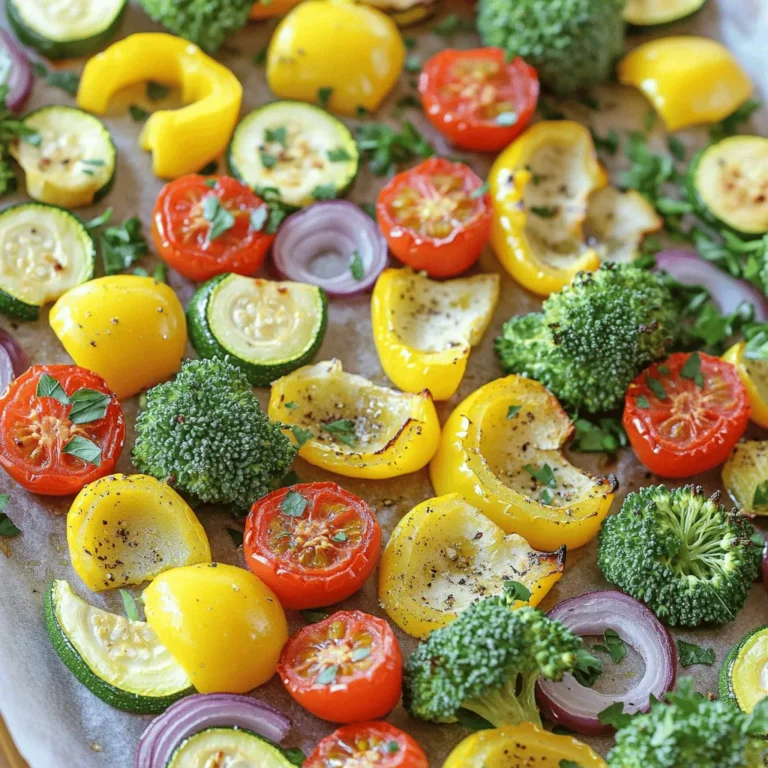 - 1 cup bell peppers (mixed colors), sliced - 1 zucchini, sliced into half-moons - 1 yellow squash, sliced into half-moons - 1 cup cherry tomatoes, halved - 1 cup broccoli florets - 1 red onion, sliced - 3 cloves garlic, minced - 3 tablespoons olive oil - 1 teaspoon dried oregano - 1 teaspoon smoked paprika - Salt and pepper to taste - Fresh parsley, chopped, for garnish In this oven roasted veggie medley, I focus on fresh vegetables. Each vegetable adds its unique flavor and texture. Bell peppers bring sweetness, while zucchini and yellow squash add a nice crunch. Cherry tomatoes burst with juiciness. Broccoli florets provide a hearty bite, and red onion adds a mild sharpness. For the seasonings, I use garlic to enhance the flavor. Olive oil helps the veggies roast well, giving them a golden color. Oregano and smoked paprika add depth. Salt and pepper round it all out, making each bite savory. I finish the dish with fresh parsley. This adds a pop of color and freshness. The herbs elevate the dish and make it visually appealing. Follow the Full Recipe to enjoy this colorful and healthy dish! - Preheat your oven to 425°F (220°C). - Prepare and slice all vegetables. First, I start by preheating the oven. This step gets the heat just right for roasting. While that warms up, I slice my veggies. I choose a mix of colorful bell peppers, zucchini, yellow squash, cherry tomatoes, broccoli, and red onion. Each vegetable adds a unique taste and texture. - Combine vegetables in a mixing bowl. - Drizzle with olive oil and add seasonings. Next, I toss all the sliced vegetables into a big mixing bowl. Then, I drizzle olive oil over them. This oil helps the veggies roast evenly. I add dried oregano, smoked paprika, salt, and pepper for flavor. I mix everything well, so every piece gets coated nicely. The smell is amazing! - Spread mixture on a baking sheet. - Roast for 20-25 minutes. After mixing, I spread the veggies out on a baking sheet. It’s important to lay them in a single layer. This helps them roast well and get that nice caramelized look. I pop the tray in the oven and set a timer for 20-25 minutes. Halfway through, I stir the veggies for even cooking. When they are tender and slightly golden, I know they are ready. This dish is a celebration of colors and flavors. For the full recipe, you can check the details above. Enjoy! To get the best roast, you need even cooking. Make sure to cut your veggies into similar sizes. This helps them cook at the same rate. It’s also key to spread your veggies in a single layer on the baking sheet. This way, hot air can reach all sides of the veggies. If they overlap, some will steam instead of roast. Adding herbs and spices can really boost the taste. I love using dried oregano and smoked paprika, but feel free to experiment. You can also try fresh herbs like thyme or rosemary. Want to change your oil? You can swap olive oil for avocado oil or even sesame oil. Each oil adds its own unique flavor. This veggie medley pairs well with proteins. Grilled chicken or fish makes a great match. You can also serve it over rice or quinoa. If you want to keep it simple, eat it as a standalone dish. The flavors are rich enough to shine on their own. For a little extra crunch, sprinkle some nuts or seeds on top. For the complete cooking experience, check out the Full Recipe. {{image_2}} You can change the veggies based on the season. In fall, try root veggies like carrots and parsnips. They add sweetness and depth. In summer, use fresh zucchini and eggplant for a lighter taste. Explore squashes too. Butternut or acorn squash adds a rich flavor. Each season brings new veggies, making this dish fun and fresh. If you want to try something new, consider cooking in an air fryer. It cooks faster and gives a nice crisp. Just set it to 375°F (190°C) and cook for about 15 minutes. Stir halfway for even cooking. Grilling gives a smoky taste. Toss the veggies in a grill basket and cook on medium heat for 10-15 minutes. This adds a lovely char and flavor. You can serve this veggie medley in many ways. Plating it over grains like rice or quinoa makes a filling meal. The grains soak up the flavors. You can also mix it into salads or wraps. This adds color and nutrition to your lunch. The options are endless, so feel free to get creative! For the full recipe, check out the detailed cooking steps above! To store your Oven Roasted Veggie Medley, place leftovers in airtight containers. Glass or plastic containers work well. Make sure the veggies cool before sealing them. In the fridge, these roasted veggies last about 3 to 5 days. Check for any signs of spoilage before using them. To freeze your veggie medley, wait until it cools completely. Spread the veggies in a single layer on a baking sheet. This prevents them from sticking together. Freeze for 1 to 2 hours, then transfer to freezer-safe bags. Label the bags with the date. When ready to eat, thaw in the fridge overnight before reheating. For reheating, the oven is your best choice. Preheat it to 350°F (175°C). Place the veggies in a baking dish and cover them with foil. Heat for about 15 minutes. This keeps the texture nice. If you're in a hurry, the microwave works too. Just use a microwave-safe dish and heat in short bursts. Stir in between to ensure even heating. Yes, you can use frozen vegetables! Just remember they hold water. Adjust the cooking time to about 30-35 minutes. Keep an eye on them. You want them tender but not mushy. Stir halfway to help them cook evenly. If you need an oil substitute, try avocado oil or canola oil. They both work well with this medley. You could also use melted coconut oil for a slight sweetness. Each oil brings a unique taste, so choose what you like! You’ll know your veggies are done when they are tender and slightly caramelized. Look for a golden color around the edges. A fork should slide easily into them. The smell will also be amazing, making your mouth water! Absolutely! Adding chicken, shrimp, or sausage can boost flavor and protein. If you add meat, cut it into small pieces. Adjust cooking time to about 30-35 minutes, ensuring meat is fully cooked. This makes the dish heartier and more filling! This blog post shared a simple recipe for roasting fresh vegetables. You learned about key ingredients, including seasonal veggies and essential seasonings. I detailed step-by-step instructions for preparation and roasting. Tips on enhancing flavors and variations were also included. Finally, I covered storage options and answered common questions. Roasting vegetables is easy and fun. You can mix and match ingredients to fit your taste. Try this method to enjoy healthy meals in minutes!