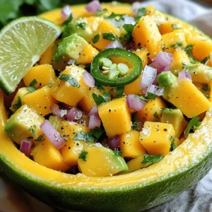 - 2 ripe mangoes, diced - 2 avocados, diced - 1 small red onion, finely chopped - 1 jalapeño, deseeded and minced - 1/4 cup fresh cilantro, chopped - Juice of 2 limes - 1 tablespoon olive oil - Salt and pepper to taste - Optional ingredients for extra flavor Mango avocado salsa needs fresh and ripe ingredients. The mangoes must be sweet and juicy. Choose avocados that yield slightly when you press them. A small red onion adds a nice crunch and mild flavor. Jalapeños give the salsa a bit of heat, but you can adjust this to your taste. Fresh cilantro adds brightness, and lime juice balances the sweetness. Olive oil brings everything together, adding richness. You can include optional ingredients like diced bell peppers, corn, or even black beans for added texture. The magic of this salsa is in its balance of flavors. Each bite offers a mix of sweet, creamy, and zesty notes. This is why I love this recipe. It’s simple, fresh, and so rewarding to make. For the full recipe, you can check out the details above. To start, you need to dice the mangoes and avocados. First, take a ripe mango, and stand it on its end. Use a sharp knife to slice down along the pit. Do this on both sides. Next, take each half and score the flesh in a grid pattern. Then, use a spoon to scoop out the diced mango. For the avocado, cut it in half and twist to separate. Remove the pit carefully. Score the flesh like you did with the mango. Use a spoon to scoop it out. Now, let’s mince the jalapeño. First, slice it in half and remove the seeds for less heat. Then, finely chop the jalapeño into small pieces. Make sure to wash your hands afterward to avoid irritation. Now it’s time to mix your salsa! In a large mixing bowl, combine the diced mangoes and avocados. Then, add the finely chopped red onion and minced jalapeño. Don’t forget the chopped cilantro! Next, prepare the dressing. In a small bowl, whisk together the lime juice, olive oil, salt, and pepper. Pour this mixture over the fruit and veggies in the large bowl. To toss the salsa, gently stir with a large spoon. Be careful not to mash the avocado. You want to keep those lovely chunks intact. Let the salsa sit for about 10 minutes. This step is key! Allowing the salsa to rest helps the flavors mix and blend well. You will notice a big difference in taste after it sits. Enjoy your fresh mango avocado salsa! For the full recipe, check the earlier section. To make your Mango Avocado Salsa shine, start with the spice level. You can adjust this by using jalapeño. If you want more heat, add a bit more jalapeño. If you prefer mild flavors, use less. The heat balances well with the sweet mango and creamy avocado. Using fresh lime juice is key for the best taste. It brightens the salsa and adds zest. Fresh lime juice also helps the flavors mix better. I always squeeze the lime right before I add it. This keeps the juice fresh and lively. When it comes to serving, get creative! Try serving the salsa in a hollowed-out lime or avocado half. This not only looks great but also adds extra flavor. It makes your dish pop on the table! For garnishing, consider using cilantro leaves on top. They add a vibrant touch and enhance the color. A lime wedge on the side is also a lovely addition. These small touches make your salsa look more appealing. Try these tips to enhance your Mango Avocado Salsa experience. For the full recipe, check the link above. {{image_2}} You can change up the ingredients in mango avocado salsa for new flavors. One great swap is using pineapple instead of mango. Pineapple adds a sweet and tangy twist. It works well with the creamy avocado and crunchy onion. Another fun option is to add corn or black beans. Corn adds a sweet crunch, while black beans bring a hearty texture. Both ingredients make the salsa more filling. Try mixing in one or both for a new taste. If you want a lighter version, simply use less oil. You can cut the olive oil by half and still get great flavor. The lime juice gives a nice zing, so you won’t miss the extra oil. For seasoning, consider low-sodium options. Use fresh herbs or spices to boost flavor without the salt. This makes the salsa healthier, and it still tastes delicious. You can enjoy the full flavor of the salsa without worrying about extra sodium. Explore these variations to make the salsa your own! For the full recipe, check out the Mango Avocado Salsa Delight 🥭🥑. To keep mango avocado salsa fresh, store it in the fridge. Place it in an airtight container. It will stay good for about two to three days. If you want to freeze it, you can. However, the texture may change. The avocado can become mushy after thawing. If you choose to freeze it, use a freezer-safe container. Leave some space for expansion. Salsa can last up to three months in the freezer. How long can you keep it fresh? If stored properly in the fridge, mango avocado salsa lasts two to three days. If you freeze it, it can last for three months. Watch for signs of spoilage. If you see brown spots on the avocado, it may be time to toss it. A sour smell or watery liquid on top also means it’s no longer good. Always trust your senses; they guide you well. Can I make this salsa ahead of time? Yes, you can make mango avocado salsa ahead of time. It stays fresh in the fridge for about a day. However, the avocado may brown a bit. To keep it bright, add lime juice just before serving. What pairs well with mango avocado salsa? Mango avocado salsa goes great with grilled chicken, fish tacos, or tortilla chips. You can also use it as a topping for nachos or a fresh side for any meal. How to keep avocado from browning? To stop avocado from browning, use lime juice. The acid in lime juice slows down oxidation. You can also cover the salsa tightly with plastic wrap, pressing it against the surface to limit air exposure. Can I use frozen mangoes for this recipe? Yes, you can use frozen mangoes. Just thaw them first and drain any excess liquid. Fresh mangoes have a better texture, but frozen can work in a pinch. Overview of health benefits of key ingredients Mangoes are high in vitamins A and C. They help boost your immune system. Avocados are full of healthy fats and fiber. They support heart health and digestion. Red onions add antioxidants, while cilantro offers anti-inflammatory benefits. Caloric and nutritional breakdown per serving Each serving of mango avocado salsa has about 150 calories. It contains: - Fat: 9g (mostly from avocado) - Carbohydrates: 20g - Fiber: 5g - Protein: 2g This salsa is not only tasty but also nutritious, making it a great addition to your meals. For the full recipe, see above. Mango avocado salsa is fresh and simple to make. We covered the ingredients and how to prepare them. Mixing your salsa is easy when you follow the steps. Allowing the flavors to meld adds depth. You can enhance taste with tips like fresh lime juice and creative garnishing. Don’t forget to explore variations and storage options. This salsa offers a tasty way to enjoy healthy ingredients. Give it a try, and you will love it!