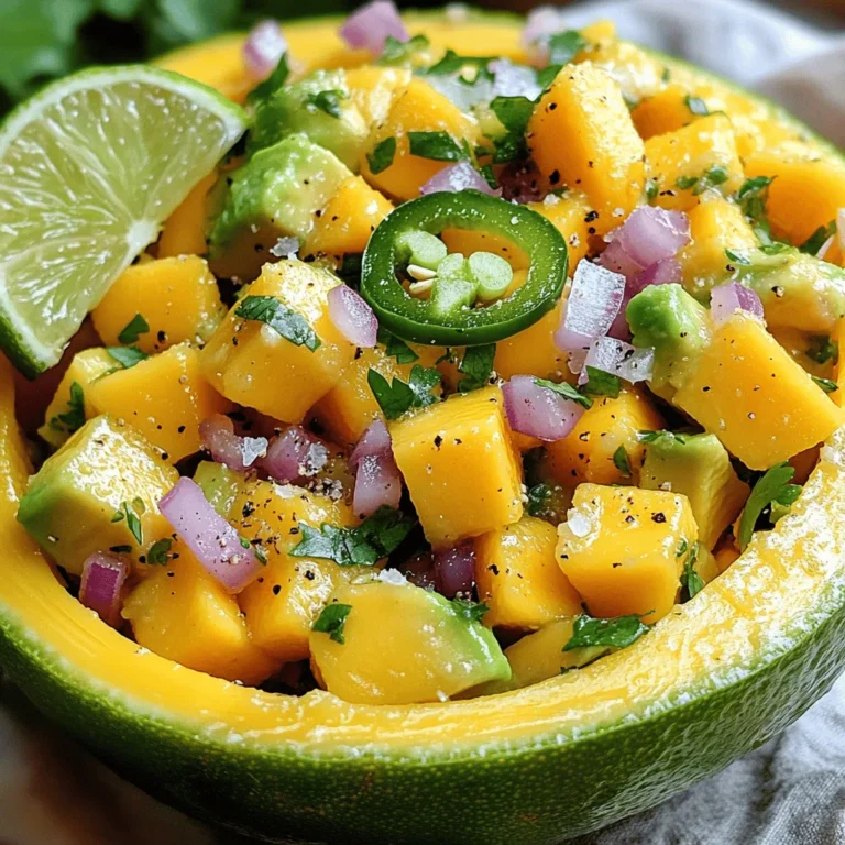 - 2 ripe mangoes, diced - 2 avocados, diced - 1 small red onion, finely chopped - 1 jalapeño, deseeded and minced - 1/4 cup fresh cilantro, chopped - Juice of 2 limes - 1 tablespoon olive oil - Salt and pepper to taste - Optional ingredients for extra flavor Mango avocado salsa needs fresh and ripe ingredients. The mangoes must be sweet and juicy. Choose avocados that yield slightly when you press them. A small red onion adds a nice crunch and mild flavor. Jalapeños give the salsa a bit of heat, but you can adjust this to your taste. Fresh cilantro adds brightness, and lime juice balances the sweetness. Olive oil brings everything together, adding richness. You can include optional ingredients like diced bell peppers, corn, or even black beans for added texture. The magic of this salsa is in its balance of flavors. Each bite offers a mix of sweet, creamy, and zesty notes. This is why I love this recipe. It’s simple, fresh, and so rewarding to make. For the full recipe, you can check out the details above. To start, you need to dice the mangoes and avocados. First, take a ripe mango, and stand it on its end. Use a sharp knife to slice down along the pit. Do this on both sides. Next, take each half and score the flesh in a grid pattern. Then, use a spoon to scoop out the diced mango. For the avocado, cut it in half and twist to separate. Remove the pit carefully. Score the flesh like you did with the mango. Use a spoon to scoop it out. Now, let’s mince the jalapeño. First, slice it in half and remove the seeds for less heat. Then, finely chop the jalapeño into small pieces. Make sure to wash your hands afterward to avoid irritation. Now it’s time to mix your salsa! In a large mixing bowl, combine the diced mangoes and avocados. Then, add the finely chopped red onion and minced jalapeño. Don’t forget the chopped cilantro! Next, prepare the dressing. In a small bowl, whisk together the lime juice, olive oil, salt, and pepper. Pour this mixture over the fruit and veggies in the large bowl. To toss the salsa, gently stir with a large spoon. Be careful not to mash the avocado. You want to keep those lovely chunks intact. Let the salsa sit for about 10 minutes. This step is key! Allowing the salsa to rest helps the flavors mix and blend well. You will notice a big difference in taste after it sits. Enjoy your fresh mango avocado salsa! For the full recipe, check the earlier section. To make your Mango Avocado Salsa shine, start with the spice level. You can adjust this by using jalapeño. If you want more heat, add a bit more jalapeño. If you prefer mild flavors, use less. The heat balances well with the sweet mango and creamy avocado. Using fresh lime juice is key for the best taste. It brightens the salsa and adds zest. Fresh lime juice also helps the flavors mix better. I always squeeze the lime right before I add it. This keeps the juice fresh and lively. When it comes to serving, get creative! Try serving the salsa in a hollowed-out lime or avocado half. This not only looks great but also adds extra flavor. It makes your dish pop on the table! For garnishing, consider using cilantro leaves on top. They add a vibrant touch and enhance the color. A lime wedge on the side is also a lovely addition. These small touches make your salsa look more appealing. Try these tips to enhance your Mango Avocado Salsa experience. For the full recipe, check the link above. {{image_2}} You can change up the ingredients in mango avocado salsa for new flavors. One great swap is using pineapple instead of mango. Pineapple adds a sweet and tangy twist. It works well with the creamy avocado and crunchy onion. Another fun option is to add corn or black beans. Corn adds a sweet crunch, while black beans bring a hearty texture. Both ingredients make the salsa more filling. Try mixing in one or both for a new taste. If you want a lighter version, simply use less oil. You can cut the olive oil by half and still get great flavor. The lime juice gives a nice zing, so you won’t miss the extra oil. For seasoning, consider low-sodium options. Use fresh herbs or spices to boost flavor without the salt. This makes the salsa healthier, and it still tastes delicious. You can enjoy the full flavor of the salsa without worrying about extra sodium. Explore these variations to make the salsa your own! For the full recipe, check out the Mango Avocado Salsa Delight 🥭🥑. To keep mango avocado salsa fresh, store it in the fridge. Place it in an airtight container. It will stay good for about two to three days. If you want to freeze it, you can. However, the texture may change. The avocado can become mushy after thawing. If you choose to freeze it, use a freezer-safe container. Leave some space for expansion. Salsa can last up to three months in the freezer. How long can you keep it fresh? If stored properly in the fridge, mango avocado salsa lasts two to three days. If you freeze it, it can last for three months. Watch for signs of spoilage. If you see brown spots on the avocado, it may be time to toss it. A sour smell or watery liquid on top also means it’s no longer good. Always trust your senses; they guide you well. Can I make this salsa ahead of time? Yes, you can make mango avocado salsa ahead of time. It stays fresh in the fridge for about a day. However, the avocado may brown a bit. To keep it bright, add lime juice just before serving. What pairs well with mango avocado salsa? Mango avocado salsa goes great with grilled chicken, fish tacos, or tortilla chips. You can also use it as a topping for nachos or a fresh side for any meal. How to keep avocado from browning? To stop avocado from browning, use lime juice. The acid in lime juice slows down oxidation. You can also cover the salsa tightly with plastic wrap, pressing it against the surface to limit air exposure. Can I use frozen mangoes for this recipe? Yes, you can use frozen mangoes. Just thaw them first and drain any excess liquid. Fresh mangoes have a better texture, but frozen can work in a pinch. Overview of health benefits of key ingredients Mangoes are high in vitamins A and C. They help boost your immune system. Avocados are full of healthy fats and fiber. They support heart health and digestion. Red onions add antioxidants, while cilantro offers anti-inflammatory benefits. Caloric and nutritional breakdown per serving Each serving of mango avocado salsa has about 150 calories. It contains: - Fat: 9g (mostly from avocado) - Carbohydrates: 20g - Fiber: 5g - Protein: 2g This salsa is not only tasty but also nutritious, making it a great addition to your meals. For the full recipe, see above. Mango avocado salsa is fresh and simple to make. We covered the ingredients and how to prepare them. Mixing your salsa is easy when you follow the steps. Allowing the flavors to meld adds depth. You can enhance taste with tips like fresh lime juice and creative garnishing. Don’t forget to explore variations and storage options. This salsa offers a tasty way to enjoy healthy ingredients. Give it a try, and you will love it!