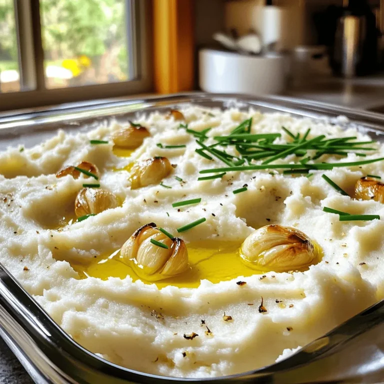 - 1 medium head of cauliflower, cut into florets - 6 cloves of garlic, peeled - 3 tablespoons olive oil - 1/4 cup unsweetened almond milk (or any milk of your choice) - 2 tablespoons nutritional yeast (optional, for a cheesy flavor) - Salt and pepper to taste - Fresh chives or parsley for garnish When creating this roasted garlic cauliflower mash, I choose high-quality ingredients. The cauliflower is the star, with its mild flavor and creamy texture. The garlic adds depth and richness, transforming the dish into something special. Olive oil enhances the flavor and helps with a smooth blend. You can use any milk you like. Almond milk is my go-to for a dairy-free option, but regular milk works too. Nutritional yeast is optional, but it gives a nice cheesy taste without dairy. This dish serves four and is quite healthy. Each serving has about 120 calories, with 6 grams of fat, 14 grams of carbs, and 4 grams of protein. The fiber-rich cauliflower makes this mash filling and nutritious. Cauliflower is low in calories but high in vitamins. It's packed with vitamin C and K. Garlic also brings health benefits. It may help boost your immune system and reduce blood pressure. Together, they make this mash a tasty and healthy choice. To start, you need to prep the cauliflower and garlic. Take one medium head of cauliflower and cut it into florets. This helps the cauliflower cook evenly. Peel six cloves of garlic. Both the cauliflower and garlic will roast together, creating a rich flavor. Set your oven to 400°F (200°C). Spread the cauliflower and garlic on a baking sheet. Drizzle two tablespoons of olive oil over them. Season with salt and pepper. Make sure they are in a single layer, so they roast well. Roast in the oven for 25-30 minutes. You’ll know they are ready when the cauliflower is tender and the garlic turns golden brown. Toss them halfway through to ensure even cooking. Once roasted, take them out and let them cool slightly. Now comes the fun part! In a food processor, combine the roasted cauliflower, garlic, and 1/4 cup of unsweetened almond milk. Add the remaining tablespoon of olive oil and two tablespoons of nutritional yeast if you want a cheesy flavor. Blend everything until smooth and creamy. Taste it and adjust the salt and pepper as needed. Transfer your mash to a serving bowl. Garnish with fresh chives or parsley for a pop of color. Enjoy your Roasted Garlic Cauliflower Mash! You can find the Full Recipe for more details. To make your roasted garlic cauliflower mash even better, try adding spices. Here are some ideas to boost the flavor: - Smoked Paprika: It gives a warm, smoky taste. - Cumin: Adds a nice earthy tone to the mash. - Nutmeg: A pinch can bring warmth and depth. - Lemon Juice: A splash brightens the dish. - Parmesan Cheese: If you want a richer flavor, sprinkle some on top. You can also mix in sautéed onions or herbs. Fresh thyme or rosemary can add a lovely aroma. Roasting and blending can be tricky. Here’s how to avoid common pitfalls: - Don't Overcrowd the Pan: Make sure the cauliflower and garlic have space. If they touch, they will steam instead of roast. - Check for Doneness: Look for a golden color on the garlic. Cauliflower should be tender when pierced with a fork. - Blend in Batches: If your food processor is small, blend in smaller amounts. This helps you get a smooth texture. Always taste and adjust your seasoning as needed. It makes a big difference! How you serve your mash can impress your guests. Here are some fun ideas: - Use a Piping Bag: Pipe the mash onto plates for a fancy look. - Add a Drizzle of Olive Oil: A swirl on top adds shine and richness. - Garnish: Fresh chives or parsley not only look nice but add fresh flavor. - Serve in Bowls: Create a cozy feel. Top with roasted veggies or a protein for a complete meal. Each of these options makes your dish not just tasty but also beautiful. Enjoy the process! {{image_2}} You can switch up the liquids and seasonings in this mash. Instead of almond milk, try using coconut milk for a creamier taste. You can also use vegetable broth for added depth. If you want more flavor, consider adding smoked paprika or a pinch of cayenne pepper. These changes can make your mash even more exciting. This recipe is easy to make vegan and gluten-free. The main ingredients are already vegan. Just make sure your milk choice is plant-based. For a low-carb option, skip the nutritional yeast. You can also add some cream cheese or sour cream for a richer taste. These small changes allow everyone to enjoy this dish. You can serve this mash in many ways. Pair it with grilled chicken or roasted fish for a full meal. You can also use it as a base for a veggie bowl. Top it with roasted veggies and a drizzle of balsamic glaze. If you want a fun dip, serve it with pita chips or fresh vegetables. This mash is versatile, and you can make it fit any meal. For the full recipe, check out Roasted Garlic Cauliflower Mash. To store leftovers of your roasted garlic cauliflower mash, let it cool first. Transfer it to an airtight container. This keeps the mash fresh. Place it in the fridge. It’s best to eat it within three to four days. When you want to serve it again, simply reheat it on the stove or in the microwave. If you want to keep the mash longer, freezing works great! First, allow the mash to cool completely. Then, scoop it into freezer-safe bags or containers. Make sure to remove as much air as possible to avoid freezer burn. You can freeze it for up to three months. When you’re ready to eat, thaw it in the fridge overnight. Reheat it gently on the stove, adding a splash of milk to restore creaminess. The mashed cauliflower can last in the fridge for about four days. If frozen, it’s good for about three months. Always check for any off smell or change in color before eating. Storing it right helps keep it tasty and safe to enjoy! You can use grated Parmesan cheese for a cheesy flavor. If you want vegan options, try ground cashews or hemp seeds. Both provide a nutty taste. You may also skip it entirely and still enjoy the dish. Yes, you can prep this mash ahead. Cook and blend the cauliflower. Let it cool, then store it in the fridge. When ready to serve, simply reheat it on low heat. Stir in a splash of almond milk to keep it creamy. Look for a golden-brown color on the garlic. The cauliflower should be fork-tender. If it breaks apart with a fork, it’s ready. This usually takes about 25-30 minutes in the oven. Yes, you can. Use a potato masher or a fork if you don’t have a food processor. It may take a bit longer, but you can still achieve a nice texture. Just ensure the cauliflower is very soft for easy mashing. This blog post covered a simple and tasty recipe for Roasted Garlic Cauliflower Mash. We explored the key ingredients and their health benefits, giving you a nutritious option. I provided easy steps for preparation and roasting, along with tips to avoid common mistakes. You also learned about variations and how to store leftovers safely. Eating healthy can be easy and enjoyable. Try this recipe and enjoy the benefits!