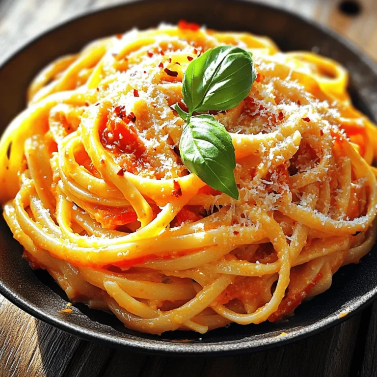 To make roasted red pepper pasta, gather these simple ingredients: - 2 large red bell peppers, roasted and peeled - 3 cloves garlic, minced - 1 onion, finely chopped - 1 cup heavy cream - 1 cup grated Parmesan cheese - 300g pasta of choice (preferably fettuccine or penne) - 2 tablespoons olive oil - 1 teaspoon red chili flakes (adjust to taste) - Salt and pepper to taste - Fresh basil leaves for garnish This dish is rich and filling. Each serving has around: - 600 calories - 25g of fat - 60g of carbs - 15g of protein It offers a good mix of nutrients, mainly from the peppers and cheese. You can change some ingredients to fit your needs: - Use low-fat cream for fewer calories. - Swap Parmesan with nutritional yeast for a vegan option. - Whole wheat pasta adds more fiber. - Add spinach for more greens and a fresh taste. - Use garlic powder if you don’t have fresh garlic. These swaps can help you adjust the dish to your taste and diet. To roast red peppers, first, preheat your oven to 450°F (230°C). Place two large red bell peppers on a baking sheet. Roast them for about 25 minutes. Turn them every so often until their skin looks charred and blistered. After roasting, take the peppers out and let them cool. Once cool, peel off the skin. Remove the seeds and chop the peppers into small pieces. While the peppers roast, bring a large pot of salted water to a boil. Add 300g of your preferred pasta, like fettuccine or penne. Cook the pasta according to the package instructions until it is al dente. Once cooked, save ½ cup of the pasta water. Drain the pasta and set it aside for later. In a large skillet, heat 2 tablespoons of olive oil over medium heat. Add a finely chopped onion and sauté for about 5 minutes until it turns translucent. Then, stir in 3 minced garlic cloves and 1 teaspoon of red chili flakes. Cook for one more minute until it smells great. Next, blend the roasted red peppers, sautéed onion and garlic, 1 cup of heavy cream, and half of 1 cup of grated Parmesan cheese in a blender. Blend until the sauce is smooth. If the sauce is too thick, add some reserved pasta water to reach your desired consistency. Pour the roasted red pepper sauce back into the skillet over low heat. Add the drained pasta and mix well until the pasta is fully coated with the sauce. Taste and add salt and pepper as needed. If the sauce is too thick, adjust it with more pasta water. Serve the pasta in bowls. Top each with the remaining Parmesan cheese and fresh basil leaves. For the full recipe, be sure to check the recipe section. Roasting peppers brings out their sweet taste. Start by preheating your oven to 450°F (230°C). Place the whole red peppers on a baking sheet. Roast them for about 25 minutes. You want the skin to get charred and blistered. Turn them once or twice for even cooking. Once done, let them cool for a bit. Then, peel off the skin, remove the seeds, and chop them. This method enhances flavor and makes them easy to blend. For perfect pasta, use a large pot and plenty of water. Bring the water to a rapid boil before adding salt. The salt helps flavor the pasta. Add your choice of pasta and stir to prevent sticking. Cook until al dente, according to package directions. Reserve half a cup of pasta water before draining. This water helps adjust the sauce later. Always drain pasta quickly but do not rinse it. Rinsing removes the starch that helps sauce stick. To make your sauce creamy, start with heavy cream. After sautéing onion and garlic, add roasted peppers to the pan. Blend this mix with the heavy cream and half of the Parmesan cheese. Blend until it’s smooth and creamy. If the sauce is too thick, add some reserved pasta water. This will help achieve the perfect consistency. The blend of cream and cheese gives a rich flavor. It coats the pasta beautifully, making each bite delightful. For the full recipe, check out the detailed steps above. {{image_2}} You can make a vegan version of this dish. Instead of cream and cheese, use plant-based milk and nutritional yeast. These give it a creamy texture and flavor. Blend the roasted peppers with sautéed garlic and onion. Add your favorite pasta. Top it with fresh herbs like basil or parsley for brightness. For a kick, add more red chili flakes. Increase the amount to suit your taste. You can also mix in sliced jalapeños or fresh chili peppers. This adds heat and flavor. Combine the spicy sauce with the pasta. Serve with a sprinkle of fresh herbs to balance the spice. If you prefer gluten-free, choose gluten-free pasta. Many great options are available now. Look for pasta made from brown rice or chickpeas. These options hold up well in the sauce. Follow the same cooking steps for a tasty meal that suits your needs. To explore more ideas, check out the Full Recipe and get cooking! To store your leftover roasted red pepper pasta, let it cool first. Place it in an airtight container. Keep it in the fridge for up to three days. This way, you maintain its flavor and texture. Always label the container with the date. To reheat, you can use a microwave or a skillet. If using a microwave, place the pasta in a bowl and cover it with a damp paper towel. Heat for one minute. Stir and heat for another minute if needed. For a skillet, add a splash of water and heat over low. Stir often until warm. You can freeze the roasted red pepper pasta for up to three months. Make sure it cools completely before freezing. Use a freezer-safe container or bag. When ready to eat, thaw in the fridge overnight. Reheat using the instructions above. This method keeps your meal tasty and easy to enjoy later. Yes, you can use jarred roasted red peppers. They save time and are easy to find. Just drain and rinse them before use. The flavor may be a bit different, but they'll still work well in the sauce. To add heat, include more red chili flakes. You can also add fresh chopped chilies or hot sauce. Start with a small amount, taste, and adjust. This way, you control the spice level to your liking. You can use various pasta types for this dish. Fettuccine and penne are great choices. You can also try spaghetti, rigatoni, or even gluten-free pasta. Choose whatever you prefer or have on hand. For wine pairing, choose a light red or a white. A Pinot Noir works well, as does a Sauvignon Blanc. Both wines complement the creamy sauce and roasted flavors nicely. Enjoying wine enhances the meal experience! You’ve learned about the ingredients for Roasted Red Pepper Pasta, how to cook them, and helpful tips. This dish is easy to make and offers many fun variations. Remember to store any leftovers properly for later enjoyment. With the right techniques, you can impress your family and friends. Explore different options like vegan or spicy versions for added flair. Enjoy every bite of this delicious meal!