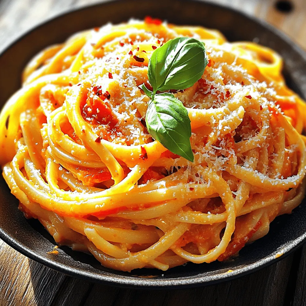 To make roasted red pepper pasta, gather these simple ingredients: - 2 large red bell peppers, roasted and peeled - 3 cloves garlic, minced - 1 onion, finely chopped - 1 cup heavy cream - 1 cup grated Parmesan cheese - 300g pasta of choice (preferably fettuccine or penne) - 2 tablespoons olive oil - 1 teaspoon red chili flakes (adjust to taste) - Salt and pepper to taste - Fresh basil leaves for garnish This dish is rich and filling. Each serving has around: - 600 calories - 25g of fat - 60g of carbs - 15g of protein It offers a good mix of nutrients, mainly from the peppers and cheese. You can change some ingredients to fit your needs: - Use low-fat cream for fewer calories. - Swap Parmesan with nutritional yeast for a vegan option. - Whole wheat pasta adds more fiber. - Add spinach for more greens and a fresh taste. - Use garlic powder if you don’t have fresh garlic. These swaps can help you adjust the dish to your taste and diet. To roast red peppers, first, preheat your oven to 450°F (230°C). Place two large red bell peppers on a baking sheet. Roast them for about 25 minutes. Turn them every so often until their skin looks charred and blistered. After roasting, take the peppers out and let them cool. Once cool, peel off the skin. Remove the seeds and chop the peppers into small pieces. While the peppers roast, bring a large pot of salted water to a boil. Add 300g of your preferred pasta, like fettuccine or penne. Cook the pasta according to the package instructions until it is al dente. Once cooked, save ½ cup of the pasta water. Drain the pasta and set it aside for later. In a large skillet, heat 2 tablespoons of olive oil over medium heat. Add a finely chopped onion and sauté for about 5 minutes until it turns translucent. Then, stir in 3 minced garlic cloves and 1 teaspoon of red chili flakes. Cook for one more minute until it smells great. Next, blend the roasted red peppers, sautéed onion and garlic, 1 cup of heavy cream, and half of 1 cup of grated Parmesan cheese in a blender. Blend until the sauce is smooth. If the sauce is too thick, add some reserved pasta water to reach your desired consistency. Pour the roasted red pepper sauce back into the skillet over low heat. Add the drained pasta and mix well until the pasta is fully coated with the sauce. Taste and add salt and pepper as needed. If the sauce is too thick, adjust it with more pasta water. Serve the pasta in bowls. Top each with the remaining Parmesan cheese and fresh basil leaves. For the full recipe, be sure to check the recipe section. Roasting peppers brings out their sweet taste. Start by preheating your oven to 450°F (230°C). Place the whole red peppers on a baking sheet. Roast them for about 25 minutes. You want the skin to get charred and blistered. Turn them once or twice for even cooking. Once done, let them cool for a bit. Then, peel off the skin, remove the seeds, and chop them. This method enhances flavor and makes them easy to blend. For perfect pasta, use a large pot and plenty of water. Bring the water to a rapid boil before adding salt. The salt helps flavor the pasta. Add your choice of pasta and stir to prevent sticking. Cook until al dente, according to package directions. Reserve half a cup of pasta water before draining. This water helps adjust the sauce later. Always drain pasta quickly but do not rinse it. Rinsing removes the starch that helps sauce stick. To make your sauce creamy, start with heavy cream. After sautéing onion and garlic, add roasted peppers to the pan. Blend this mix with the heavy cream and half of the Parmesan cheese. Blend until it’s smooth and creamy. If the sauce is too thick, add some reserved pasta water. This will help achieve the perfect consistency. The blend of cream and cheese gives a rich flavor. It coats the pasta beautifully, making each bite delightful. For the full recipe, check out the detailed steps above. {{image_2}} You can make a vegan version of this dish. Instead of cream and cheese, use plant-based milk and nutritional yeast. These give it a creamy texture and flavor. Blend the roasted peppers with sautéed garlic and onion. Add your favorite pasta. Top it with fresh herbs like basil or parsley for brightness. For a kick, add more red chili flakes. Increase the amount to suit your taste. You can also mix in sliced jalapeños or fresh chili peppers. This adds heat and flavor. Combine the spicy sauce with the pasta. Serve with a sprinkle of fresh herbs to balance the spice. If you prefer gluten-free, choose gluten-free pasta. Many great options are available now. Look for pasta made from brown rice or chickpeas. These options hold up well in the sauce. Follow the same cooking steps for a tasty meal that suits your needs. To explore more ideas, check out the Full Recipe and get cooking! To store your leftover roasted red pepper pasta, let it cool first. Place it in an airtight container. Keep it in the fridge for up to three days. This way, you maintain its flavor and texture. Always label the container with the date. To reheat, you can use a microwave or a skillet. If using a microwave, place the pasta in a bowl and cover it with a damp paper towel. Heat for one minute. Stir and heat for another minute if needed. For a skillet, add a splash of water and heat over low. Stir often until warm. You can freeze the roasted red pepper pasta for up to three months. Make sure it cools completely before freezing. Use a freezer-safe container or bag. When ready to eat, thaw in the fridge overnight. Reheat using the instructions above. This method keeps your meal tasty and easy to enjoy later. Yes, you can use jarred roasted red peppers. They save time and are easy to find. Just drain and rinse them before use. The flavor may be a bit different, but they'll still work well in the sauce. To add heat, include more red chili flakes. You can also add fresh chopped chilies or hot sauce. Start with a small amount, taste, and adjust. This way, you control the spice level to your liking. You can use various pasta types for this dish. Fettuccine and penne are great choices. You can also try spaghetti, rigatoni, or even gluten-free pasta. Choose whatever you prefer or have on hand. For wine pairing, choose a light red or a white. A Pinot Noir works well, as does a Sauvignon Blanc. Both wines complement the creamy sauce and roasted flavors nicely. Enjoying wine enhances the meal experience! You’ve learned about the ingredients for Roasted Red Pepper Pasta, how to cook them, and helpful tips. This dish is easy to make and offers many fun variations. Remember to store any leftovers properly for later enjoyment. With the right techniques, you can impress your family and friends. Explore different options like vegan or spicy versions for added flair. Enjoy every bite of this delicious meal!