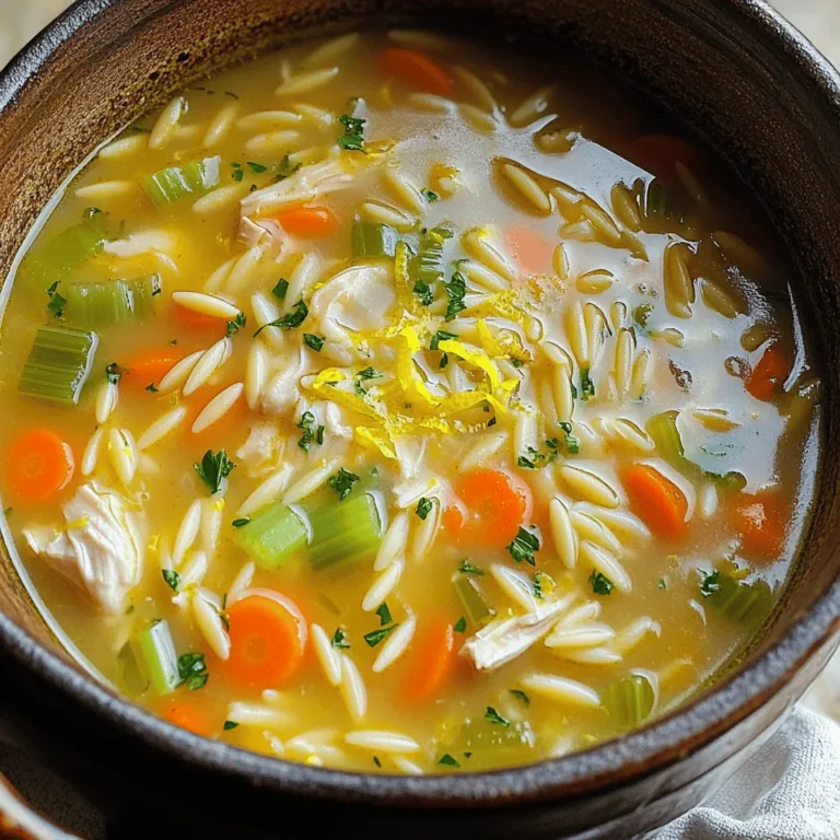 This soup is fresh and bright. Here are the key ingredients you'll need: - 1 tablespoon olive oil - 1 small onion, diced - 2 cloves garlic, minced - 2 medium carrots, diced - 2 celery stalks, diced - 1 teaspoon dried thyme - 1 teaspoon dried oregano - 6 cups low-sodium chicken broth - 1 cup orzo pasta - 2 cups cooked chicken, shredded (rotisserie chicken works well) - 1 cup heavy cream - 1/4 cup fresh lemon juice - Zest of 1 lemon - Salt and pepper to taste - Fresh parsley, chopped (for garnish) These ingredients blend well for a creamy texture and tangy flavor. The orzo pasta adds a nice bite to the soup, while the lemon brightens every spoonful. You can make this soup even better with some extras. Consider adding: - Fresh lemon slices for a pop of color - Additional herbs like dill or basil - Croutons for crunch - Grated Parmesan cheese for extra richness These garnishes enhance the flavor and make the soup look appealing. Feel free to mix and match based on your taste. If you have dietary needs, here are some great swaps: - Use vegetable broth instead of chicken broth for a vegetarian option. - Swap heavy cream for coconut milk for a dairy-free choice. - Use quinoa or rice instead of orzo for a gluten-free option. These substitutions keep the soup tasty while meeting your dietary needs. Enjoy the flexibility! For the full recipe, check out the details above. - Sautéing the Vegetables Start by heating one tablespoon of olive oil in a large pot. Use medium heat to warm it up. Add the diced onion and sauté for about 3-4 minutes. You want the onion to look clear. Next, stir in two minced garlic cloves, two diced carrots, and two diced celery stalks. Cook these for 5-6 minutes until the veggies become soft. Don’t forget to sprinkle in one teaspoon each of dried thyme and oregano. This adds a nice flavor. Stir everything for about a minute to wake up the herbs. - Cooking the Orzo Pasta Once the vegetables are ready, pour in six cups of low-sodium chicken broth. Bring it to a simmer. After it starts bubbling, add one cup of orzo pasta. Cook the orzo according to the package instructions, which usually takes 8-10 minutes. Stir it occasionally to keep it from sticking. Once the orzo is cooked, stir in two cups of shredded chicken. Rotisserie chicken works perfectly here. Then, add one cup of heavy cream, 1/4 cup of fresh lemon juice, and the zest of one lemon. Mix everything well and let it cook for another 2-3 minutes. This allows the flavors to blend. Finally, season the soup with salt and pepper to your taste. When serving, ladle the soup into bowls and top it with fresh chopped parsley. This adds a nice pop of color and freshness. Enjoy this creamy lemon chicken orzo soup as a perfect weeknight meal. You can find the full recipe for more detailed instructions and tips. To get that rich and creamy texture, use heavy cream. It blends well and adds depth. Stir it in slowly after cooking the chicken. Avoid boiling after adding the cream. This helps keep it smooth and velvety. If you want a lighter option, you can use half-and-half. It will still taste great, but the soup will be less rich. Add some zest to your soup by using fresh herbs. A bit of thyme or parsley can lift the flavor. You can also try a pinch of red pepper flakes for a tiny kick. For a brighter taste, add more lemon juice. Taste as you go, and adjust to your liking. This way, you get a soup that sings with flavor. This soup is perfect for meal prep! Make a big batch and store it in the fridge. It keeps well for about three days. When you freeze it, use airtight containers. Leave some space at the top for expansion. Thaw it in the fridge overnight when you're ready to eat. Reheat it on the stove over low heat. Add a splash of broth or cream to revive the creaminess. You’ll love having this easy meal ready when you need it. For the full recipe, check out the detailed steps provided. {{image_2}} If you want a change, try swapping chicken for turkey or shrimp. Both options work great. Turkey adds a hearty taste, while shrimp cooks fast and gives a nice twist. Just cook the shrimp until they turn pink. You can also use tofu for a plant-based option. Tofu absorbs flavors well, making it a smart choice. To make a vegetarian version, simply skip the chicken and use vegetable broth. Add in some beans for protein, like chickpeas or white beans. They add a creamy texture and keep you full. You can also use extra veggies like spinach or kale for added nutrition. This version still tastes rich and creamy. Adding seasonal vegetables can boost the soup’s flavor and nutrition. In spring, throw in asparagus or peas. In fall, use butternut squash or sweet potatoes. These veggies not only taste great, but they also add color. Toss them in during the last few minutes of cooking to keep them crisp. You can find the full recipe to guide you in making this delicious soup. To keep your creamy lemon chicken orzo soup fresh, let it cool first. Transfer the soup to an airtight container. Make sure to leave some space at the top for expansion. You can also use glass containers, which are great for reheating. Cover tightly and place it in the fridge. This method keeps the flavors intact and prevents spills. When you're ready to enjoy your soup again, heat it gently. Pour the soup into a pot over low heat. Stir it often to avoid sticking. If the soup is too thick, add a splash of chicken broth or water. This will help restore its creamy texture. If you prefer to use the microwave, heat it in a safe bowl. Use short intervals to avoid overheating. Stir in between to keep the soup creamy and smooth. Your leftover soup can stay in the fridge for about 3 to 4 days. If you want to keep it longer, freezing is a great option. It can last up to 3 months in the freezer. Use freezer-safe containers and leave space for expansion. When you're ready to eat, thaw it overnight in the fridge. Reheat it gently on the stove or in the microwave. Your creamy lemon chicken orzo soup will still taste delicious! For the full recipe, check the link. Yes, you can swap orzo for other small pasta types. Try ditalini, or small shells. Just make sure to adjust the cooking time. Follow the package instructions for best results. To make this soup gluten-free, use gluten-free pasta. Many brands offer gluten-free orzo. Choose a gluten-free broth as well. This way, you can enjoy the same great taste without gluten. I like to serve this soup with crusty bread or a fresh green salad. A sprinkle of grated cheese on top adds a nice touch. You can also pair it with a light white wine for a treat. For a spicy kick, add red pepper flakes while cooking. You can also stir in some diced jalapeños. If you want more heat, try using a spicy chicken sausage instead of regular chicken. This recipe makes about six servings. Each serving has around 400 calories. It has about 20 grams of protein and 25 grams of carbs. The heavy cream adds richness, so adjust if you want lighter options. For full details, check the Full Recipe. This blog post covered the key ingredients and step-by-step instructions for creamy lemon chicken orzo soup. We explored optional garnishes, dietary substitutions, and tips for creaminess and flavor. I also shared ways to store leftovers and variations to fit your tastes. In making this comforting soup, you'll enjoy the rich flavors and easy preparation. You'll impress friends and family with every bowl. Try it today, and make it your own!