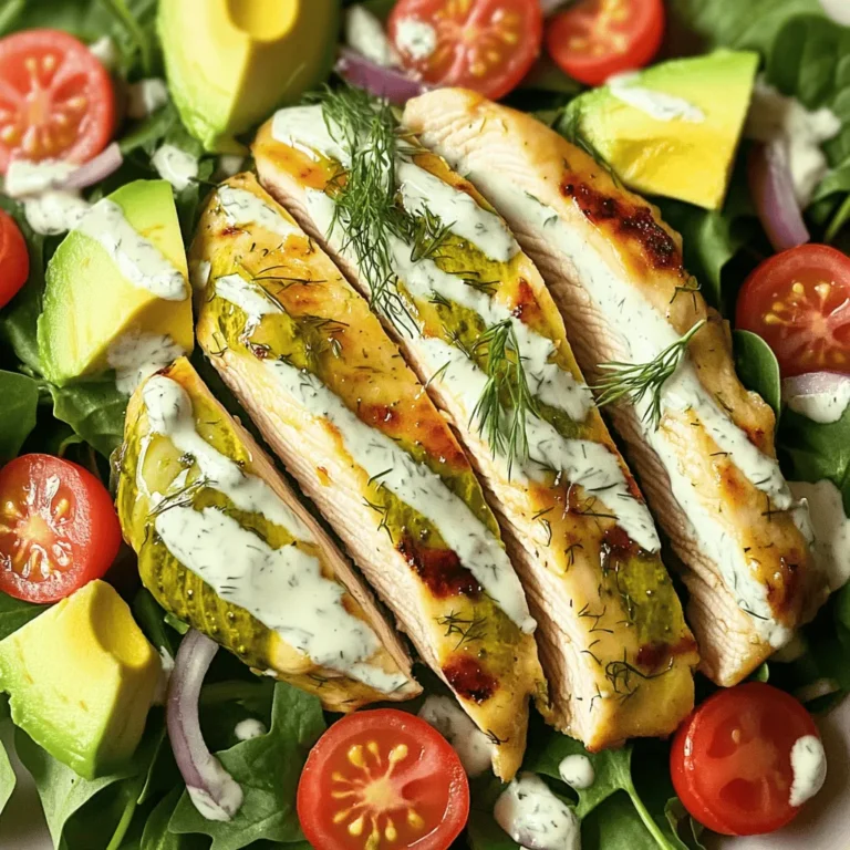 To make Pickle Ranch Chicken and Avocado Salad, you will need the following ingredients: - 2 boneless, skinless chicken breasts - 1 cup dill pickle juice (for marinating) - Seasonings: garlic powder, onion powder, black pepper, salt - 1 tablespoon olive oil - Mixed greens: spinach, arugula, romaine - 1 avocado, diced - ½ cup cherry tomatoes, halved - ¼ cup red onion, thinly sliced - ¼ cup ranch dressing - Fresh dill for garnish (optional) Each ingredient plays a special role in creating the perfect salad. The chicken absorbs the tangy flavor of the dill pickle juice. The seasonings add depth to the grilled chicken. Mixed greens provide a fresh base. The avocado adds creaminess, while the tomatoes and red onion offer sweetness and crunch. Finally, ranch dressing ties everything together, making every bite delightful. For the full recipe, check out the complete cooking instructions to create this delicious dish. To start, marinate the chicken breasts in dill pickle juice. This step adds a tasty zing to the chicken. Let it soak for at least 30 minutes. After marinating, season the chicken with garlic powder, onion powder, salt, and black pepper. This mix gives your chicken a strong flavor that pairs well with the salad. Next, preheat your grill or stovetop pan over medium heat. Once hot, remove the chicken from the marinade, tossing out the leftover juice. Drizzle olive oil on the grill to prevent sticking. Place the chicken on the grill. Cook each side for about 6-7 minutes or until the chicken reaches 165°F (75°C) inside. Let it rest for 5 minutes before slicing. This resting time keeps the chicken juicy. Now, it's time to put your salad together. In a large bowl, combine mixed greens, diced avocado, halved cherry tomatoes, and thinly sliced red onion. This mix adds freshness and color to your dish. Top with your grilled chicken slices. Finally, drizzle ranch dressing over everything. Gently toss the salad to mix all the ingredients. This step ensures that every bite is full of flavor. Optionally, you can garnish with fresh dill for an extra touch. For the full recipe, including precise measurements, check the details above. Enjoy your Pickle Ranch Chicken and Avocado Salad! Marinating your chicken in dill pickle juice is key. I suggest marinating for at least 30 minutes. This time allows the chicken to soak up the tangy flavors. If you want a stronger taste, try marinating for up to 4 hours. For more fun, choose different pickle juice flavors. Spicy, garlic, or sweet pickle juice can change the taste. Grilling your chicken gives it a great flavor. Heat your grill to medium heat, around 350°F (175°C). This temp helps cook the chicken evenly. Use a meat thermometer to check doneness. The chicken should reach 165°F (75°C) inside. This ensures it is safe to eat and juicy. Garnishes can make your salad pop. I love adding fresh dill on top. It gives a nice flavor boost. You can also use crumbled feta or sliced olives for more taste. When serving, aim for about one cup of salad per person. This portion is filling but not overwhelming. Arrange the salad in a large bowl or individual plates for a beautiful presentation. {{image_2}} You can switch up the protein in your Pickle Ranch Chicken and Avocado Salad. Using rotisserie chicken saves time and adds great flavor. Just shred it and toss it on top of your salad. If you want a plant-based option, tofu works well too. Simply press and marinate it in pickle juice, then grill or sauté until golden. For a meatless version, try adding chickpeas or black beans. They bring protein and a nice texture to the dish. Feel free to get creative with toppings. Adding nuts like walnuts or pecans gives a nice crunch. You can also sprinkle some feta or goat cheese for a creamy touch. When it comes to dressings, ranch is classic, but you can mix it up. Try a lemon vinaigrette or a yogurt-based dressing. Adjust the flavors to suit your taste. A touch of honey or mustard can add an exciting twist. Take advantage of seasonal produce to enhance your salad. In spring and summer, add fresh cucumbers or bell peppers for a crisp bite. As fall arrives, sliced apples or pears can bring sweetness. You can also toss in strawberries for a burst of flavor. These fruits not only add color but also provide extra nutrients. Using seasonal veggies and fruits makes your salad vibrant and fun! For the full recipe, check out the details above. To keep your Pickle Ranch Chicken and Avocado Salad fresh, store it in an airtight container. It’s best to refrigerate the salad within two hours of making it. This helps keep the flavors bright and the greens crisp. The salad can stay fresh for up to three days in the fridge. However, the avocado may brown, so eat it sooner if you want the best look and taste. You should not freeze this salad as it can change the texture. Freezing the mixed greens and avocado will lead to mushy results. If you want to freeze components, consider freezing the grilled chicken separately. Place it in a freezer bag, and remove as much air as possible. It can last for about three months in the freezer. When ready to use it, thaw in the fridge overnight. If you have leftover grilled chicken, you can reheat it safely. Use a microwave or a stovetop pan. Heat until the chicken reaches an internal temperature of 165°F (75°C). This ensures it's safe to eat. When serving the leftovers, consider adding fresh greens or a splash of ranch dressing to brighten it up. Enjoy your salad again with a fresh twist! To keep your chicken juicy, marinate it well. Use dill pickle juice for at least 30 minutes. This adds flavor and moisture. When grilling, cook at a medium heat. Flip the chicken only once. This helps it cook evenly. Use a meat thermometer to check that it reaches 165°F. Let it rest after grilling. This allows juices to settle. Yes, you can make this salad ahead of time. Store each component in separate containers. Keep the greens, chicken, and dressing apart. This helps keep everything fresh. You can mix it just before serving. This way, your salad stays crisp and tasty. If you want a change, try using Greek yogurt. Mix it with herbs for a creamy dip. You can also use balsamic vinaigrette or a simple olive oil and lemon mix. For a homemade version, blend sour cream with spices. Both options offer a new twist. Absolutely! This salad works great for meal prep. Prepare individual portions in containers. Add the chicken and salad ingredients separately from the dressing. This keeps everything fresh for up to three days. You can grab it quickly for lunch or dinner. For a full recipe, check out the full recipe section. This post shared a tasty chicken salad recipe. We covered ingredients, step-by-step instructions, and helpful tips. Marinade for flavor and grill for juiciness make the chicken shine. You can easily customize it with different proteins and toppings. Storing leftovers is simple, keeping your meal fresh and ready to eat. I hope you try this recipe and enjoy every bite. Happy cooking!