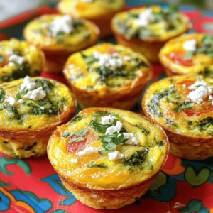- 6 large eggs - 1 cup fresh spinach, chopped - 1 medium tomato, diced - 1/2 cup feta cheese, crumbled - 1/4 cup milk (dairy or non-dairy) - 1/4 cup onion, finely chopped - 1 clove garlic, minced - 1 teaspoon dried oregano - Salt and pepper to taste - Olive oil spray or muffin liners Each muffin has about 90 calories. You get around 6 grams of protein, 5 grams of fat, and 6 grams of carbs. They are rich in vitamins A and C from spinach and tomatoes. Feta cheese adds calcium to your diet, while eggs provide essential protein. This makes them a great choice for a healthy breakfast. To get the best flavors, choose fresh spinach with bright green leaves. Look for tomatoes that are firm and slightly soft to the touch. Ripe tomatoes have the best taste. For feta cheese, pick a brand that uses quality milk and has a strong flavor. This will enhance your muffins and make them truly delicious. First, you need to preheat your oven to 375°F (190°C). This step warms the oven for even cooking. Next, prepare your muffin tin. You can spray it with olive oil or use muffin liners. Both options work well and help prevent sticking. In a large mixing bowl, crack six large eggs. Whisk them until they blend well. Then, add 1/4 cup of milk, salt, and pepper. Whisk again until smooth. Next, stir in 1 cup of chopped spinach, 1 medium diced tomato, 1/2 cup of crumbled feta cheese, 1/4 cup of finely chopped onion, 1 clove of minced garlic, and 1 teaspoon of dried oregano. Mix everything well until you see no dry spots. This creates a tasty and colorful egg mixture. Now, it’s time to fill the muffin tin. Pour the egg mixture evenly into each muffin cup. Fill them about 3/4 full to allow for rising. Place the muffin tin in the preheated oven. Bake for 18-20 minutes. The muffins should puff up and look golden. To check if they are done, insert a toothpick into the center. If it comes out clean, your muffins are ready. After baking, let them cool for a few minutes before removing them from the tin. Enjoy your delicious Spinach Tomato Egg Muffins! For the complete recipe, check the [Full Recipe]. When making spinach tomato egg muffins, some common mistakes can ruin the dish. First, avoid overfilling the muffin cups. Fill each cup only 3/4 full. This gives the muffins room to puff up. If you fill them too much, they may spill over. Next, do not underbake them. Check the muffins at 18 minutes. They should be puffed and firm in the center. If a toothpick comes out wet, bake a few more minutes. To achieve a fluffy muffin, whisk the eggs well. This adds air and lightens the mixture. Using fresh eggs also helps. If you want a denser muffin, you can add more cheese or spinach. However, too much can make them heavy. The right balance is key. A mix of fluffy and creamy textures makes these muffins divine. Serve your muffins warm with fresh fruit or a light salad. They pair well with a dollop of yogurt or a splash of hot sauce for extra flavor. For a complete meal, add whole grain toast or avocado slices on the side. You can also sprinkle fresh herbs on top for a vibrant touch. Explore different sides to find your perfect match for these delicious muffins. For the full recipe, check out the detailed instructions above and enjoy your cooking! {{image_2}} You can change the greens in this recipe easily. Try kale, swiss chard, or arugula. Each green gives a unique taste and texture. You can also swap the feta cheese. Try goat cheese, cheddar, or even mozzarella for different flavors. If you want protein, add cooked sausage or bacon bits. You can make these muffins your own! If you need a gluten-free option, use gluten-free milk. You can skip the cheese for a dairy-free version. For a vegan twist, replace the eggs with a mix of silken tofu and nutritional yeast. This keeps the muffins tasty and healthy. Always check that your substitutions fit your diet. Adding spices can make a big difference. Try a pinch of cayenne for heat or smoked paprika for a smoky taste. Fresh herbs like basil or parsley can brighten the flavor. You can also add a splash of hot sauce for some kick. Experiment with these ideas to create your perfect muffin! For the complete recipe, check out the [Full Recipe]. To keep your spinach tomato egg muffins fresh, store them in an airtight container. Place a paper towel inside to absorb moisture. This will help prevent sogginess. You can keep them in the fridge for up to four days. Just reheat in the microwave or oven before serving. If you want to make muffins ahead, freezing is a great option. Wait until they cool completely. Wrap each muffin tightly in plastic wrap. Then, place them in a freezer-safe bag. They can last for up to three months. When ready to eat, thaw them in the fridge overnight. Reheat in the microwave or oven for a warm meal. When stored properly, these muffins last four days in the refrigerator and three months in the freezer. Always check for signs of spoilage before eating. If they look or smell off, it’s best to toss them. Keeping track of your muffin stash helps ensure you enjoy them at their best. To make spinach tomato egg muffins, start by preheating your oven to 375°F (190°C). Prepare a muffin tin with olive oil spray or muffin liners. Next, crack six large eggs in a bowl and whisk them until smooth. Add 1/4 cup of milk, salt, and pepper to taste, and mix well. Now, stir in 1 cup of chopped fresh spinach, 1 medium diced tomato, 1/2 cup crumbled feta cheese, 1/4 cup finely chopped onion, 1 minced clove of garlic, and 1 teaspoon dried oregano. Pour this mixture into the muffin tin, filling each cup about 3/4 full. Bake for 18-20 minutes until puffed. Enjoy your muffins warm or at room temperature! Yes, you can use frozen spinach! Frozen spinach is often just as good as fresh. It is picked and frozen at peak freshness. Just make sure to thaw it first and squeeze out excess water. This will keep your muffins from getting soggy. Use about 1 cup of thawed spinach to replace the fresh spinach in the recipe. These muffins pair well with many sides. You can serve them with a fresh salad for a light meal. They also go great with fruit, like sliced oranges or berries. For drinks, consider pairing them with coffee or fresh juice. These options enhance the meal and make it even more enjoyable! This blog post explained how to make delicious spinach tomato egg muffins. We covered the key ingredients, nutritional facts, and fresh ingredient tips. I shared step-by-step instructions for preparation, baking, and tips to perfect texture. You learned variations, storage methods, and common FAQs. These muffins are easy to customize and perfect for any meal. Enjoy them fresh, or store them for later. You can make them fit your diet easily. Now, get cooking and savor these nutritious muffins!