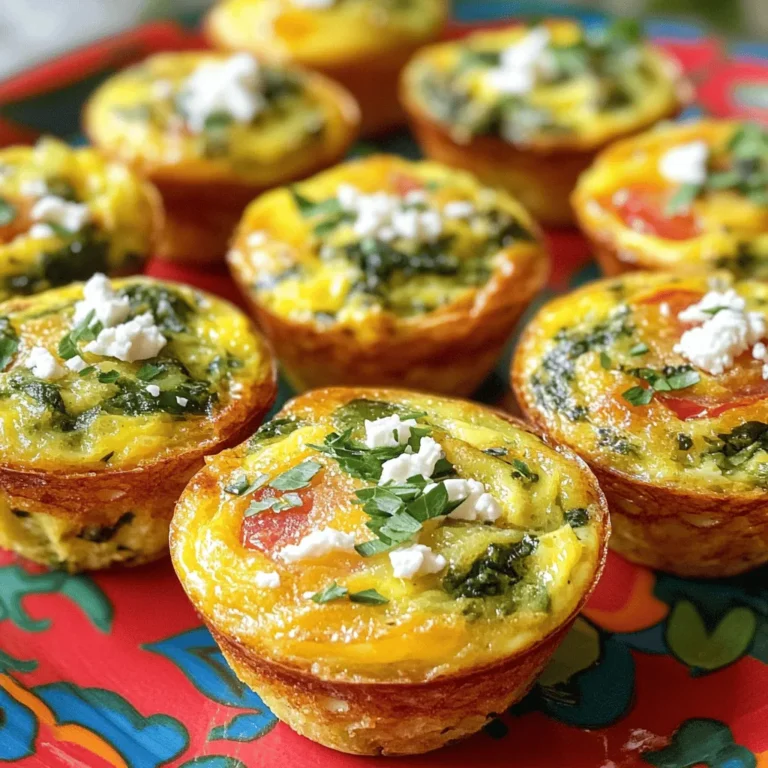 - 6 large eggs - 1 cup fresh spinach, chopped - 1 medium tomato, diced - 1/2 cup feta cheese, crumbled - 1/4 cup milk (dairy or non-dairy) - 1/4 cup onion, finely chopped - 1 clove garlic, minced - 1 teaspoon dried oregano - Salt and pepper to taste - Olive oil spray or muffin liners Each muffin has about 90 calories. You get around 6 grams of protein, 5 grams of fat, and 6 grams of carbs. They are rich in vitamins A and C from spinach and tomatoes. Feta cheese adds calcium to your diet, while eggs provide essential protein. This makes them a great choice for a healthy breakfast. To get the best flavors, choose fresh spinach with bright green leaves. Look for tomatoes that are firm and slightly soft to the touch. Ripe tomatoes have the best taste. For feta cheese, pick a brand that uses quality milk and has a strong flavor. This will enhance your muffins and make them truly delicious. First, you need to preheat your oven to 375°F (190°C). This step warms the oven for even cooking. Next, prepare your muffin tin. You can spray it with olive oil or use muffin liners. Both options work well and help prevent sticking. In a large mixing bowl, crack six large eggs. Whisk them until they blend well. Then, add 1/4 cup of milk, salt, and pepper. Whisk again until smooth. Next, stir in 1 cup of chopped spinach, 1 medium diced tomato, 1/2 cup of crumbled feta cheese, 1/4 cup of finely chopped onion, 1 clove of minced garlic, and 1 teaspoon of dried oregano. Mix everything well until you see no dry spots. This creates a tasty and colorful egg mixture. Now, it’s time to fill the muffin tin. Pour the egg mixture evenly into each muffin cup. Fill them about 3/4 full to allow for rising. Place the muffin tin in the preheated oven. Bake for 18-20 minutes. The muffins should puff up and look golden. To check if they are done, insert a toothpick into the center. If it comes out clean, your muffins are ready. After baking, let them cool for a few minutes before removing them from the tin. Enjoy your delicious Spinach Tomato Egg Muffins! For the complete recipe, check the [Full Recipe]. When making spinach tomato egg muffins, some common mistakes can ruin the dish. First, avoid overfilling the muffin cups. Fill each cup only 3/4 full. This gives the muffins room to puff up. If you fill them too much, they may spill over. Next, do not underbake them. Check the muffins at 18 minutes. They should be puffed and firm in the center. If a toothpick comes out wet, bake a few more minutes. To achieve a fluffy muffin, whisk the eggs well. This adds air and lightens the mixture. Using fresh eggs also helps. If you want a denser muffin, you can add more cheese or spinach. However, too much can make them heavy. The right balance is key. A mix of fluffy and creamy textures makes these muffins divine. Serve your muffins warm with fresh fruit or a light salad. They pair well with a dollop of yogurt or a splash of hot sauce for extra flavor. For a complete meal, add whole grain toast or avocado slices on the side. You can also sprinkle fresh herbs on top for a vibrant touch. Explore different sides to find your perfect match for these delicious muffins. For the full recipe, check out the detailed instructions above and enjoy your cooking! {{image_2}} You can change the greens in this recipe easily. Try kale, swiss chard, or arugula. Each green gives a unique taste and texture. You can also swap the feta cheese. Try goat cheese, cheddar, or even mozzarella for different flavors. If you want protein, add cooked sausage or bacon bits. You can make these muffins your own! If you need a gluten-free option, use gluten-free milk. You can skip the cheese for a dairy-free version. For a vegan twist, replace the eggs with a mix of silken tofu and nutritional yeast. This keeps the muffins tasty and healthy. Always check that your substitutions fit your diet. Adding spices can make a big difference. Try a pinch of cayenne for heat or smoked paprika for a smoky taste. Fresh herbs like basil or parsley can brighten the flavor. You can also add a splash of hot sauce for some kick. Experiment with these ideas to create your perfect muffin! For the complete recipe, check out the [Full Recipe]. To keep your spinach tomato egg muffins fresh, store them in an airtight container. Place a paper towel inside to absorb moisture. This will help prevent sogginess. You can keep them in the fridge for up to four days. Just reheat in the microwave or oven before serving. If you want to make muffins ahead, freezing is a great option. Wait until they cool completely. Wrap each muffin tightly in plastic wrap. Then, place them in a freezer-safe bag. They can last for up to three months. When ready to eat, thaw them in the fridge overnight. Reheat in the microwave or oven for a warm meal. When stored properly, these muffins last four days in the refrigerator and three months in the freezer. Always check for signs of spoilage before eating. If they look or smell off, it’s best to toss them. Keeping track of your muffin stash helps ensure you enjoy them at their best. To make spinach tomato egg muffins, start by preheating your oven to 375°F (190°C). Prepare a muffin tin with olive oil spray or muffin liners. Next, crack six large eggs in a bowl and whisk them until smooth. Add 1/4 cup of milk, salt, and pepper to taste, and mix well. Now, stir in 1 cup of chopped fresh spinach, 1 medium diced tomato, 1/2 cup crumbled feta cheese, 1/4 cup finely chopped onion, 1 minced clove of garlic, and 1 teaspoon dried oregano. Pour this mixture into the muffin tin, filling each cup about 3/4 full. Bake for 18-20 minutes until puffed. Enjoy your muffins warm or at room temperature! Yes, you can use frozen spinach! Frozen spinach is often just as good as fresh. It is picked and frozen at peak freshness. Just make sure to thaw it first and squeeze out excess water. This will keep your muffins from getting soggy. Use about 1 cup of thawed spinach to replace the fresh spinach in the recipe. These muffins pair well with many sides. You can serve them with a fresh salad for a light meal. They also go great with fruit, like sliced oranges or berries. For drinks, consider pairing them with coffee or fresh juice. These options enhance the meal and make it even more enjoyable! This blog post explained how to make delicious spinach tomato egg muffins. We covered the key ingredients, nutritional facts, and fresh ingredient tips. I shared step-by-step instructions for preparation, baking, and tips to perfect texture. You learned variations, storage methods, and common FAQs. These muffins are easy to customize and perfect for any meal. Enjoy them fresh, or store them for later. You can make them fit your diet easily. Now, get cooking and savor these nutritious muffins!