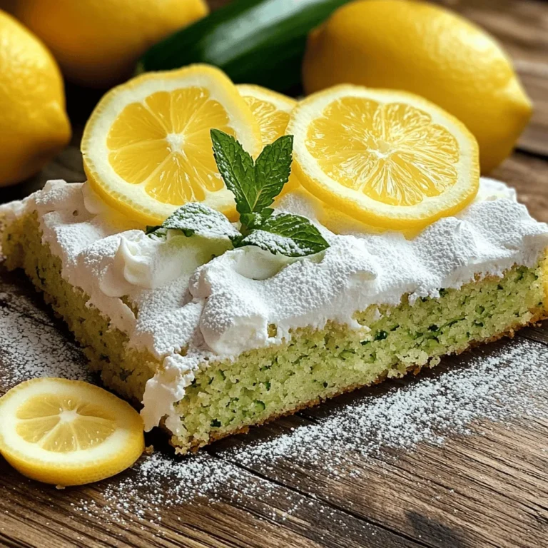 To make a delightful lemon zucchini sheet cake, gather these key ingredients: - 2 cups grated zucchini (about 2 medium zucchinis) - 1 cup granulated sugar - 1/2 cup vegetable oil - 1/2 cup unsweetened applesauce - 1/4 cup fresh lemon juice These ingredients work together to create a moist cake. The grated zucchini adds moisture and a subtle flavor. The sugar sweetens the cake, while the oil and applesauce keep it soft. Fresh lemon juice gives a bright and zesty taste. You can enhance your cake with a few optional ingredients: - Zest of 2 lemons - Whipped cream for serving - Fresh mint for garnish Adding lemon zest boosts the lemon flavor. Whipped cream makes a lovely topping, and fresh mint adds a pop of color and freshness. These options elevate your cake and make it even more enjoyable. If you want the full recipe, check out the complete details. First, preheat your oven to 350°F (175°C). This step helps the cake rise nicely. Next, grease and line a 9x13 inch sheet pan with parchment paper. This makes it easy to remove the cake later. In a large bowl, combine 1 cup of granulated sugar, 1/2 cup of vegetable oil, 1/2 cup of unsweetened applesauce, 3 large eggs, and 2 teaspoons of vanilla extract. Whisk these ingredients together until they blend well. This mix adds moisture and sweetness to your cake. Now, stir in 2 cups of grated zucchini, the zest of 2 lemons, and 1/4 cup of fresh lemon juice into your wet mix. The zucchini gives the cake a great texture. The lemon adds a lovely fresh flavor that brightens every bite. In another bowl, whisk together 2 cups of all-purpose flour, 1 teaspoon of baking powder, 1 teaspoon of baking soda, and 1/2 teaspoon of salt. This mix helps the cake rise and gives it structure. Gradually add the dry ingredients to the wet mixture. Stir gently until just combined. Be careful not to overmix; small lumps are okay. Overmixing can make the cake tough. Pour the batter into your prepared sheet pan. Use a spatula to smooth the top. Bake in your preheated oven for 25-30 minutes. To check if it's done, insert a toothpick into the center. If it comes out clean, your cake is ready! Let it cool in the pan for about 10 minutes before moving it to a wire rack to cool completely. You can find the full recipe [Full Recipe]. To make your Lemon Zucchini Sheet Cake moist, use both applesauce and oil. Applesauce adds moisture without extra fat. It gives a sweet taste and keeps the cake light. Oil helps keep the cake tender. Use half a cup of each. This mix makes your cake deliciously soft and moist. When you mix your batter, stop when it looks combined. Lumps are okay! Overmixing makes the cake tough. You want a light, airy texture. Just stir until no dry flour shows. Enjoy the small lumps; they will bake out and keep your cake fluffy. The baking time is key to a perfect cake. Use the toothpick test to check for doneness. Insert a toothpick into the center of the cake. If it comes out clean, your cake is ready. If it has wet batter on it, bake a few more minutes. Keep an eye on it so you don’t overbake. A perfectly baked cake is moist and soft. Try these tips for a delightful result! For the complete recipe, check the Full Recipe. {{image_2}} You can enhance your Lemon Zucchini Sheet Cake with fun add-ins. Consider adding nuts for crunch. Chopped walnuts or pecans work great. They add texture and a nutty flavor. If you love chocolate, mix in some chocolate chips. The sweet chocolate pairs well with the tangy lemon. You can also try adding dried fruits like raisins or cranberries. These will give your cake a chewy surprise. When it comes to frosting, you have choices. A lemon glaze is light and fresh. It adds a burst of flavor that complements the cake. To make it, mix powdered sugar with lemon juice until smooth. Drizzle it over the cooled cake for a sweet touch. On the other hand, cream cheese frosting gives a rich, creamy finish. It balances the tartness of the lemon. If you prefer a thicker layer, go for the cream cheese option. Both choices make your cake even more delightful. Want to make this cake gluten-free? It's easy! Substitute all-purpose flour with a gluten-free blend. Look for a mix that includes xanthan gum for better texture. Almond flour can also be a great option. Just note that it may change the taste slightly. You might need to adjust the baking time. Keep an eye on it while it bakes. With these swaps, everyone can enjoy this tasty cake! For the complete steps, check the Full Recipe. To keep your Lemon Zucchini Sheet Cake fresh, store it in the fridge. Place the cake in an airtight container. If you don't have one, wrap it tightly in plastic wrap. This helps prevent the cake from drying out. Remember to wait until it cools completely before storing it. Chilling the cake also helps it stay moist longer. To freeze your cake, first, let it cool down. Cut it into squares or leave it whole. Wrap each piece in plastic wrap, then in aluminum foil. This double wrap prevents freezer burn. Place the wrapped cake in a freezer-safe bag or container. When you're ready to enjoy it, take it out and let it thaw in the fridge overnight. This method keeps the cake soft and tasty. Your Lemon Zucchini Sheet Cake can last up to a week in the fridge. If stored correctly in the freezer, it can last for about three months. Always check for signs of spoilage, like off smells or mold. If it looks good and smells fine, it should be safe to eat! Yes, you can make this cake dairy-free! Here are some easy swaps: - Use almond milk or soy milk instead of any dairy milk. - Replace any butter with coconut oil or a dairy-free butter. - Ensure your applesauce is unsweetened and dairy-free. These swaps keep the cake moist and tasty. To check if your cake is done, look for these signs: - A toothpick inserted in the center comes out clean. - The edges of the cake pull away from the pan slightly. - The top feels firm and springs back when touched. These signs help ensure perfect baking every time. If you can't find zucchini, try these alternatives: - Grated carrots add sweetness and moisture. - Use finely shredded summer squash for a similar texture. - Apples can work well, adding a fruity flavor. These options can add fun twists to your cake! This blog post walks you through the steps to make a delicious Lemon Zucchini Sheet Cake. You learned about the must-have ingredients and some optional ones to add zest. I shared tips to keep your cake moist and avoid overmixing. You can even try variations, like adding nuts or going gluten-free. Baking should be fun and easy. Now, gather your ingredients and get started! Enjoy your baking adventure and make this cake shine!