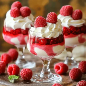 - Fresh raspberries - Sugar - Cream cheese - Powdered sugar - Vanilla extract - Heavy whipping cream - Gelatin powder - Cold water - Lemon juice The ingredients in this raspberry cheesecake mousse create a perfect balance of flavors. Fresh raspberries give a sweet and tart taste. Sugar enhances their natural sweetness. Cream cheese adds that rich, creamy base we all love. Powdered sugar blends smoothly, making the texture lovely. Vanilla extract brings warmth and depth. Heavy whipping cream provides that light, airy feel. Gelatin powder helps set the mousse, giving it structure. Cold water activates the gelatin. Finally, lemon juice adds a bright note that cuts through the creaminess. - Mixing bowls - Whisk or electric mixer - Measuring cups and spoons - Serving glasses or bowls Having the right tools makes this dessert easy to make. Use mixing bowls to combine ingredients. A whisk or electric mixer speeds up the mixing process and ensures a smooth texture. Measuring cups and spoons help you get the amounts just right. Finally, serving glasses or bowls are perfect for showcasing your beautiful mousse. For the full recipe, you can check the instructions provided. 1. Prepare the raspberries by mashing and marinating: Start by placing 1 cup of fresh raspberries in a small bowl. Add 1 tablespoon of sugar. Use a fork to gently mash the raspberries. This helps release their sweet juices. After mashing, let them sit for about 10 minutes to marinate. 2. Dissolve gelatin properly: In another small bowl, sprinkle 2 tablespoons of gelatin powder over ¼ cup of cold water. This step is called blooming. Let it sit for about 5 minutes. After blooming, microwave the mixture for 10 seconds. Stir until all the gelatin is dissolved. Allow it to cool slightly before using. 1. Beat cream cheese, powdered sugar, and vanilla: In a large mixing bowl, beat 8 ounces of softened cream cheese with ½ cup of powdered sugar and 1 teaspoon of vanilla extract. Use a whisk or electric mixer. Mix until the mixture is smooth and creamy. This is the base of your cheesecake mousse. 2. Add marinated raspberries into the mixture: Once the cream cheese is smooth, fold in the marinated raspberries. Make sure to include the juices from the raspberries. This will add flavor and color to your mousse. 1. Whip the cream and fold it into the mixture: In a separate bowl, whip 1 cup of heavy whipping cream. Whip until soft peaks form. Gently fold the whipped cream into the cheesecake mixture. Be careful not to deflate the mixture. This keeps it light and airy. 2. Combine gelatin mix and set the mousse: Pour the cooled gelatin and ½ teaspoon of lemon juice into the cheesecake mixture. Fold gently until everything is well combined. Now, spoon the mousse into serving glasses or bowls. Refrigerate for at least 4 hours to set. For the Full Recipe, check the complete instructions. To get that light and airy texture in your raspberry cheesecake mousse, you need to whip the cream just right. Start with cold heavy cream. Use a chilled bowl and beaters for the best results. Whip until soft peaks form. This means the cream should hold its shape but still look smooth. If you whip too long, it may turn grainy. When folding in the whipped cream, use a gentle touch. Start by adding a small amount of whipped cream to the cheesecake mix. Stir it in to lighten the mixture. Then, add the rest of the whipped cream. Use a spatula and fold carefully. This helps keep the air in the mix. If you stir too hard, you may deflate the mousse. To make your mousse even more special, consider adding extra flavors. For a bright twist, add a bit of lemon zest. This gives a nice zing. If you love chocolate, try mixing in cocoa powder for a chocolate raspberry mousse. You can also switch up the fruit. Instead of raspberries, use strawberries or blueberries. Each fruit brings its own charm. This way, you can enjoy different flavors and colors in your mousse. For the full recipe, check out the detailed steps to whip up your delicious dessert. {{image_2}} You can change up the fruit in this mousse. Instead of raspberries, try strawberries, blueberries, or mixed berries. Each fruit adds its special taste. Strawberries give a sweet touch, while blueberries add a hint of tartness. You can use seasonal fruits too. In summer, fresh peaches or cherries work well. In fall, consider apples or pears. Each option makes the mousse unique and fun. You might want to make this cheesecake mousse fit your diet. For a gluten-free version, check your ingredients. All the main ingredients are gluten-free. Just ensure your gelatin is safe. You can also lower the sugar. Use sugar substitutes like stevia or monk fruit sweetener. This change keeps the mousse tasty while making it healthier. These adjustments let everyone enjoy this creamy dessert delight without worry. For the full recipe, check out the instructions above. To keep your raspberry cheesecake mousse fresh, store it in the fridge. Use airtight containers to prevent odors from mixing. Cover each serving glass tightly with plastic wrap or a lid. This keeps the mousse creamy and safe. If you want to freeze it, use freezer-safe containers. Leave some space at the top for expansion. The mousse can freeze well but may change texture after thawing. To serve, thaw it in the fridge overnight. You can keep the mousse in the fridge for about three days. After that, the texture may change, and it may not taste as fresh. Always check for any off smells or discoloration before eating. Signs of spoilage include a watery texture or an odd smell. If you notice any of these, it’s best to throw it away. Enjoy the mousse while it's fresh for the best taste! Yes, you can make Raspberry Cheesecake Mousse ahead of time. This dessert tastes great when chilled for a few hours or even overnight. I recommend preparing it up to two days in advance. Just store it in the fridge. Make sure to cover it well with plastic wrap or a lid. This keeps it fresh and prevents it from absorbing other flavors. Serving Raspberry Cheesecake Mousse can be fun! You can spoon it into pretty glasses or bowls. For a nice touch, add some fresh raspberries on top. You might also want to add a dollop of whipped cream. Mint leaves can add a pop of color too. For a crunchy contrast, consider crumbling some graham crackers on top. This dessert looks great and tastes even better! Yes, frozen raspberries work well for this recipe. Just thaw them first and drain excess liquid. You can mash them just like fresh raspberries. This way, you still get that fruity flavor and color. Using frozen fruit is a great way to enjoy this dish year-round. Raspberry cheesecake mousse is simple and fun to make. You learned about the key ingredients, special tools, and steps needed. We covered tips for texture and flavor, plus tasty variations. Proper storage keeps your dessert fresh, and you can even make it in advance. Now, get ready to impress your friends with this sweet treat! Enjoy your delicious creation and share it with others.