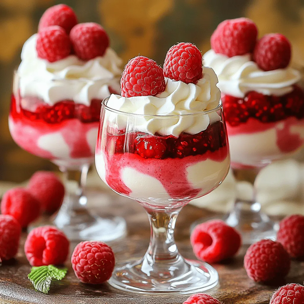 - Fresh raspberries - Sugar - Cream cheese - Powdered sugar - Vanilla extract - Heavy whipping cream - Gelatin powder - Cold water - Lemon juice The ingredients in this raspberry cheesecake mousse create a perfect balance of flavors. Fresh raspberries give a sweet and tart taste. Sugar enhances their natural sweetness. Cream cheese adds that rich, creamy base we all love. Powdered sugar blends smoothly, making the texture lovely. Vanilla extract brings warmth and depth. Heavy whipping cream provides that light, airy feel. Gelatin powder helps set the mousse, giving it structure. Cold water activates the gelatin. Finally, lemon juice adds a bright note that cuts through the creaminess. - Mixing bowls - Whisk or electric mixer - Measuring cups and spoons - Serving glasses or bowls Having the right tools makes this dessert easy to make. Use mixing bowls to combine ingredients. A whisk or electric mixer speeds up the mixing process and ensures a smooth texture. Measuring cups and spoons help you get the amounts just right. Finally, serving glasses or bowls are perfect for showcasing your beautiful mousse. For the full recipe, you can check the instructions provided. 1. Prepare the raspberries by mashing and marinating: Start by placing 1 cup of fresh raspberries in a small bowl. Add 1 tablespoon of sugar. Use a fork to gently mash the raspberries. This helps release their sweet juices. After mashing, let them sit for about 10 minutes to marinate. 2. Dissolve gelatin properly: In another small bowl, sprinkle 2 tablespoons of gelatin powder over ¼ cup of cold water. This step is called blooming. Let it sit for about 5 minutes. After blooming, microwave the mixture for 10 seconds. Stir until all the gelatin is dissolved. Allow it to cool slightly before using. 1. Beat cream cheese, powdered sugar, and vanilla: In a large mixing bowl, beat 8 ounces of softened cream cheese with ½ cup of powdered sugar and 1 teaspoon of vanilla extract. Use a whisk or electric mixer. Mix until the mixture is smooth and creamy. This is the base of your cheesecake mousse. 2. Add marinated raspberries into the mixture: Once the cream cheese is smooth, fold in the marinated raspberries. Make sure to include the juices from the raspberries. This will add flavor and color to your mousse. 1. Whip the cream and fold it into the mixture: In a separate bowl, whip 1 cup of heavy whipping cream. Whip until soft peaks form. Gently fold the whipped cream into the cheesecake mixture. Be careful not to deflate the mixture. This keeps it light and airy. 2. Combine gelatin mix and set the mousse: Pour the cooled gelatin and ½ teaspoon of lemon juice into the cheesecake mixture. Fold gently until everything is well combined. Now, spoon the mousse into serving glasses or bowls. Refrigerate for at least 4 hours to set. For the Full Recipe, check the complete instructions. To get that light and airy texture in your raspberry cheesecake mousse, you need to whip the cream just right. Start with cold heavy cream. Use a chilled bowl and beaters for the best results. Whip until soft peaks form. This means the cream should hold its shape but still look smooth. If you whip too long, it may turn grainy. When folding in the whipped cream, use a gentle touch. Start by adding a small amount of whipped cream to the cheesecake mix. Stir it in to lighten the mixture. Then, add the rest of the whipped cream. Use a spatula and fold carefully. This helps keep the air in the mix. If you stir too hard, you may deflate the mousse. To make your mousse even more special, consider adding extra flavors. For a bright twist, add a bit of lemon zest. This gives a nice zing. If you love chocolate, try mixing in cocoa powder for a chocolate raspberry mousse. You can also switch up the fruit. Instead of raspberries, use strawberries or blueberries. Each fruit brings its own charm. This way, you can enjoy different flavors and colors in your mousse. For the full recipe, check out the detailed steps to whip up your delicious dessert. {{image_2}} You can change up the fruit in this mousse. Instead of raspberries, try strawberries, blueberries, or mixed berries. Each fruit adds its special taste. Strawberries give a sweet touch, while blueberries add a hint of tartness. You can use seasonal fruits too. In summer, fresh peaches or cherries work well. In fall, consider apples or pears. Each option makes the mousse unique and fun. You might want to make this cheesecake mousse fit your diet. For a gluten-free version, check your ingredients. All the main ingredients are gluten-free. Just ensure your gelatin is safe. You can also lower the sugar. Use sugar substitutes like stevia or monk fruit sweetener. This change keeps the mousse tasty while making it healthier. These adjustments let everyone enjoy this creamy dessert delight without worry. For the full recipe, check out the instructions above. To keep your raspberry cheesecake mousse fresh, store it in the fridge. Use airtight containers to prevent odors from mixing. Cover each serving glass tightly with plastic wrap or a lid. This keeps the mousse creamy and safe. If you want to freeze it, use freezer-safe containers. Leave some space at the top for expansion. The mousse can freeze well but may change texture after thawing. To serve, thaw it in the fridge overnight. You can keep the mousse in the fridge for about three days. After that, the texture may change, and it may not taste as fresh. Always check for any off smells or discoloration before eating. Signs of spoilage include a watery texture or an odd smell. If you notice any of these, it’s best to throw it away. Enjoy the mousse while it's fresh for the best taste! Yes, you can make Raspberry Cheesecake Mousse ahead of time. This dessert tastes great when chilled for a few hours or even overnight. I recommend preparing it up to two days in advance. Just store it in the fridge. Make sure to cover it well with plastic wrap or a lid. This keeps it fresh and prevents it from absorbing other flavors. Serving Raspberry Cheesecake Mousse can be fun! You can spoon it into pretty glasses or bowls. For a nice touch, add some fresh raspberries on top. You might also want to add a dollop of whipped cream. Mint leaves can add a pop of color too. For a crunchy contrast, consider crumbling some graham crackers on top. This dessert looks great and tastes even better! Yes, frozen raspberries work well for this recipe. Just thaw them first and drain excess liquid. You can mash them just like fresh raspberries. This way, you still get that fruity flavor and color. Using frozen fruit is a great way to enjoy this dish year-round. Raspberry cheesecake mousse is simple and fun to make. You learned about the key ingredients, special tools, and steps needed. We covered tips for texture and flavor, plus tasty variations. Proper storage keeps your dessert fresh, and you can even make it in advance. Now, get ready to impress your friends with this sweet treat! Enjoy your delicious creation and share it with others.