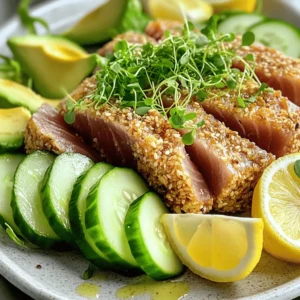 - 2 Ahi tuna steaks (about 6 ounces each) - 1/4 cup white sesame seeds - 1/4 cup black sesame seeds - 2 tablespoons soy sauce (low sodium recommended) - 1 teaspoon fresh ginger, grated - 2 teaspoons sesame oil - 1 tablespoon olive oil - Salt and pepper to taste - 1 avocado, sliced - 1 cucumber, thinly sliced - Microgreens for garnish (optional) - Lemon wedges for serving This recipe serves two. Each serving has about 300 calories. You get about 25 grams of protein. This dish has healthy fats from the sesame and avocado. It is low in carbs, making it a great choice for many diets. Enjoying this meal offers omega-3 fatty acids, which are good for your heart. You can find the full recipe above for more details. Start with fresh Ahi tuna steaks. Pat them dry with paper towels. This helps the seasoning stick better. Sprinkle salt and pepper on both sides of the tuna. This simple step brings out the flavor. Next, make the marinade. In a small bowl, combine soy sauce, grated ginger, and sesame oil. Stir these ingredients well. This mix gives the tuna a savory taste. Now it's time to marinate the tuna. Place the seasoned steaks in a shallow dish. Pour the marinade over the tuna and let them soak for 15-20 minutes. Turn the steaks halfway through for even flavor. While the tuna marinates, prepare for cooking. On a plate, mix the white and black sesame seeds. After marinating, remove the tuna from the dish. Press each steak into the sesame seeds. Make sure all sides are coated well. Heat olive oil in a non-stick skillet over medium-high heat. When the oil is hot, carefully add the sesame-crusted tuna steaks. Sear each side for about 1-2 minutes for rare. If you prefer it cooked more, sear longer. The outside should be crispy and golden. The inside should still be pink. Once done, take the tuna out of the skillet and let it rest for a minute. This helps the juices settle. Slice the tuna into thin pieces. For serving, arrange sliced avocado and cucumber on a plate. Place the tuna slices over them. If you like, garnish with microgreens. Serve with lemon wedges on the side for a fresh touch. Enjoy your meal! For more details, check the Full Recipe. Searing tuna is easy with the right steps. First, dry the tuna with paper towels. This helps it sear better. Next, heat your pan until it's hot. Use medium-high heat for a nice brown crust. Add olive oil just before the tuna. Sear for about 1-2 minutes per side for a rare finish. If you prefer it more cooked, add a minute or two. Always look for a golden color on the outside. To boost the flavor of sesame crusted ahi tuna, consider some tasty pairings. Fresh avocado adds creaminess. Thinly sliced cucumber offers a refreshing crunch. You can also serve it with a soy sauce dip or wasabi. A squeeze of lemon brightens the dish. For drinks, try a crisp white wine or green tea. These choices complement the tuna's rich taste. Not all tuna is the same. Ahi tuna is a great choice for this recipe. It has a rich, meaty flavor. Look for sushi-grade ahi tuna, which is fresh and safe to eat raw. When shopping, check for a bright color without dark spots. The texture should feel firm yet slightly soft. Freshness is key to making this dish shine. You can find ahi tuna at fish markets or grocery stores. For the complete recipe, check out the Full Recipe section. {{image_2}} You can switch up the coating for Ahi tuna. Instead of sesame seeds, try crushed nuts. Almonds or macadamia nuts add a nice crunch. You can also use panko breadcrumbs for a crispy texture. Mix spices into the coating for more flavor. Try chili powder for heat or garlic powder for extra zest. Each option gives the tuna a unique taste. Serve sesame crusted Ahi tuna for many events. It works well for fancy dinners or casual gatherings. Pair it with a fresh salad for a light lunch. For a more filling meal, serve it with rice or quinoa. You can also create a sushi platter with sliced tuna, avocado, and cucumber. This makes for a fun sharing experience. For a romantic evening, add candlelight and a nice wine. The marinade adds flavor to the tuna. You can change it for different tastes. Swap soy sauce for tamari for a gluten-free option. Add citrus juice like lime or orange for brightness. You can also mix in honey for sweetness. Try adding fresh herbs like cilantro or basil for freshness. Each variation brings a new layer of flavor to the dish. Explore these options to find your favorite. After enjoying your sesame crusted ahi tuna, store any leftovers in an airtight container. This keeps the tuna fresh and tasty. Place it in the fridge within two hours of cooking. It will stay good for about two days. If you store it properly, the flavors will still shine through. When you want to reheat the tuna, do it gently. Use a skillet on low heat. This helps keep the fish moist. Avoid the microwave, as it can make the tuna rubbery. Sear it for a minute on each side. This will warm it up without losing texture. If you have extra tuna, you can freeze it. Wrap the cooked tuna tightly in plastic wrap, then place it in a freezer bag. Remove as much air as possible. It will last for up to three months. To thaw, place it in the fridge overnight before reheating. Enjoy your delicious meal anytime! For the full recipe, check the recipe section above. Yes, you can use frozen ahi tuna. Just make sure to thaw it properly first. Place the frozen tuna in the fridge overnight. If you're short on time, you can also submerge it in cold water for about an hour. Once thawed, pat the tuna dry with paper towels. This helps the sesame seeds stick better. To check if your tuna is cooked right, look for color. Ahi tuna should be seared on the outside and remain pink inside. For rare, sear each side for about 1-2 minutes. If you prefer it medium, add another minute per side. Use a sharp knife to slice the tuna and check the center. It should still be bright pink. Many side dishes complement the flavors of sesame-crusted ahi tuna. Here are some ideas: - Sushi rice: Its sticky texture works well with the tuna. - Edamame: Lightly salted edamame adds a nice crunch. - Seaweed salad: The salty, umami flavors pair perfectly. - Roasted vegetables: Choose veggies like asparagus or bell peppers for color and taste. - Miso soup: A warm bowl of miso soup balances the meal nicely. You can find the full recipe in the earlier sections for more details! In this blog post, we explored how to make sesame-crusted ahi tuna. You learned about the main and extra ingredients needed, plus nutritional info. We covered every step from preparing the tuna to searing it perfectly. I shared tips for flavor and storage, plus variations to keep it exciting. Now, you are ready to try this dish with confidence. Enjoy cooking and impressing others with your delicious sushi-grade tuna!