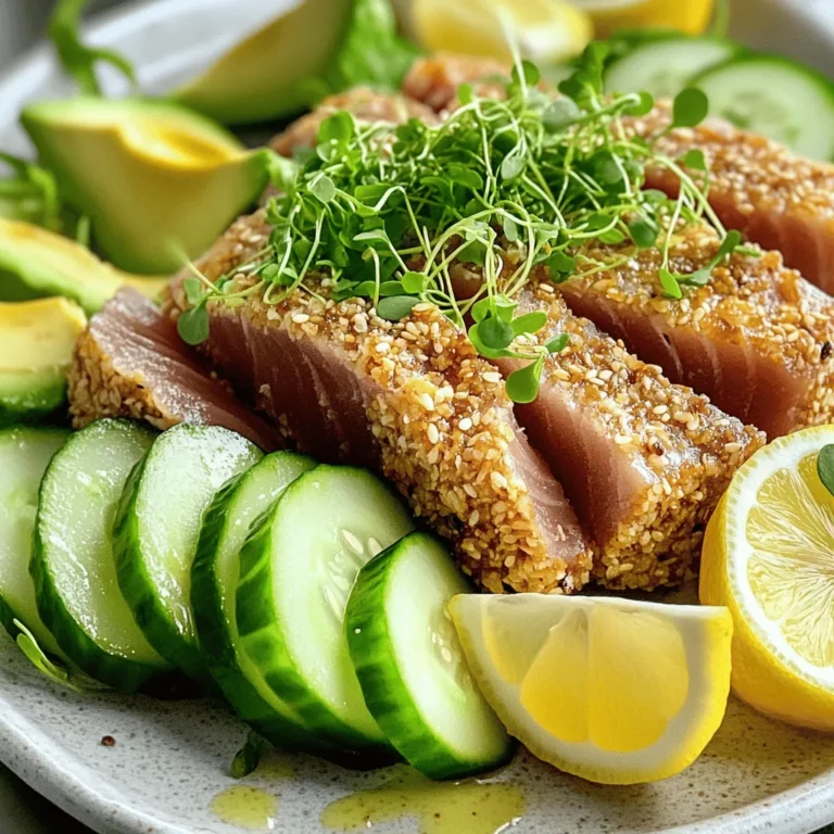 - 2 Ahi tuna steaks (about 6 ounces each) - 1/4 cup white sesame seeds - 1/4 cup black sesame seeds - 2 tablespoons soy sauce (low sodium recommended) - 1 teaspoon fresh ginger, grated - 2 teaspoons sesame oil - 1 tablespoon olive oil - Salt and pepper to taste - 1 avocado, sliced - 1 cucumber, thinly sliced - Microgreens for garnish (optional) - Lemon wedges for serving This recipe serves two. Each serving has about 300 calories. You get about 25 grams of protein. This dish has healthy fats from the sesame and avocado. It is low in carbs, making it a great choice for many diets. Enjoying this meal offers omega-3 fatty acids, which are good for your heart. You can find the full recipe above for more details. Start with fresh Ahi tuna steaks. Pat them dry with paper towels. This helps the seasoning stick better. Sprinkle salt and pepper on both sides of the tuna. This simple step brings out the flavor. Next, make the marinade. In a small bowl, combine soy sauce, grated ginger, and sesame oil. Stir these ingredients well. This mix gives the tuna a savory taste. Now it's time to marinate the tuna. Place the seasoned steaks in a shallow dish. Pour the marinade over the tuna and let them soak for 15-20 minutes. Turn the steaks halfway through for even flavor. While the tuna marinates, prepare for cooking. On a plate, mix the white and black sesame seeds. After marinating, remove the tuna from the dish. Press each steak into the sesame seeds. Make sure all sides are coated well. Heat olive oil in a non-stick skillet over medium-high heat. When the oil is hot, carefully add the sesame-crusted tuna steaks. Sear each side for about 1-2 minutes for rare. If you prefer it cooked more, sear longer. The outside should be crispy and golden. The inside should still be pink. Once done, take the tuna out of the skillet and let it rest for a minute. This helps the juices settle. Slice the tuna into thin pieces. For serving, arrange sliced avocado and cucumber on a plate. Place the tuna slices over them. If you like, garnish with microgreens. Serve with lemon wedges on the side for a fresh touch. Enjoy your meal! For more details, check the Full Recipe. Searing tuna is easy with the right steps. First, dry the tuna with paper towels. This helps it sear better. Next, heat your pan until it's hot. Use medium-high heat for a nice brown crust. Add olive oil just before the tuna. Sear for about 1-2 minutes per side for a rare finish. If you prefer it more cooked, add a minute or two. Always look for a golden color on the outside. To boost the flavor of sesame crusted ahi tuna, consider some tasty pairings. Fresh avocado adds creaminess. Thinly sliced cucumber offers a refreshing crunch. You can also serve it with a soy sauce dip or wasabi. A squeeze of lemon brightens the dish. For drinks, try a crisp white wine or green tea. These choices complement the tuna's rich taste. Not all tuna is the same. Ahi tuna is a great choice for this recipe. It has a rich, meaty flavor. Look for sushi-grade ahi tuna, which is fresh and safe to eat raw. When shopping, check for a bright color without dark spots. The texture should feel firm yet slightly soft. Freshness is key to making this dish shine. You can find ahi tuna at fish markets or grocery stores. For the complete recipe, check out the Full Recipe section. {{image_2}} You can switch up the coating for Ahi tuna. Instead of sesame seeds, try crushed nuts. Almonds or macadamia nuts add a nice crunch. You can also use panko breadcrumbs for a crispy texture. Mix spices into the coating for more flavor. Try chili powder for heat or garlic powder for extra zest. Each option gives the tuna a unique taste. Serve sesame crusted Ahi tuna for many events. It works well for fancy dinners or casual gatherings. Pair it with a fresh salad for a light lunch. For a more filling meal, serve it with rice or quinoa. You can also create a sushi platter with sliced tuna, avocado, and cucumber. This makes for a fun sharing experience. For a romantic evening, add candlelight and a nice wine. The marinade adds flavor to the tuna. You can change it for different tastes. Swap soy sauce for tamari for a gluten-free option. Add citrus juice like lime or orange for brightness. You can also mix in honey for sweetness. Try adding fresh herbs like cilantro or basil for freshness. Each variation brings a new layer of flavor to the dish. Explore these options to find your favorite. After enjoying your sesame crusted ahi tuna, store any leftovers in an airtight container. This keeps the tuna fresh and tasty. Place it in the fridge within two hours of cooking. It will stay good for about two days. If you store it properly, the flavors will still shine through. When you want to reheat the tuna, do it gently. Use a skillet on low heat. This helps keep the fish moist. Avoid the microwave, as it can make the tuna rubbery. Sear it for a minute on each side. This will warm it up without losing texture. If you have extra tuna, you can freeze it. Wrap the cooked tuna tightly in plastic wrap, then place it in a freezer bag. Remove as much air as possible. It will last for up to three months. To thaw, place it in the fridge overnight before reheating. Enjoy your delicious meal anytime! For the full recipe, check the recipe section above. Yes, you can use frozen ahi tuna. Just make sure to thaw it properly first. Place the frozen tuna in the fridge overnight. If you're short on time, you can also submerge it in cold water for about an hour. Once thawed, pat the tuna dry with paper towels. This helps the sesame seeds stick better. To check if your tuna is cooked right, look for color. Ahi tuna should be seared on the outside and remain pink inside. For rare, sear each side for about 1-2 minutes. If you prefer it medium, add another minute per side. Use a sharp knife to slice the tuna and check the center. It should still be bright pink. Many side dishes complement the flavors of sesame-crusted ahi tuna. Here are some ideas: - Sushi rice: Its sticky texture works well with the tuna. - Edamame: Lightly salted edamame adds a nice crunch. - Seaweed salad: The salty, umami flavors pair perfectly. - Roasted vegetables: Choose veggies like asparagus or bell peppers for color and taste. - Miso soup: A warm bowl of miso soup balances the meal nicely. You can find the full recipe in the earlier sections for more details! In this blog post, we explored how to make sesame-crusted ahi tuna. You learned about the main and extra ingredients needed, plus nutritional info. We covered every step from preparing the tuna to searing it perfectly. I shared tips for flavor and storage, plus variations to keep it exciting. Now, you are ready to try this dish with confidence. Enjoy cooking and impressing others with your delicious sushi-grade tuna!