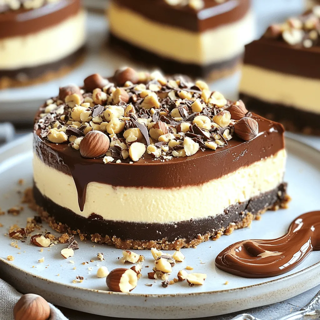- 1 ½ cups graham cracker crumbs - ½ cup unsalted butter, melted - 2 cups cream cheese, softened - 1 cup powdered sugar - 1 cup hazelnut spread - 3 large eggs - 1 teaspoon vanilla extract - 1 cup sour cream - ¼ cup cocoa powder - ½ cup crushed hazelnuts (for topping) - Chocolate shavings (for garnish) - Gluten-free graham cracker crumbs - Dairy-free cream cheese options The ingredients for this chocolate hazelnut cheesecake are simple yet effective. The graham cracker crumbs form a crunchy base. The melted butter binds them together. Cream cheese adds a rich, creamy texture. Powdered sugar balances the flavors with sweetness. Hazelnut spread gives that irresistible nutty taste. Eggs help set the cheesecake, making it firm. Vanilla extract adds warmth and depth. Sour cream contributes a slight tang. Cocoa powder gives a rich chocolate flavor. Crushed hazelnuts on top add a nice crunch. Finally, chocolate shavings make it look fancy and inviting. If you want to switch up the recipe, try gluten-free graham cracker crumbs. They work well for those with gluten issues. You can also use dairy-free cream cheese for a lactose-free option. This way, everyone can enjoy this divine dessert delight! - Preheat oven to 325°F (160°C). - In a bowl, combine 1 ½ cups of graham cracker crumbs with ½ cup of melted butter. - Press this mix firmly into the bottom of a 9-inch springform pan. - In a large bowl, beat 2 cups of softened cream cheese with 1 cup of powdered sugar until smooth. - Add 1 cup of hazelnut spread and mix until well combined. - Add 3 large eggs, one at a time, mixing well after each. - Stir in 1 teaspoon of vanilla extract, 1 cup of sour cream, and ¼ cup of cocoa powder. Mix until everything is smooth. - Pour the cheesecake batter over the cooled crust. Smooth the top with a spatula. - Bake in the preheated oven for 55 to 60 minutes, or until the center is set but slightly jiggly. - Turn off the oven and crack the door. Let the cheesecake cool in the oven for about 1 hour. This helps prevent cracks. To make a smooth cheesecake, proper mixing is key. Start with softened cream cheese. This helps it blend well with the sugar. Mix on low speed to avoid air bubbles. Air bubbles can cause cracks later. Bring all your ingredients to room temperature. This helps them mix better. Cold eggs or cream cheese can lead to lumps. So, let them sit out for about 30 minutes before you start. Cooling your cheesecake slowly is important. After baking, turn off the oven. Crack the door and let it cool for an hour. This helps prevent cracks on the surface. Once it's cool, refrigerate it for at least four hours. For the best texture, chill it overnight. The longer it sits, the better the flavors meld together. When serving, think about how to make it look nice. Use elegant dessert plates for a classy touch. Drizzle some extra hazelnut spread on the side for added richness. Pair your cheesecake with a nice drink. Coffee or a glass of dessert wine works well. These drinks enhance the chocolate and hazelnut flavors. {{image_2}} You can make this cheesecake even more special. Adding coffee or espresso makes a great mocha cheesecake. The coffee enhances the chocolate flavor. Just mix in 1-2 teaspoons of instant coffee or espresso powder with the cream cheese. Another fun twist is to add orange zest. Zest from one orange brightens the flavor of the cheesecake. It gives a fresh, citrusy note that pairs well with chocolate. Just fold it into the filling before baking. If you need gluten-free options, use gluten-free graham cracker crumbs. They work just like regular crumbs. This keeps your crust tasty and safe for those avoiding gluten. For vegan adaptations, swap cream cheese for a dairy-free version. Use a plant-based hazelnut spread too. Replace eggs with flax eggs or a commercial egg replacer. This way, everyone can enjoy the cheesecake. You can get creative with toppings. Fresh fruits like strawberries or raspberries add color and flavor. Drizzling chocolate or caramel sauce over the top makes it even more indulgent. Pairing cheesecake with ice cream adds a fun texture. Vanilla or hazelnut ice cream works well. The cold creaminess balances the rich cheesecake. Serve a slice of cheesecake with a scoop of ice cream for a perfect dessert treat. To keep your cheesecake fresh, store it in the fridge. Place it in an airtight container or wrap it tightly with plastic wrap. This keeps the flavors intact and prevents it from drying out. If you want to cover it, use aluminum foil. Just make sure it does not touch the top of the cheesecake. If you have extra cheesecake, you can freeze it. First, let it cool completely. Then, wrap it tightly in plastic wrap and aluminum foil. This protects it from freezer burn. You can freeze it for up to three months. When you're ready to eat it, move it to the fridge to thaw overnight. This keeps it creamy and tasty. Chocolate hazelnut cheesecake lasts about five days in the fridge. After that, it may lose its best taste and texture. If frozen, the cheesecake is good for three months. Enjoy your cheesecake while it’s fresh for the best flavor! Can I substitute yogurt for sour cream? Yes, you can use plain yogurt. It will give a similar tangy flavor and creamy texture. Greek yogurt works well too. Just keep the amount the same. What causes cracks in cheesecake and how to prevent them? Cracks often form from baking at high heat or overmixing. To prevent them, bake at a lower temperature. Let the cheesecake cool slowly in the oven with the door ajar. This helps avoid sudden temperature changes. How do I know when the cheesecake is done? Look for the edges to be firm while the center is slightly jiggly. The cheesecake will set as it cools. A toothpick inserted should come out clean. What's the best way to slice cheesecake for serving? Use a sharp knife or a cake slicer. Dip the knife in warm water and wipe it dry between cuts. This gives you clean, smooth slices. Can I use a different type of spread instead of hazelnut? Yes, you can try almond spread or chocolate spread. Each will change the flavor but can still taste great. How can I make this recipe healthier? You can use low-fat cream cheese and sugar substitutes. Consider adding less hazelnut spread too. You can also use a crust made of nuts for more fiber. This blog covers delicious hazelnut cheesecake creation. You learned the essential ingredients and step-by-step instructions. Tips and tricks ensure perfect results, while variations allow for creativity. You also discovered how to store your cheesecake to keep it fresh. Finally, I answered common questions to guide you. Enjoy making this rich dessert and impress your friends! Remember, with each bite, you bring joy to your table. Happy baking!