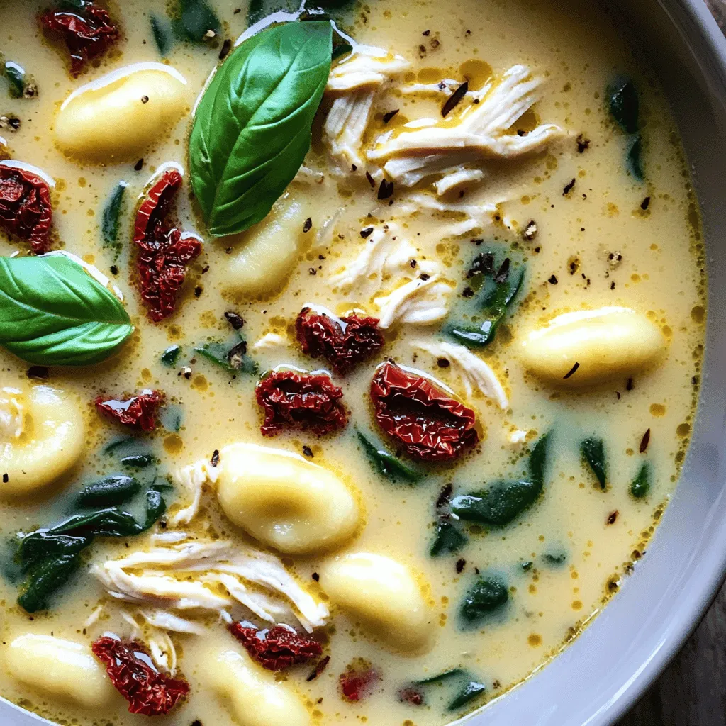 - 1 tablespoon olive oil - 1 medium onion, diced - 3 cloves garlic, minced - 2 cups cooked chicken, shredded - 1 cup sun-dried tomatoes, chopped - 4 cups chicken broth - 1 cup heavy cream - 1 teaspoon Italian seasoning - 1/2 teaspoon red pepper flakes (optional) - 16 ounces gnocchi (fresh or frozen) - 2 cups fresh spinach - Salt and pepper to taste - Fresh basil, for garnish To make this creamy sun-dried tomato chicken gnocchi soup, you need some basic items. Olive oil adds a rich flavor. Onion and garlic give the base a nice aroma. The chicken provides protein, while sun-dried tomatoes bring a tangy punch. Chicken broth creates a warm, comforting base. Heavy cream adds richness and makes it creamy. Italian seasoning gives that classic taste. Red pepper flakes can add heat if you like spice. Gnocchi acts as the heart of the soup, making it filling. Fresh spinach adds color and nutrients. Finally, salt and pepper enhance all the flavors, and fresh basil adds a lovely touch. - You can use avocado oil instead of olive oil for a different flavor. - Any cooked chicken, like rotisserie or grilled, works well. - For a lighter option, use non-dairy cream like coconut or cashew cream. - If you need gluten-free, look for gluten-free gnocchi at the store. These swaps make it easy to adapt the recipe to your tastes or dietary needs. Feel free to get creative! 1. Cooking the onion and garlic Heat one tablespoon of olive oil in a large pot over medium heat. Add one diced onion and sauté for 3-4 minutes. Cook until the onion looks clear. Then, add three minced garlic cloves. Cook for one more minute until the garlic smells nice. 2. Incorporating chicken and sun-dried tomatoes Next, stir in two cups of shredded cooked chicken and one cup of chopped sun-dried tomatoes. Mix them well with the onion and garlic. This step adds a rich flavor to the soup. 1. Adding chicken broth and seasonings Pour in four cups of chicken broth. Bring the mix to a gentle boil. This creates a nice base for your soup. 2. Simmering and thickening the soup Lower the heat and stir in one cup of heavy cream. Add one teaspoon of Italian seasoning and half a teaspoon of red pepper flakes if you like a bit of spice. Let the soup simmer for about five minutes. This makes it creamy and flavorful. 3. Cooking gnocchi and adding spinach Add 16 ounces of gnocchi to the pot. Cook according to the package instructions, usually about 3-5 minutes. The gnocchi will float when they are done. Then, stir in two cups of fresh spinach. Cook until the spinach wilts, which takes about one or two minutes. 1. Plating options Ladle the soup into bowls. The bright colors will make it look inviting. 2. Ideal garnishes Top each bowl with fresh basil for a nice touch. It adds flavor and makes the soup look beautiful. Enjoy your creamy sun-dried tomato chicken gnocchi soup! To make your soup creamy, use heavy cream. It adds richness and smoothness. Stir it in slowly after the broth boils. This helps blend the flavors without curdling. Seasoning is key to balance. I like to use Italian seasoning and red pepper flakes. These add depth and a hint of heat. Taste the soup before serving, adjusting salt and pepper to your liking. Sautéing the onion and garlic is crucial. Heat the olive oil over medium heat first. Add the onion and cook until soft. This brings out sweet flavors. When you add garlic, cook just until fragrant. Don’t let it brown too much. For the gnocchi, follow the package directions. Fresh gnocchi cooks quickly and floats when done. If using frozen, check the cooking time. This keeps them tender and not mushy. Herbs and spices can take your soup to the next level. Fresh basil adds brightness when you garnish. You can also try adding thyme or oregano for more flavor. The choice of broth matters too. Homemade broth gives a richer taste than store-bought. If using store-bought, look for low-sodium options. This way, you control the saltiness of your soup. {{image_2}} Making it keto-friendly To make this soup keto-friendly, swap the gnocchi for cauliflower gnocchi. You can also replace the heavy cream with coconut cream for a low-carb twist. Use low-sodium chicken broth to keep salt levels down. Vegetarian option For a tasty vegetarian version, skip the chicken and use chickpeas instead. Replace the chicken broth with vegetable broth. Add more sun-dried tomatoes for flavor and extra veggies like zucchini or bell peppers. Spicy twang with cream If you crave heat, add more red pepper flakes. A dash of hot sauce can also boost the spice level. This kick pairs well with the creamy base, making each spoonful exciting. Incorporating different vegetables Feel free to mix in your favorite vegetables. Carrots, peas, or mushrooms can enhance the soup. Just add them when you cook the onion and garlic, letting their flavors meld together. Summer vs winter ingredient swaps In the summer, use fresh tomatoes and basil instead of sun-dried tomatoes. This brings a light, bright flavor to the soup. During winter, root vegetables like carrots or parsnips can add heartiness. Adapting for fresh produce When fresh produce is in season, use it to your advantage. Seasonal greens like kale or Swiss chard can replace spinach. This keeps the soup fresh and vibrant, making each bowl a celebration of the season. To keep your creamy sun-dried tomato chicken gnocchi soup fresh, store it in the fridge. Use an airtight container for best results. This soup will stay fresh for about 3 to 4 days. Make sure to let it cool to room temperature before sealing it up. You can freeze this soup, but there are some tips. First, store it in a freezer-safe container. Leave some space at the top, as soup can expand when frozen. It will stay good for about 2 to 3 months. To reheat, thaw it overnight in the fridge. Heat it gently on the stove, adding a little broth if it seems thick. If you have extra soup, there are many fun ways to use it. You can turn it into a pasta sauce by adding more cheese. Mix it with cooked rice or quinoa for a hearty bowl. You can even use it as a base for a casserole. Get creative and enjoy your leftovers! Can I use fresh gnocchi instead of frozen? Yes, you can use fresh gnocchi. It cooks faster than frozen. Just watch the cooking time. Fresh gnocchi usually takes around 2-3 minutes. How long does it take to prepare this soup? This soup takes about 30 minutes from start to finish. You can have a warm bowl in no time! What can I use instead of heavy cream? If you want a lighter option, try coconut cream or cashew cream. Both add a nice flavor and creaminess. Can I add other meats to the soup? Absolutely! You can add cooked sausage, turkey, or even shrimp. Just make sure to adjust cooking times as needed. Is this recipe suitable for meal prep? Yes, this soup is great for meal prep! It keeps well in the fridge for up to 3 days. Why is my soup too thick or thin? If your soup is too thick, add a bit more chicken broth. If it's too thin, let it simmer longer to reduce. How to fix soup that is too salty? To fix salty soup, add diced potatoes. They absorb some salt. You can also add more broth or cream to balance it out. This blog post covered essential ingredients for a rich gnocchi soup. We explored substitutions, step-by-step cooking, and tips for perfecting flavors. You learned how to tweak the recipe for dietary needs and enjoyed serving ideas. Remember to store leftovers well and consider freezing for future meals. Each suggestion enhances your cooking skills. Dive into this simple yet flavorful dish and have fun with it! Enjoy your time in the kitchen.