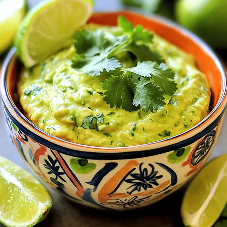 To make this dip, you need a few key ingredients: - 2 ripe avocados - 1/2 cup fresh cilantro, chopped - 2 tablespoons lime juice - 1 small garlic clove, minced - 1/4 teaspoon cumin - 1/4 teaspoon chili powder - Salt and pepper to taste These ingredients work together to create a fresh and zesty flavor. The avocados give it a creamy texture. Cilantro adds a bright touch, while lime juice brings in the tang. Garlic and spices give it depth and warmth. If you want a creamier dip, you can add: - 2 tablespoons Greek yogurt Greek yogurt enhances the creaminess without making it too heavy. It also adds a bit of protein. If you like a thicker dip, this is a great option. You can swap some ingredients if needed: - Use lime zest instead of lime juice for a stronger lime flavor. - Replace cilantro with parsley for a milder taste. - Use onion powder if you don’t have fresh garlic. These swaps can help you make the dip even if you lack some ingredients. Always taste as you go to get the best flavor possible. To start, you need fresh avocados. Cut each avocado in half and take out the pit. Use a spoon to scoop the green flesh into a mixing bowl. It's okay if it looks a bit messy. Next, chop half a cup of fresh cilantro. The cilantro adds a bright flavor. Mince one small garlic clove. You can adjust this if you like less garlic. Finally, gather your spices: 1/4 teaspoon of cumin and 1/4 teaspoon of chili powder. These spices give the dip a bit of warmth. Now it’s time to mix everything. Add the chopped cilantro, lime juice, minced garlic, cumin, and chili powder to the bowl with the avocado. If you want a creamier dip, add 2 tablespoons of Greek yogurt. Use a fork or a hand blender to mash everything together. You want it creamy but still a bit chunky. Taste the dip and add salt and pepper to your liking. If you want more zing, add extra lime juice or spices. Transfer your dip to a colorful bowl. Chill it in the fridge for at least 15 minutes. This helps the flavors blend well. When ready to serve, garnish with a few cilantro leaves on top. You can also add lime wedges on the side for a bright touch. Pair this dip with tortilla chips, veggie sticks, or pita bread for a fun snack. Enjoy the fresh and tasty flavors! To get the best texture, start with ripe avocados. They should be soft but not mushy. When you mash the avocados, leave some small chunks. This gives your dip a nice feel. If you want it creamier, add Greek yogurt. It makes the dip rich without being too heavy. You can boost the flavor by adding extra lime juice. This gives a bright taste. A pinch of cayenne pepper adds spice, or try diced tomatoes for freshness. If you love heat, add diced jalapeños. Each option brings its own twist to the dip. Avoid using unripe avocados; they make the dip taste bitter. Don’t skip the salt; it brings out the flavors. Be careful with lime juice; too much can make it sour. Lastly, don’t blend it too long. You want a nice, chunky dip, not a puree. {{image_2}} You can add heat to this dip easily. Just mix in chopped jalapeños or a dash of hot sauce. Start with a little and taste. You can always add more heat later. This spicy twist wakes up the flavors and makes it exciting. Serve it with tortilla chips for a tasty snack. Want a creamier dip? Use Greek yogurt. It adds a nice texture and tang. Just blend in 2 tablespoons of yogurt when mixing your dip. This will make it smooth and rich without added fat. It's a great way to lighten up the dish while keeping it tasty. If you're vegan, skip the yogurt and use avocado only. You can replace yogurt with silken tofu for creaminess. Blend it well to ensure a smooth dip. This keeps the flavors bright and fresh. You can also add nutritional yeast for a cheesy flavor. To store leftovers, place the dip in an airtight container. Make sure the lid seals well. This helps keep the dip fresh. If you have extra lime juice, pour a little on top. This can help slow down browning. The dip lasts about 2 to 3 days in the fridge. If you want to freeze it, use a freezer-safe container. It can stay fresh for up to 3 months when frozen. Just remember to leave space for expansion as it freezes. To keep your dip fresh, avoid using metal bowls. Use glass or plastic instead. Always use a clean spoon to scoop out the dip. This keeps germs out and helps it last longer. If you notice browning, stir it well to mix the flavors back in. To pick ripe avocados, look for a dark color. Gently squeeze the avocado; it should yield slightly. Avoid avocados that feel mushy or have dark spots. A good ripe avocado is firm but not hard. You can use dried cilantro, but fresh is better. Dried cilantro has less flavor than fresh. If you use dried, use about one tablespoon for every half cup of fresh. I love serving this dip with tortilla chips. Fresh veggie sticks like carrots or bell peppers work well too. Pita bread is another great option for dipping. Yes, this dip is healthy! Avocados provide good fats and fiber. Greek yogurt adds protein and creaminess. The spices add flavor without extra calories. You can make this dip ahead. Just store it in the fridge for up to two days. To keep it fresh, press plastic wrap directly onto the dip. This helps prevent browning. In summary, you learned about the key ingredients and steps for making avocado cilantro lime dip. You explored tips for texture, flavor, and common mistakes. We also discussed tasty variations and proper storage methods. For the best results, use fresh ingredients and feel free to experiment. This dip is a fun, healthy snack that anyone can enjoy! Enjoy creating your own version!